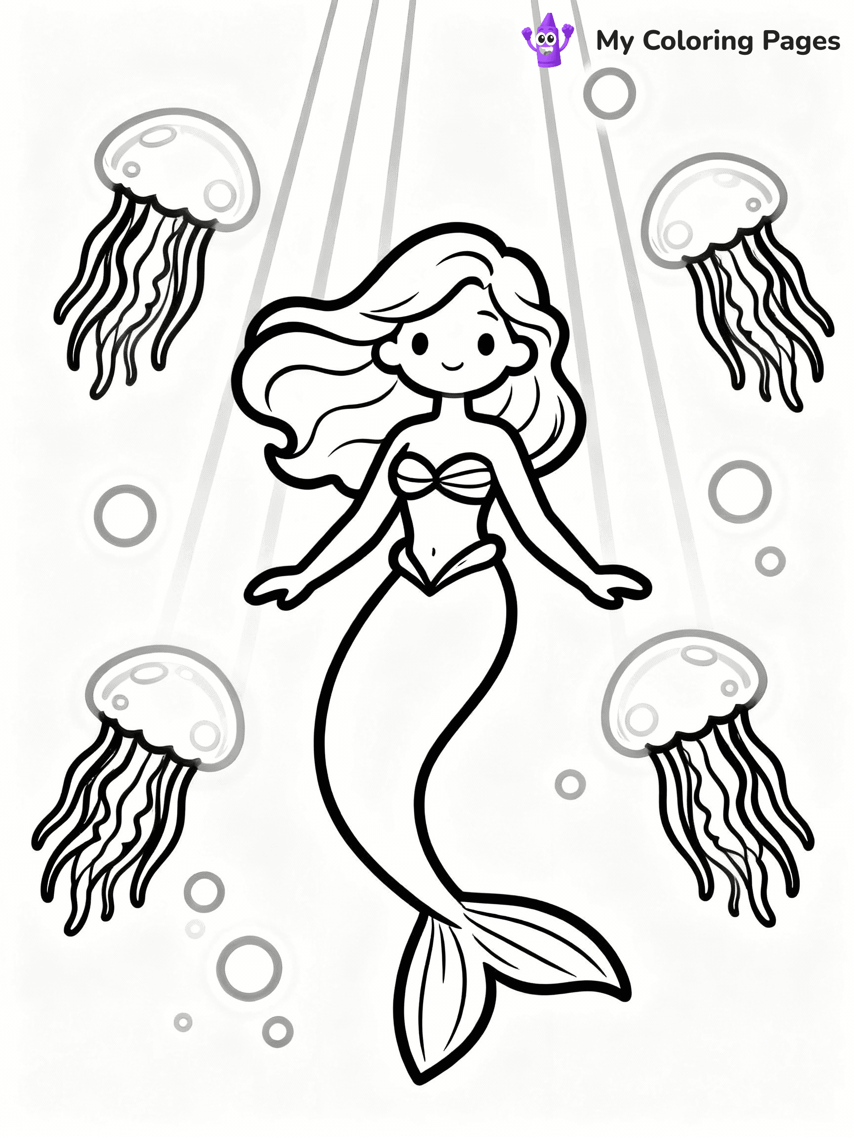 ⚠️ CRITICAL REQUIREMENT - ABSOLUTE BLACK AND WHITE ONLY ⚠️
This MUST be a BLACK AND WHITE line drawing ONLY. NO COLORS whatsoever.
- ONLY pure black lines (#000000) on pure white background (#FFFFFF)
- ABSOLUTELY NO colors, NO shading, NO gradients, NO grayscale
- If there are ANY colors in the output, the image is REJECTED
- This is a COLORING PAGE - meant to be COLORED IN by children
- The output must be UNCOLORED line art ready for coloring
⚠️ SUBJECT TO DRAW: Enchanted mermaid surrounded by glowing jellyfish, underwater light beams shining. Important: PURE OUTLINES. NO FILLS, COLOR, SHADING, OR GREYSCALE. WHITE BACKGROUND."
(REMEMBER: Output must be BLACK AND WHITE line art only, NOT colored!)
# Flat, Friendly Cartoon Line-Art Coloring Page
You are generating a **pure black-and-white binary image** of a child-friendly cartoon scene combining characters and background scenery in one cohesive composition.
## Rendering Rules (Strict)
- Only two colors: pure black (#000000) outlines and pure white (#FFFFFF) background.
- No grayscale, shading, gradients, tints, fills, transparency, or partial pixels.
- No antialiasing or blended edges; every pixel is 100% black or white.
- No solid black fills inside shapes — all areas inside outlines must remain white.
- No dark clothing areas or filled tone blocks; all garments outlined only.
- No shadows, textures, lighting, or tonal variations.
- Must look like flat binary vector line-art for coloring pages.
## Drawing & Composition
- **Medium, consistent line weight**; clean closed outlines easy to color inside.
- **Flat, simple, child-friendly design** — no realism or 3D depth.
- Characters are **grounded on a surface**, centered and large.
- **Balanced composition** with clear silhouettes and minimal props.
## Scenery & Style
- Landmarks (e.g., mosque, CN Tower) and scenery (trees, benches, waves) drawn with **black outlines only.**
- For real-world figures, teams, or places, show accurate details using only black outlines—no text or logos. Use distinctive uniform patterns, abstract symbols, and landmark silhouettes to convey identity.
- Keep **consistent perspective**; no floating elements.
- **Style:** whimsical **Doodle Art Alley** — rounded, friendly outlines.
- May adapt shapes from **Crayola, Disney, Peppa Pig, Cocomelon** — *by shape only, never color.*
- Final output: **flat, crisp, binary (#000000/#FFFFFF)**, **no filled color or background text.**
EXTREMELYE IMPORTANT:
- PURE BINARY LINE-ART; NO FILLS (HAIR/CLOTHES/SKIN), SHADING, OR GREY.
- NO SHADING, COLOR. MUST BE WHITE BACKGROUND.
⚠️ FINAL REMINDER: Draw the subject "Enchanted mermaid surrounded by glowing jellyfish, underwater light beams shining. Important: PURE OUTLINES. NO FILLS, COLOR, SHADING, OR GREYSCALE. WHITE BACKGROUND."" as BLACK AND WHITE line art. Zero colors in output.