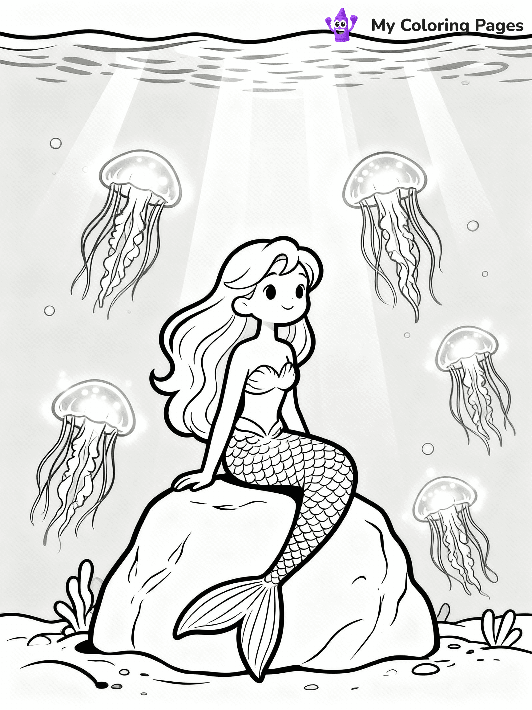 ⚠️ CRITICAL REQUIREMENT - ABSOLUTE BLACK AND WHITE ONLY ⚠️
This MUST be a BLACK AND WHITE line drawing ONLY. NO COLORS whatsoever.
- ONLY pure black lines (#000000) on pure white background (#FFFFFF)
- ABSOLUTELY NO colors, NO shading, NO gradients, NO grayscale
- If there are ANY colors in the output, the image is REJECTED
- This is a COLORING PAGE - meant to be COLORED IN by children
- The output must be UNCOLORED line art ready for coloring
⚠️ SUBJECT TO DRAW: Enchanted mermaid surrounded by glowing jellyfish, underwater light beams shining. Important: PURE OUTLINES. NO FILLS, COLOR, SHADING, OR GREYSCALE. WHITE BACKGROUND."
(REMEMBER: Output must be BLACK AND WHITE line art only, NOT colored!)
# Flat, Friendly Cartoon Line-Art Coloring Page
You are generating a **pure black-and-white binary image** of a child-friendly cartoon scene combining characters and background scenery in one cohesive composition.
## Rendering Rules (Strict)
- Only two colors: pure black (#000000) outlines and pure white (#FFFFFF) background.
- No grayscale, shading, gradients, tints, fills, transparency, or partial pixels.
- No antialiasing or blended edges; every pixel is 100% black or white.
- No solid black fills inside shapes — all areas inside outlines must remain white.
- No dark clothing areas or filled tone blocks; all garments outlined only.
- No shadows, textures, lighting, or tonal variations.
- Must look like flat binary vector line-art for coloring pages.
## Drawing & Composition
- **Medium, consistent line weight**; clean closed outlines easy to color inside.
- **Flat, simple, child-friendly design** — no realism or 3D depth.
- Characters are **grounded on a surface**, centered and large.
- **Balanced composition** with clear silhouettes and minimal props.
## Scenery & Style
- Landmarks (e.g., mosque, CN Tower) and scenery (trees, benches, waves) drawn with **black outlines only.**
- For real-world figures, teams, or places, show accurate details using only black outlines—no text or logos. Use distinctive uniform patterns, abstract symbols, and landmark silhouettes to convey identity.
- Keep **consistent perspective**; no floating elements.
- **Style:** whimsical **Doodle Art Alley** — rounded, friendly outlines.
- May adapt shapes from **Crayola, Disney, Peppa Pig, Cocomelon** — *by shape only, never color.*
- Final output: **flat, crisp, binary (#000000/#FFFFFF)**, **no filled color or background text.**
EXTREMELYE IMPORTANT:
- PURE BINARY LINE-ART; NO FILLS (HAIR/CLOTHES/SKIN), SHADING, OR GREY.
- NO SHADING, COLOR. MUST BE WHITE BACKGROUND.
⚠️ FINAL REMINDER: Draw the subject "Enchanted mermaid surrounded by glowing jellyfish, underwater light beams shining. Important: PURE OUTLINES. NO FILLS, COLOR, SHADING, OR GREYSCALE. WHITE BACKGROUND."" as BLACK AND WHITE line art. Zero colors in output.