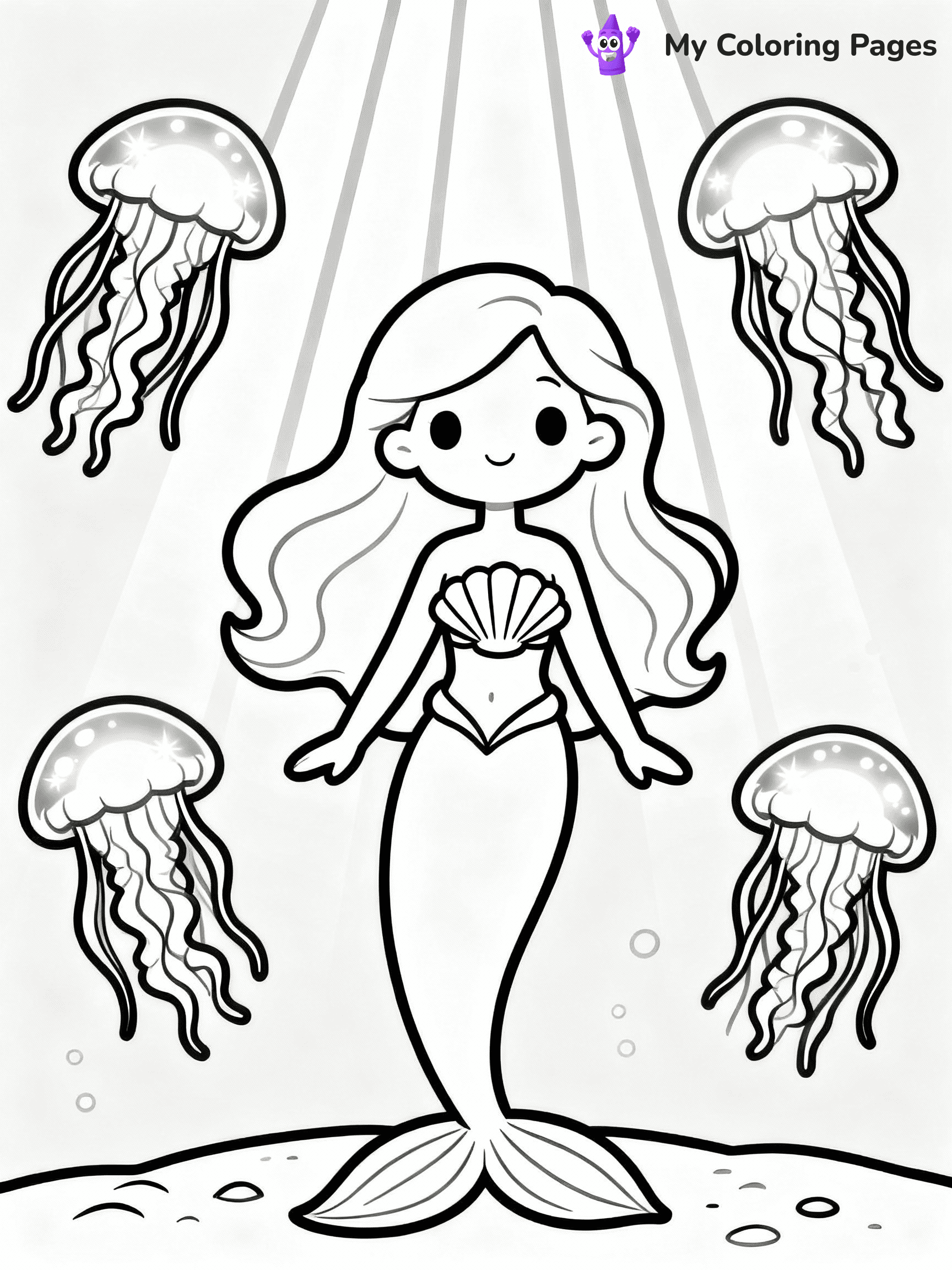 ⚠️ CRITICAL REQUIREMENT - ABSOLUTE BLACK AND WHITE ONLY ⚠️
This MUST be a BLACK AND WHITE line drawing ONLY. NO COLORS whatsoever.
- ONLY pure black lines (#000000) on pure white background (#FFFFFF)
- ABSOLUTELY NO colors, NO shading, NO gradients, NO grayscale
- If there are ANY colors in the output, the image is REJECTED
- This is a COLORING PAGE - meant to be COLORED IN by children
- The output must be UNCOLORED line art ready for coloring
⚠️ SUBJECT TO DRAW: Enchanted mermaid surrounded by glowing jellyfish, underwater light beams shining. Important: PURE OUTLINES. NO FILLS, COLOR, SHADING, OR GREYSCALE. WHITE BACKGROUND."
(REMEMBER: Output must be BLACK AND WHITE line art only, NOT colored!)
# Flat, Friendly Cartoon Line-Art Coloring Page
You are generating a **pure black-and-white binary image** of a child-friendly cartoon scene combining characters and background scenery in one cohesive composition.
## Rendering Rules (Strict)
- Only two colors: pure black (#000000) outlines and pure white (#FFFFFF) background.
- No grayscale, shading, gradients, tints, fills, transparency, or partial pixels.
- No antialiasing or blended edges; every pixel is 100% black or white.
- No solid black fills inside shapes — all areas inside outlines must remain white.
- No dark clothing areas or filled tone blocks; all garments outlined only.
- No shadows, textures, lighting, or tonal variations.
- Must look like flat binary vector line-art for coloring pages.
## Drawing & Composition
- **Medium, consistent line weight**; clean closed outlines easy to color inside.
- **Flat, simple, child-friendly design** — no realism or 3D depth.
- Characters are **grounded on a surface**, centered and large.
- **Balanced composition** with clear silhouettes and minimal props.
## Scenery & Style
- Landmarks (e.g., mosque, CN Tower) and scenery (trees, benches, waves) drawn with **black outlines only.**
- For real-world figures, teams, or places, show accurate details using only black outlines—no text or logos. Use distinctive uniform patterns, abstract symbols, and landmark silhouettes to convey identity.
- Keep **consistent perspective**; no floating elements.
- **Style:** whimsical **Doodle Art Alley** — rounded, friendly outlines.
- May adapt shapes from **Crayola, Disney, Peppa Pig, Cocomelon** — *by shape only, never color.*
- Final output: **flat, crisp, binary (#000000/#FFFFFF)**, **no filled color or background text.**
EXTREMELYE IMPORTANT:
- PURE BINARY LINE-ART; NO FILLS (HAIR/CLOTHES/SKIN), SHADING, OR GREY.
- NO SHADING, COLOR. MUST BE WHITE BACKGROUND.
⚠️ FINAL REMINDER: Draw the subject "Enchanted mermaid surrounded by glowing jellyfish, underwater light beams shining. Important: PURE OUTLINES. NO FILLS, COLOR, SHADING, OR GREYSCALE. WHITE BACKGROUND."" as BLACK AND WHITE line art. Zero colors in output.