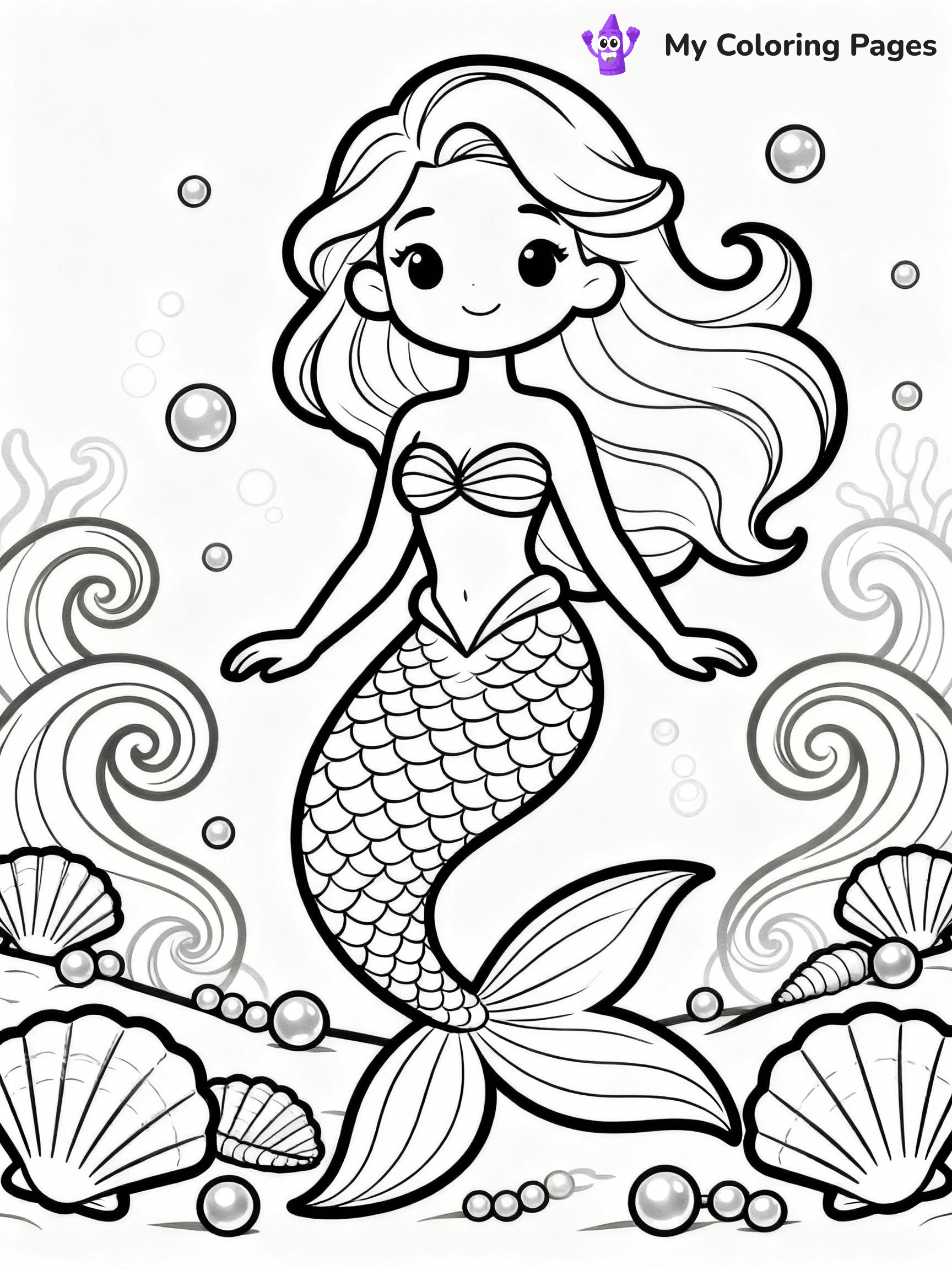 ⚠️ CRITICAL REQUIREMENT - ABSOLUTE BLACK AND WHITE ONLY ⚠️
This MUST be a BLACK AND WHITE line drawing ONLY. NO COLORS whatsoever.
- ONLY pure black lines (#000000) on pure white background (#FFFFFF)
- ABSOLUTELY NO colors, NO shading, NO gradients, NO grayscale
- If there are ANY colors in the output, the image is REJECTED
- This is a COLORING PAGE - meant to be COLORED IN by children
- The output must be UNCOLORED line art ready for coloring
⚠️ SUBJECT TO DRAW: Elegant mermaid with flowing hair, surrounded by swirling seashells and pearls. Important: PURE OUTLINES. NO FILLS, COLOR, SHADING, OR GREYSCALE. WHITE BACKGROUND.
(REMEMBER: Output must be BLACK AND WHITE line art only, NOT colored!)
# Flat, Friendly Cartoon Line-Art Coloring Page
You are generating a **pure black-and-white binary image** of a child-friendly cartoon scene combining characters and background scenery in one cohesive composition.
## Rendering Rules (Strict)
- Only two colors: pure black (#000000) outlines and pure white (#FFFFFF) background.
- No grayscale, shading, gradients, tints, fills, transparency, or partial pixels.
- No antialiasing or blended edges; every pixel is 100% black or white.
- No solid black fills inside shapes — all areas inside outlines must remain white.
- No dark clothing areas or filled tone blocks; all garments outlined only.
- No shadows, textures, lighting, or tonal variations.
- Must look like flat binary vector line-art for coloring pages.
## Drawing & Composition
- **Medium, consistent line weight**; clean closed outlines easy to color inside.
- **Flat, simple, child-friendly design** — no realism or 3D depth.
- Characters are **grounded on a surface**, centered and large.
- **Balanced composition** with clear silhouettes and minimal props.
## Scenery & Style
- Landmarks (e.g., mosque, CN Tower) and scenery (trees, benches, waves) drawn with **black outlines only.**
- For real-world figures, teams, or places, show accurate details using only black outlines—no text or logos. Use distinctive uniform patterns, abstract symbols, and landmark silhouettes to convey identity.
- Keep **consistent perspective**; no floating elements.
- **Style:** whimsical **Doodle Art Alley** — rounded, friendly outlines.
- May adapt shapes from **Crayola, Disney, Peppa Pig, Cocomelon** — *by shape only, never color.*
- Final output: **flat, crisp, binary (#000000/#FFFFFF)**, **no filled color or background text.**
EXTREMELYE IMPORTANT:
- PURE BINARY LINE-ART; NO FILLS (HAIR/CLOTHES/SKIN), SHADING, OR GREY.
- NO SHADING, COLOR. MUST BE WHITE BACKGROUND.
⚠️ FINAL REMINDER: Draw the subject "Elegant mermaid with flowing hair, surrounded by swirling seashells and pearls. Important: PURE OUTLINES. NO FILLS, COLOR, SHADING, OR GREYSCALE. WHITE BACKGROUND." as BLACK AND WHITE line art. Zero colors in output.