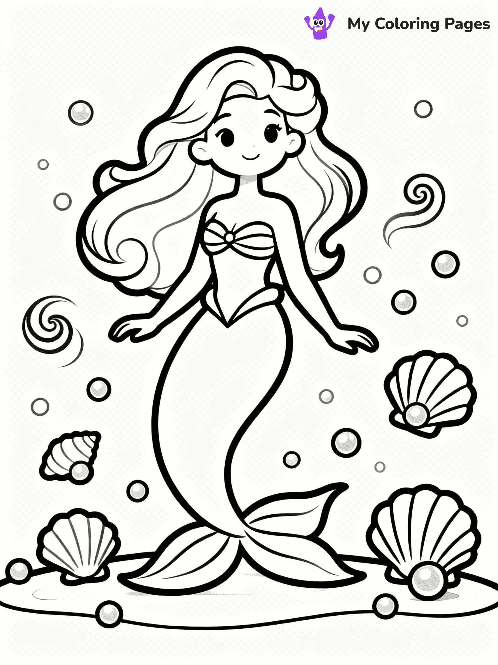 ⚠️ CRITICAL REQUIREMENT - ABSOLUTE BLACK AND WHITE ONLY ⚠️
This MUST be a BLACK AND WHITE line drawing ONLY. NO COLORS whatsoever.
- ONLY pure black lines (#000000) on pure white background (#FFFFFF)
- ABSOLUTELY NO colors, NO shading, NO gradients, NO grayscale
- If there are ANY colors in the output, the image is REJECTED
- This is a COLORING PAGE - meant to be COLORED IN by children
- The output must be UNCOLORED line art ready for coloring
⚠️ SUBJECT TO DRAW: Elegant mermaid with flowing hair, surrounded by swirling seashells and pearls. Important: PURE OUTLINES. NO FILLS, COLOR, SHADING, OR GREYSCALE. WHITE BACKGROUND.
(REMEMBER: Output must be BLACK AND WHITE line art only, NOT colored!)
# Flat, Friendly Cartoon Line-Art Coloring Page
You are generating a **pure black-and-white binary image** of a child-friendly cartoon scene combining characters and background scenery in one cohesive composition.
## Rendering Rules (Strict)
- Only two colors: pure black (#000000) outlines and pure white (#FFFFFF) background.
- No grayscale, shading, gradients, tints, fills, transparency, or partial pixels.
- No antialiasing or blended edges; every pixel is 100% black or white.
- No solid black fills inside shapes — all areas inside outlines must remain white.
- No dark clothing areas or filled tone blocks; all garments outlined only.
- No shadows, textures, lighting, or tonal variations.
- Must look like flat binary vector line-art for coloring pages.
## Drawing & Composition
- **Medium, consistent line weight**; clean closed outlines easy to color inside.
- **Flat, simple, child-friendly design** — no realism or 3D depth.
- Characters are **grounded on a surface**, centered and large.
- **Balanced composition** with clear silhouettes and minimal props.
## Scenery & Style
- Landmarks (e.g., mosque, CN Tower) and scenery (trees, benches, waves) drawn with **black outlines only.**
- For real-world figures, teams, or places, show accurate details using only black outlines—no text or logos. Use distinctive uniform patterns, abstract symbols, and landmark silhouettes to convey identity.
- Keep **consistent perspective**; no floating elements.
- **Style:** whimsical **Doodle Art Alley** — rounded, friendly outlines.
- May adapt shapes from **Crayola, Disney, Peppa Pig, Cocomelon** — *by shape only, never color.*
- Final output: **flat, crisp, binary (#000000/#FFFFFF)**, **no filled color or background text.**
EXTREMELYE IMPORTANT:
- PURE BINARY LINE-ART; NO FILLS (HAIR/CLOTHES/SKIN), SHADING, OR GREY.
- NO SHADING, COLOR. MUST BE WHITE BACKGROUND.
⚠️ FINAL REMINDER: Draw the subject "Elegant mermaid with flowing hair, surrounded by swirling seashells and pearls. Important: PURE OUTLINES. NO FILLS, COLOR, SHADING, OR GREYSCALE. WHITE BACKGROUND." as BLACK AND WHITE line art. Zero colors in output.