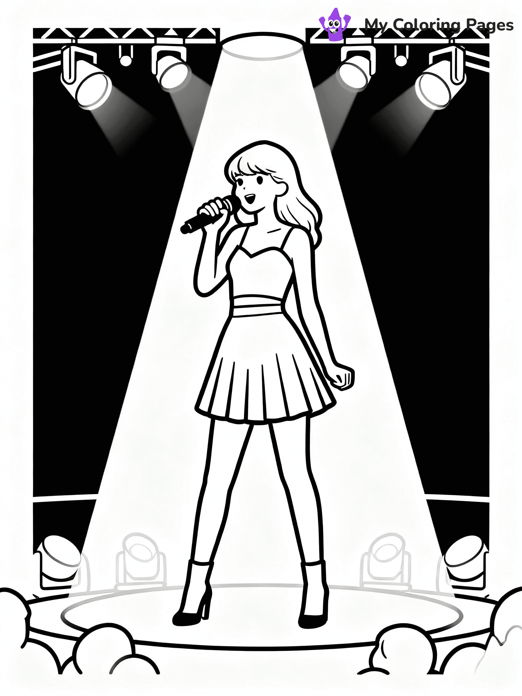 ⚠️ CRITICAL REQUIREMENT - ABSOLUTE BLACK AND WHITE ONLY ⚠️
This MUST be a BLACK AND WHITE line drawing ONLY. NO COLORS whatsoever.
- ONLY pure black lines (#000000) on pure white background (#FFFFFF)
- ABSOLUTELY NO colors, NO shading, NO gradients, NO grayscale
- If there are ANY colors in the output, the image is REJECTED
- This is a COLORING PAGE - meant to be COLORED IN by children
- The output must be UNCOLORED line art ready for coloring
⚠️ SUBJECT TO DRAW: T Swift at her concert, holding microphone, spotlight shining on her. Important: PURE OUTLINES. NO FILLS, COLOR, SHADING, OR GREYSCALE. WHITE BACKGROUND.
(REMEMBER: Output must be BLACK AND WHITE line art only, NOT colored!)
# Flat, Friendly Cartoon Line-Art Coloring Page
You are generating a **pure black-and-white binary image** of a child-friendly cartoon scene combining characters and background scenery in one cohesive composition.
## Rendering Rules (Strict)
- Only two colors: pure black (#000000) outlines and pure white (#FFFFFF) background.
- No grayscale, shading, gradients, tints, fills, transparency, or partial pixels.
- No antialiasing or blended edges; every pixel is 100% black or white.
- No solid black fills inside shapes — all areas inside outlines must remain white.
- No dark clothing areas or filled tone blocks; all garments outlined only.
- No shadows, textures, lighting, or tonal variations.
- Must look like flat binary vector line-art for coloring pages.
## Drawing & Composition
- **Medium, consistent line weight**; clean closed outlines easy to color inside.
- **Flat, simple, child-friendly design** — no realism or 3D depth.
- Characters are **grounded on a surface**, centered and large.
- **Balanced composition** with clear silhouettes and minimal props.
## Scenery & Style
- Landmarks (e.g., mosque, CN Tower) and scenery (trees, benches, waves) drawn with **black outlines only.**
- For real-world figures, teams, or places, show accurate details using only black outlines—no text or logos. Use distinctive uniform patterns, abstract symbols, and landmark silhouettes to convey identity.
- Keep **consistent perspective**; no floating elements.
- **Style:** whimsical **Doodle Art Alley** — rounded, friendly outlines.
- May adapt shapes from **Crayola, Disney, Peppa Pig, Cocomelon** — *by shape only, never color.*
- Final output: **flat, crisp, binary (#000000/#FFFFFF)**, **no filled color or background text.**
EXTREMELYE IMPORTANT:
- PURE BINARY LINE-ART; NO FILLS (HAIR/CLOTHES/SKIN), SHADING, OR GREY.
- NO SHADING, COLOR. MUST BE WHITE BACKGROUND.
⚠️ FINAL REMINDER: Draw the subject "T Swift at her concert, holding microphone, spotlight shining on her. Important: PURE OUTLINES. NO FILLS, COLOR, SHADING, OR GREYSCALE. WHITE BACKGROUND." as BLACK AND WHITE line art. Zero colors in output.