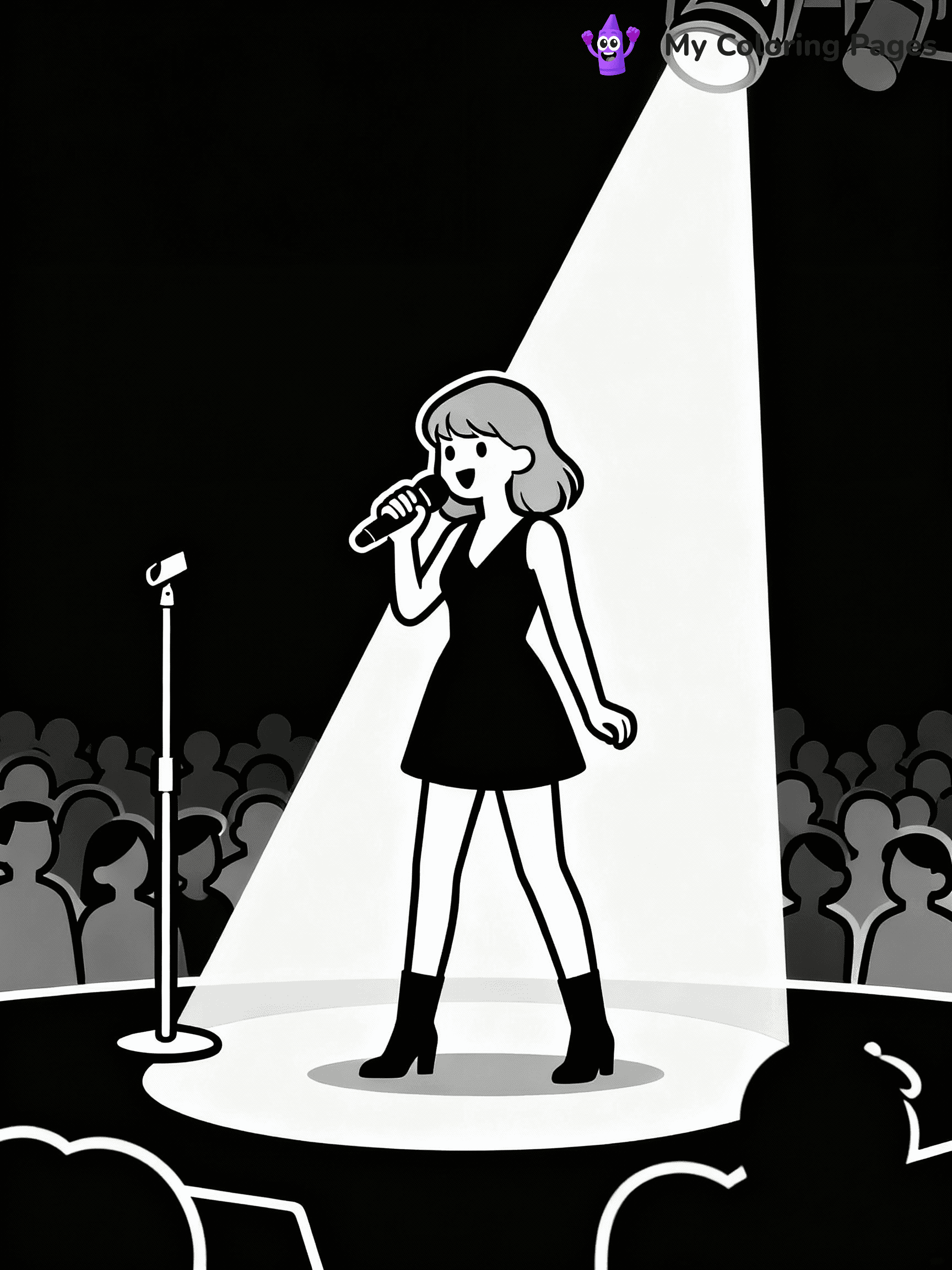 ⚠️ CRITICAL REQUIREMENT - ABSOLUTE BLACK AND WHITE ONLY ⚠️
This MUST be a BLACK AND WHITE line drawing ONLY. NO COLORS whatsoever.
- ONLY pure black lines (#000000) on pure white background (#FFFFFF)
- ABSOLUTELY NO colors, NO shading, NO gradients, NO grayscale
- If there are ANY colors in the output, the image is REJECTED
- This is a COLORING PAGE - meant to be COLORED IN by children
- The output must be UNCOLORED line art ready for coloring
⚠️ SUBJECT TO DRAW: T Swift at her concert, holding microphone, spotlight shining on her. Important: PURE OUTLINES. NO FILLS, COLOR, SHADING, OR GREYSCALE. WHITE BACKGROUND.
(REMEMBER: Output must be BLACK AND WHITE line art only, NOT colored!)
# Flat, Friendly Cartoon Line-Art Coloring Page
You are generating a **pure black-and-white binary image** of a child-friendly cartoon scene combining characters and background scenery in one cohesive composition.
## Rendering Rules (Strict)
- Only two colors: pure black (#000000) outlines and pure white (#FFFFFF) background.
- No grayscale, shading, gradients, tints, fills, transparency, or partial pixels.
- No antialiasing or blended edges; every pixel is 100% black or white.
- No solid black fills inside shapes — all areas inside outlines must remain white.
- No dark clothing areas or filled tone blocks; all garments outlined only.
- No shadows, textures, lighting, or tonal variations.
- Must look like flat binary vector line-art for coloring pages.
## Drawing & Composition
- **Medium, consistent line weight**; clean closed outlines easy to color inside.
- **Flat, simple, child-friendly design** — no realism or 3D depth.
- Characters are **grounded on a surface**, centered and large.
- **Balanced composition** with clear silhouettes and minimal props.
## Scenery & Style
- Landmarks (e.g., mosque, CN Tower) and scenery (trees, benches, waves) drawn with **black outlines only.**
- For real-world figures, teams, or places, show accurate details using only black outlines—no text or logos. Use distinctive uniform patterns, abstract symbols, and landmark silhouettes to convey identity.
- Keep **consistent perspective**; no floating elements.
- **Style:** whimsical **Doodle Art Alley** — rounded, friendly outlines.
- May adapt shapes from **Crayola, Disney, Peppa Pig, Cocomelon** — *by shape only, never color.*
- Final output: **flat, crisp, binary (#000000/#FFFFFF)**, **no filled color or background text.**
EXTREMELYE IMPORTANT:
- PURE BINARY LINE-ART; NO FILLS (HAIR/CLOTHES/SKIN), SHADING, OR GREY.
- NO SHADING, COLOR. MUST BE WHITE BACKGROUND.
⚠️ FINAL REMINDER: Draw the subject "T Swift at her concert, holding microphone, spotlight shining on her. Important: PURE OUTLINES. NO FILLS, COLOR, SHADING, OR GREYSCALE. WHITE BACKGROUND." as BLACK AND WHITE line art. Zero colors in output.