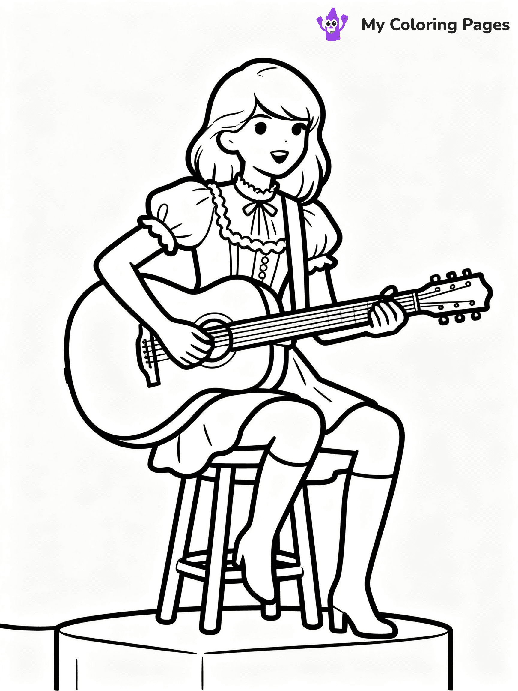 ⚠️ CRITICAL REQUIREMENT - ABSOLUTE BLACK AND WHITE ONLY ⚠️
This MUST be a BLACK AND WHITE line drawing ONLY. NO COLORS whatsoever.
- ONLY pure black lines (#000000) on pure white background (#FFFFFF)
- ABSOLUTELY NO colors, NO shading, NO gradients, NO grayscale
- If there are ANY colors in the output, the image is REJECTED
- This is a COLORING PAGE - meant to be COLORED IN by children
- The output must be UNCOLORED line art ready for coloring
⚠️ SUBJECT TO DRAW: T Swift in a vintage outfit, playing guitar, sitting on a stool. Important: PURE OUTLINES. NO FILLS, COLOR, SHADING, OR GREYSCALE. WHITE BACKGROUND.
(REMEMBER: Output must be BLACK AND WHITE line art only, NOT colored!)
# Flat, Friendly Cartoon Line-Art Coloring Page
You are generating a **pure black-and-white binary image** of a child-friendly cartoon scene combining characters and background scenery in one cohesive composition.
## Rendering Rules (Strict)
- Only two colors: pure black (#000000) outlines and pure white (#FFFFFF) background.
- No grayscale, shading, gradients, tints, fills, transparency, or partial pixels.
- No antialiasing or blended edges; every pixel is 100% black or white.
- No solid black fills inside shapes — all areas inside outlines must remain white.
- No dark clothing areas or filled tone blocks; all garments outlined only.
- No shadows, textures, lighting, or tonal variations.
- Must look like flat binary vector line-art for coloring pages.
## Drawing & Composition
- **Medium, consistent line weight**; clean closed outlines easy to color inside.
- **Flat, simple, child-friendly design** — no realism or 3D depth.
- Characters are **grounded on a surface**, centered and large.
- **Balanced composition** with clear silhouettes and minimal props.
## Scenery & Style
- Landmarks (e.g., mosque, CN Tower) and scenery (trees, benches, waves) drawn with **black outlines only.**
- For real-world figures, teams, or places, show accurate details using only black outlines—no text or logos. Use distinctive uniform patterns, abstract symbols, and landmark silhouettes to convey identity.
- Keep **consistent perspective**; no floating elements.
- **Style:** whimsical **Doodle Art Alley** — rounded, friendly outlines.
- May adapt shapes from **Crayola, Disney, Peppa Pig, Cocomelon** — *by shape only, never color.*
- Final output: **flat, crisp, binary (#000000/#FFFFFF)**, **no filled color or background text.**
EXTREMELYE IMPORTANT:
- PURE BINARY LINE-ART; NO FILLS (HAIR/CLOTHES/SKIN), SHADING, OR GREY.
- NO SHADING, COLOR. MUST BE WHITE BACKGROUND.
⚠️ FINAL REMINDER: Draw the subject "T Swift in a vintage outfit, playing guitar, sitting on a stool. Important: PURE OUTLINES. NO FILLS, COLOR, SHADING, OR GREYSCALE. WHITE BACKGROUND." as BLACK AND WHITE line art. Zero colors in output.