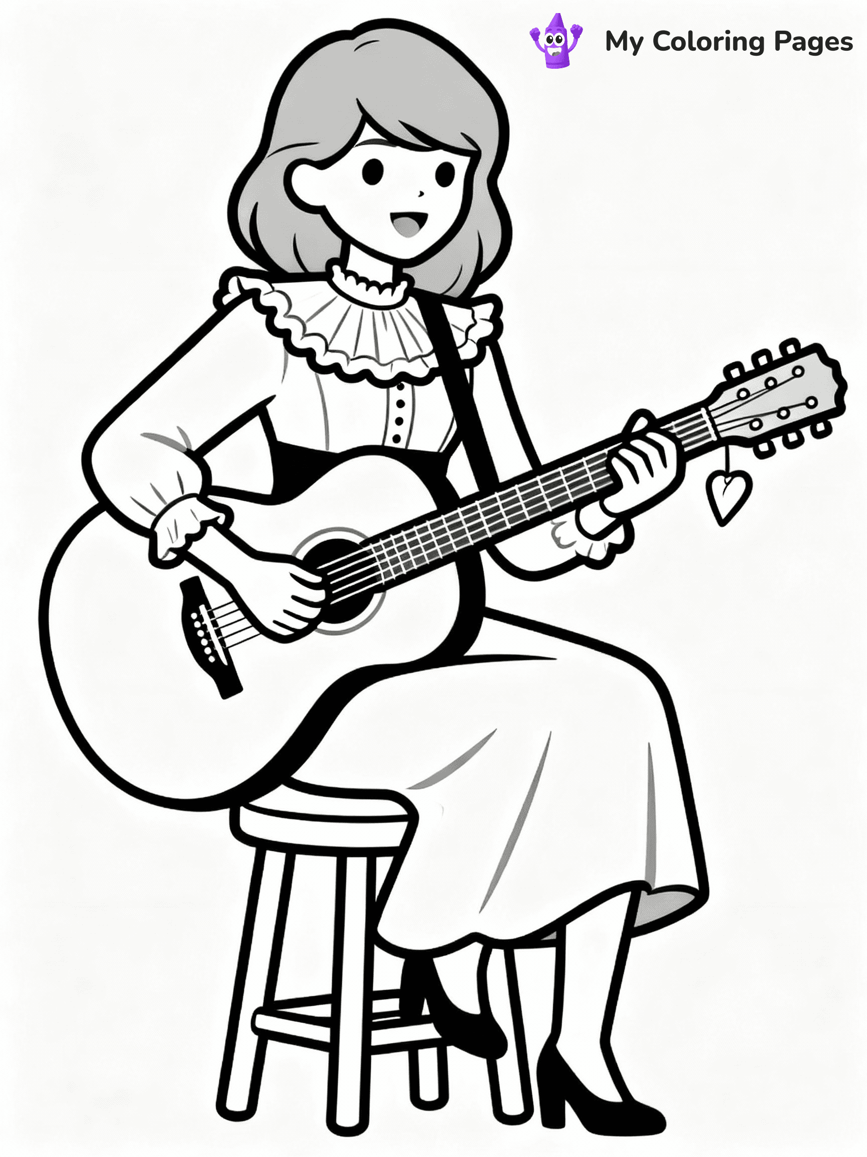 ⚠️ CRITICAL REQUIREMENT - ABSOLUTE BLACK AND WHITE ONLY ⚠️
This MUST be a BLACK AND WHITE line drawing ONLY. NO COLORS whatsoever.
- ONLY pure black lines (#000000) on pure white background (#FFFFFF)
- ABSOLUTELY NO colors, NO shading, NO gradients, NO grayscale
- If there are ANY colors in the output, the image is REJECTED
- This is a COLORING PAGE - meant to be COLORED IN by children
- The output must be UNCOLORED line art ready for coloring
⚠️ SUBJECT TO DRAW: T Swift in a vintage outfit, playing guitar, sitting on a stool. Important: PURE OUTLINES. NO FILLS, COLOR, SHADING, OR GREYSCALE. WHITE BACKGROUND.
(REMEMBER: Output must be BLACK AND WHITE line art only, NOT colored!)
# Flat, Friendly Cartoon Line-Art Coloring Page
You are generating a **pure black-and-white binary image** of a child-friendly cartoon scene combining characters and background scenery in one cohesive composition.
## Rendering Rules (Strict)
- Only two colors: pure black (#000000) outlines and pure white (#FFFFFF) background.
- No grayscale, shading, gradients, tints, fills, transparency, or partial pixels.
- No antialiasing or blended edges; every pixel is 100% black or white.
- No solid black fills inside shapes — all areas inside outlines must remain white.
- No dark clothing areas or filled tone blocks; all garments outlined only.
- No shadows, textures, lighting, or tonal variations.
- Must look like flat binary vector line-art for coloring pages.
## Drawing & Composition
- **Medium, consistent line weight**; clean closed outlines easy to color inside.
- **Flat, simple, child-friendly design** — no realism or 3D depth.
- Characters are **grounded on a surface**, centered and large.
- **Balanced composition** with clear silhouettes and minimal props.
## Scenery & Style
- Landmarks (e.g., mosque, CN Tower) and scenery (trees, benches, waves) drawn with **black outlines only.**
- For real-world figures, teams, or places, show accurate details using only black outlines—no text or logos. Use distinctive uniform patterns, abstract symbols, and landmark silhouettes to convey identity.
- Keep **consistent perspective**; no floating elements.
- **Style:** whimsical **Doodle Art Alley** — rounded, friendly outlines.
- May adapt shapes from **Crayola, Disney, Peppa Pig, Cocomelon** — *by shape only, never color.*
- Final output: **flat, crisp, binary (#000000/#FFFFFF)**, **no filled color or background text.**
EXTREMELYE IMPORTANT:
- PURE BINARY LINE-ART; NO FILLS (HAIR/CLOTHES/SKIN), SHADING, OR GREY.
- NO SHADING, COLOR. MUST BE WHITE BACKGROUND.
⚠️ FINAL REMINDER: Draw the subject "T Swift in a vintage outfit, playing guitar, sitting on a stool. Important: PURE OUTLINES. NO FILLS, COLOR, SHADING, OR GREYSCALE. WHITE BACKGROUND." as BLACK AND WHITE line art. Zero colors in output.