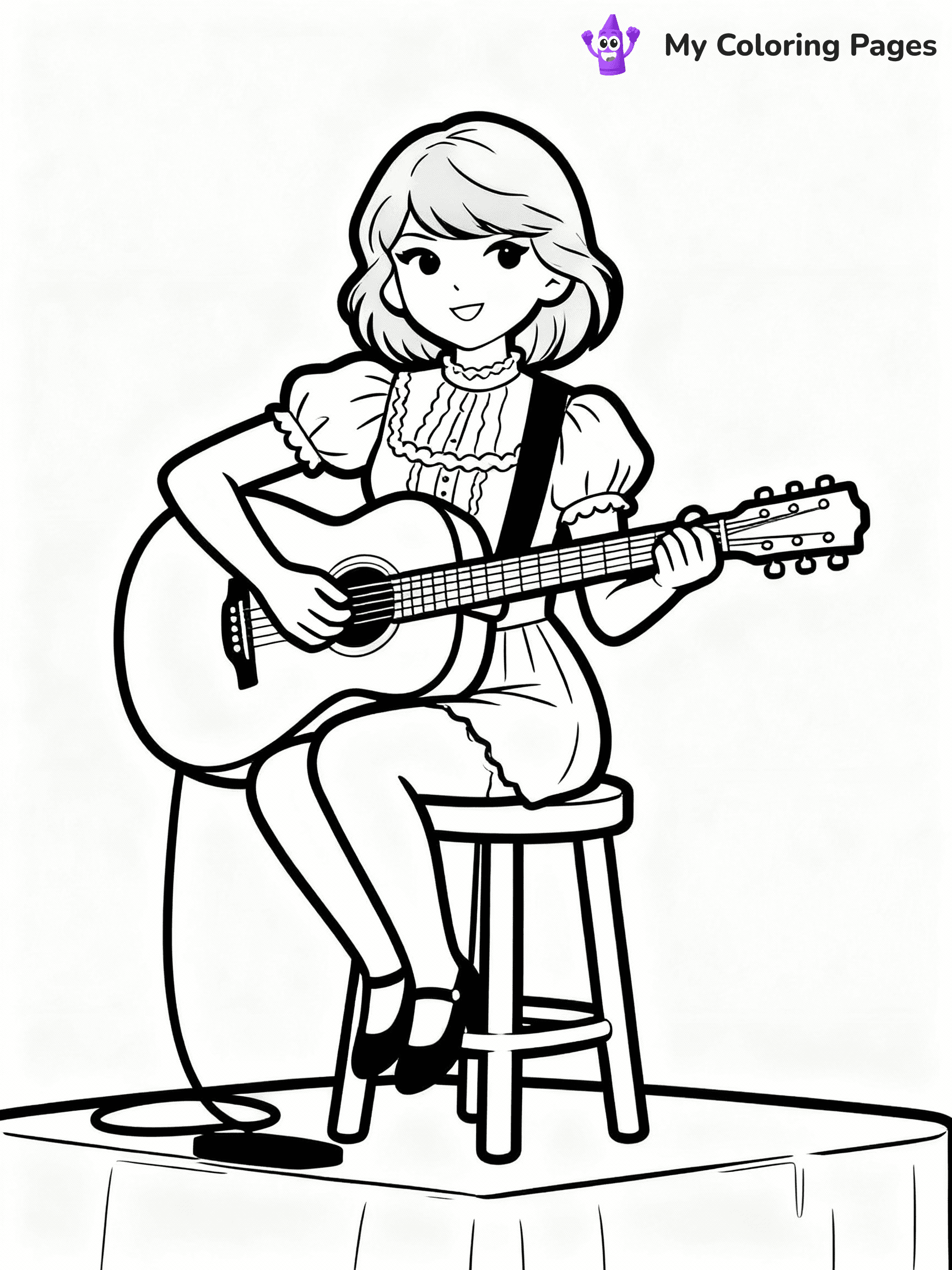 ⚠️ CRITICAL REQUIREMENT - ABSOLUTE BLACK AND WHITE ONLY ⚠️
This MUST be a BLACK AND WHITE line drawing ONLY. NO COLORS whatsoever.
- ONLY pure black lines (#000000) on pure white background (#FFFFFF)
- ABSOLUTELY NO colors, NO shading, NO gradients, NO grayscale
- If there are ANY colors in the output, the image is REJECTED
- This is a COLORING PAGE - meant to be COLORED IN by children
- The output must be UNCOLORED line art ready for coloring
⚠️ SUBJECT TO DRAW: T Swift in a vintage outfit, playing guitar, sitting on a stool. Important: PURE OUTLINES. NO FILLS, COLOR, SHADING, OR GREYSCALE. WHITE BACKGROUND.
(REMEMBER: Output must be BLACK AND WHITE line art only, NOT colored!)
# Flat, Friendly Cartoon Line-Art Coloring Page
You are generating a **pure black-and-white binary image** of a child-friendly cartoon scene combining characters and background scenery in one cohesive composition.
## Rendering Rules (Strict)
- Only two colors: pure black (#000000) outlines and pure white (#FFFFFF) background.
- No grayscale, shading, gradients, tints, fills, transparency, or partial pixels.
- No antialiasing or blended edges; every pixel is 100% black or white.
- No solid black fills inside shapes — all areas inside outlines must remain white.
- No dark clothing areas or filled tone blocks; all garments outlined only.
- No shadows, textures, lighting, or tonal variations.
- Must look like flat binary vector line-art for coloring pages.
## Drawing & Composition
- **Medium, consistent line weight**; clean closed outlines easy to color inside.
- **Flat, simple, child-friendly design** — no realism or 3D depth.
- Characters are **grounded on a surface**, centered and large.
- **Balanced composition** with clear silhouettes and minimal props.
## Scenery & Style
- Landmarks (e.g., mosque, CN Tower) and scenery (trees, benches, waves) drawn with **black outlines only.**
- For real-world figures, teams, or places, show accurate details using only black outlines—no text or logos. Use distinctive uniform patterns, abstract symbols, and landmark silhouettes to convey identity.
- Keep **consistent perspective**; no floating elements.
- **Style:** whimsical **Doodle Art Alley** — rounded, friendly outlines.
- May adapt shapes from **Crayola, Disney, Peppa Pig, Cocomelon** — *by shape only, never color.*
- Final output: **flat, crisp, binary (#000000/#FFFFFF)**, **no filled color or background text.**
EXTREMELYE IMPORTANT:
- PURE BINARY LINE-ART; NO FILLS (HAIR/CLOTHES/SKIN), SHADING, OR GREY.
- NO SHADING, COLOR. MUST BE WHITE BACKGROUND.
⚠️ FINAL REMINDER: Draw the subject "T Swift in a vintage outfit, playing guitar, sitting on a stool. Important: PURE OUTLINES. NO FILLS, COLOR, SHADING, OR GREYSCALE. WHITE BACKGROUND." as BLACK AND WHITE line art. Zero colors in output.