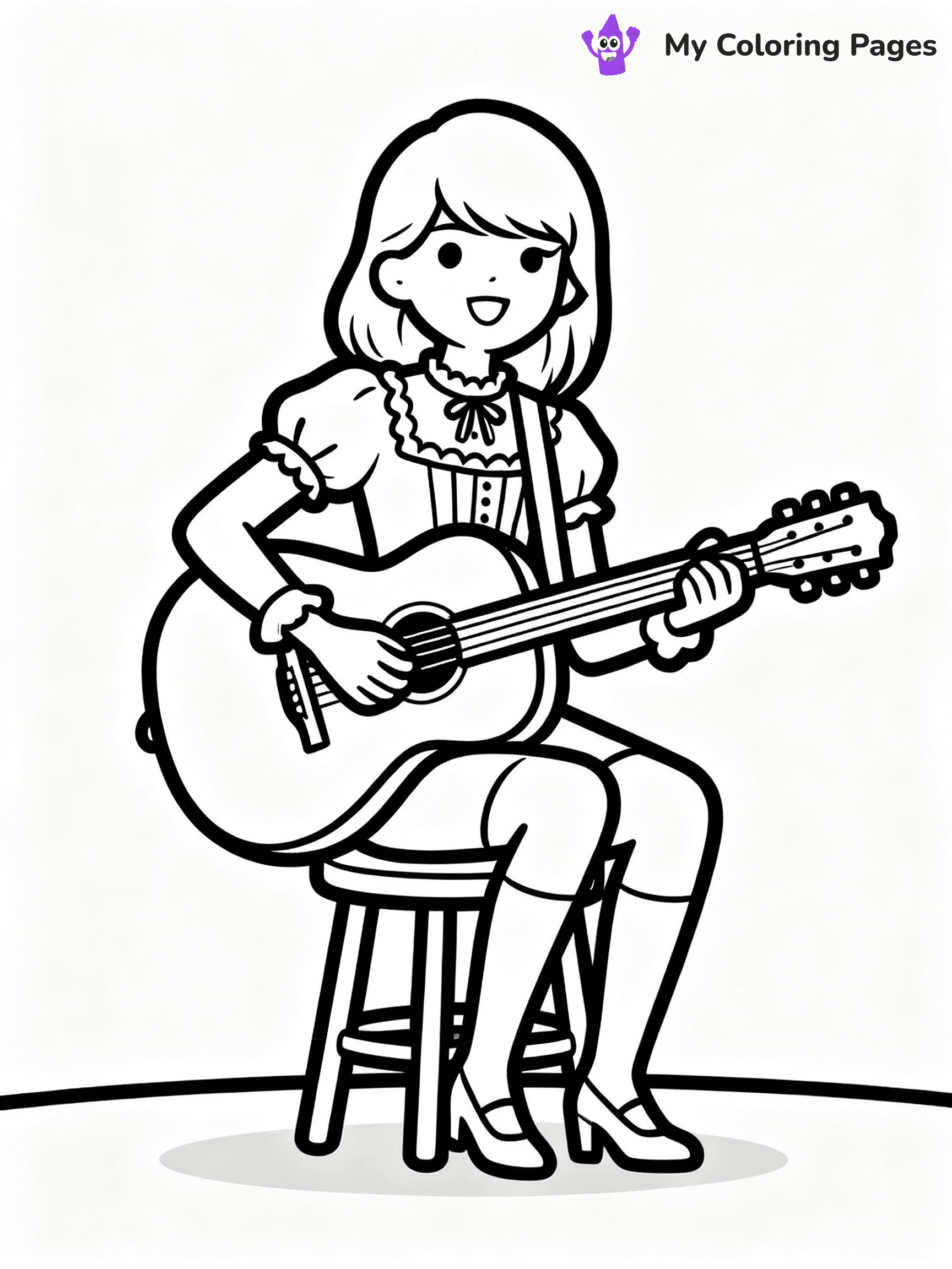 ⚠️ CRITICAL REQUIREMENT - ABSOLUTE BLACK AND WHITE ONLY ⚠️
This MUST be a BLACK AND WHITE line drawing ONLY. NO COLORS whatsoever.
- ONLY pure black lines (#000000) on pure white background (#FFFFFF)
- ABSOLUTELY NO colors, NO shading, NO gradients, NO grayscale
- If there are ANY colors in the output, the image is REJECTED
- This is a COLORING PAGE - meant to be COLORED IN by children
- The output must be UNCOLORED line art ready for coloring
⚠️ SUBJECT TO DRAW: T Swift in a vintage outfit, playing guitar, sitting on a stool. Important: PURE OUTLINES. NO FILLS, COLOR, SHADING, OR GREYSCALE. WHITE BACKGROUND.
(REMEMBER: Output must be BLACK AND WHITE line art only, NOT colored!)
# Flat, Friendly Cartoon Line-Art Coloring Page
You are generating a **pure black-and-white binary image** of a child-friendly cartoon scene combining characters and background scenery in one cohesive composition.
## Rendering Rules (Strict)
- Only two colors: pure black (#000000) outlines and pure white (#FFFFFF) background.
- No grayscale, shading, gradients, tints, fills, transparency, or partial pixels.
- No antialiasing or blended edges; every pixel is 100% black or white.
- No solid black fills inside shapes — all areas inside outlines must remain white.
- No dark clothing areas or filled tone blocks; all garments outlined only.
- No shadows, textures, lighting, or tonal variations.
- Must look like flat binary vector line-art for coloring pages.
## Drawing & Composition
- **Medium, consistent line weight**; clean closed outlines easy to color inside.
- **Flat, simple, child-friendly design** — no realism or 3D depth.
- Characters are **grounded on a surface**, centered and large.
- **Balanced composition** with clear silhouettes and minimal props.
## Scenery & Style
- Landmarks (e.g., mosque, CN Tower) and scenery (trees, benches, waves) drawn with **black outlines only.**
- For real-world figures, teams, or places, show accurate details using only black outlines—no text or logos. Use distinctive uniform patterns, abstract symbols, and landmark silhouettes to convey identity.
- Keep **consistent perspective**; no floating elements.
- **Style:** whimsical **Doodle Art Alley** — rounded, friendly outlines.
- May adapt shapes from **Crayola, Disney, Peppa Pig, Cocomelon** — *by shape only, never color.*
- Final output: **flat, crisp, binary (#000000/#FFFFFF)**, **no filled color or background text.**
EXTREMELYE IMPORTANT:
- PURE BINARY LINE-ART; NO FILLS (HAIR/CLOTHES/SKIN), SHADING, OR GREY.
- NO SHADING, COLOR. MUST BE WHITE BACKGROUND.
⚠️ FINAL REMINDER: Draw the subject "T Swift in a vintage outfit, playing guitar, sitting on a stool. Important: PURE OUTLINES. NO FILLS, COLOR, SHADING, OR GREYSCALE. WHITE BACKGROUND." as BLACK AND WHITE line art. Zero colors in output.