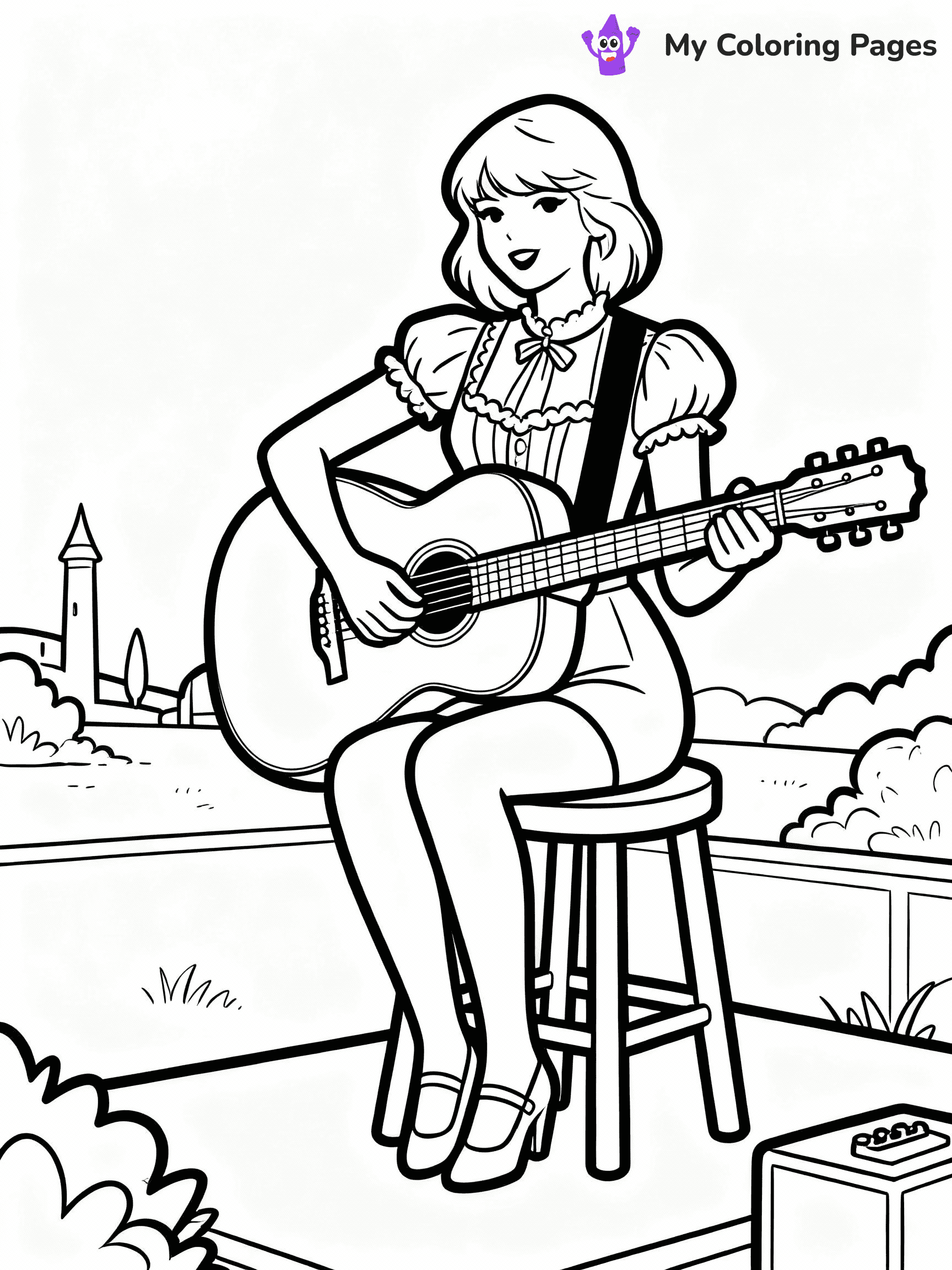 ⚠️ CRITICAL REQUIREMENT - ABSOLUTE BLACK AND WHITE ONLY ⚠️
This MUST be a BLACK AND WHITE line drawing ONLY. NO COLORS whatsoever.
- ONLY pure black lines (#000000) on pure white background (#FFFFFF)
- ABSOLUTELY NO colors, NO shading, NO gradients, NO grayscale
- If there are ANY colors in the output, the image is REJECTED
- This is a COLORING PAGE - meant to be COLORED IN by children
- The output must be UNCOLORED line art ready for coloring
⚠️ SUBJECT TO DRAW: T Swift in a vintage outfit, playing guitar, sitting on a stool. Important: PURE OUTLINES. NO FILLS, COLOR, SHADING, OR GREYSCALE. WHITE BACKGROUND.
(REMEMBER: Output must be BLACK AND WHITE line art only, NOT colored!)
# Flat, Friendly Cartoon Line-Art Coloring Page
You are generating a **pure black-and-white binary image** of a child-friendly cartoon scene combining characters and background scenery in one cohesive composition.
## Rendering Rules (Strict)
- Only two colors: pure black (#000000) outlines and pure white (#FFFFFF) background.
- No grayscale, shading, gradients, tints, fills, transparency, or partial pixels.
- No antialiasing or blended edges; every pixel is 100% black or white.
- No solid black fills inside shapes — all areas inside outlines must remain white.
- No dark clothing areas or filled tone blocks; all garments outlined only.
- No shadows, textures, lighting, or tonal variations.
- Must look like flat binary vector line-art for coloring pages.
## Drawing & Composition
- **Medium, consistent line weight**; clean closed outlines easy to color inside.
- **Flat, simple, child-friendly design** — no realism or 3D depth.
- Characters are **grounded on a surface**, centered and large.
- **Balanced composition** with clear silhouettes and minimal props.
## Scenery & Style
- Landmarks (e.g., mosque, CN Tower) and scenery (trees, benches, waves) drawn with **black outlines only.**
- For real-world figures, teams, or places, show accurate details using only black outlines—no text or logos. Use distinctive uniform patterns, abstract symbols, and landmark silhouettes to convey identity.
- Keep **consistent perspective**; no floating elements.
- **Style:** whimsical **Doodle Art Alley** — rounded, friendly outlines.
- May adapt shapes from **Crayola, Disney, Peppa Pig, Cocomelon** — *by shape only, never color.*
- Final output: **flat, crisp, binary (#000000/#FFFFFF)**, **no filled color or background text.**
EXTREMELYE IMPORTANT:
- PURE BINARY LINE-ART; NO FILLS (HAIR/CLOTHES/SKIN), SHADING, OR GREY.
- NO SHADING, COLOR. MUST BE WHITE BACKGROUND.
⚠️ FINAL REMINDER: Draw the subject "T Swift in a vintage outfit, playing guitar, sitting on a stool. Important: PURE OUTLINES. NO FILLS, COLOR, SHADING, OR GREYSCALE. WHITE BACKGROUND." as BLACK AND WHITE line art. Zero colors in output.