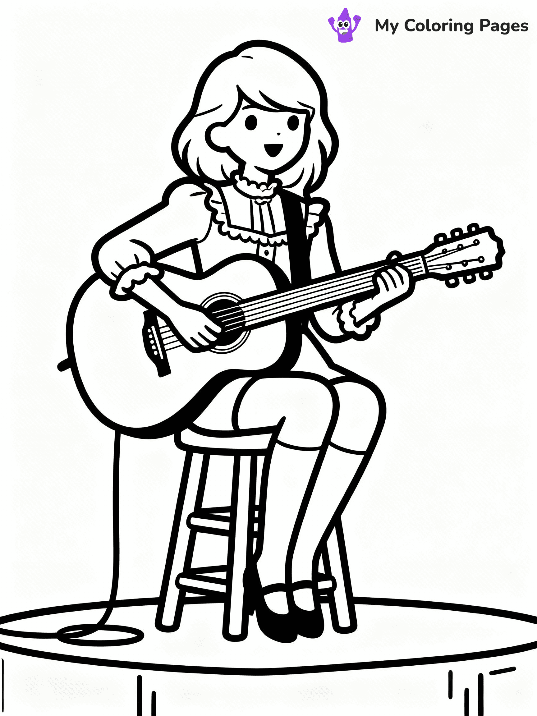 ⚠️ CRITICAL REQUIREMENT - ABSOLUTE BLACK AND WHITE ONLY ⚠️
This MUST be a BLACK AND WHITE line drawing ONLY. NO COLORS whatsoever.
- ONLY pure black lines (#000000) on pure white background (#FFFFFF)
- ABSOLUTELY NO colors, NO shading, NO gradients, NO grayscale
- If there are ANY colors in the output, the image is REJECTED
- This is a COLORING PAGE - meant to be COLORED IN by children
- The output must be UNCOLORED line art ready for coloring
⚠️ SUBJECT TO DRAW: T Swift in a vintage outfit, playing guitar, sitting on a stool. Important: PURE OUTLINES. NO FILLS, COLOR, SHADING, OR GREYSCALE. WHITE BACKGROUND.
(REMEMBER: Output must be BLACK AND WHITE line art only, NOT colored!)
# Flat, Friendly Cartoon Line-Art Coloring Page
You are generating a **pure black-and-white binary image** of a child-friendly cartoon scene combining characters and background scenery in one cohesive composition.
## Rendering Rules (Strict)
- Only two colors: pure black (#000000) outlines and pure white (#FFFFFF) background.
- No grayscale, shading, gradients, tints, fills, transparency, or partial pixels.
- No antialiasing or blended edges; every pixel is 100% black or white.
- No solid black fills inside shapes — all areas inside outlines must remain white.
- No dark clothing areas or filled tone blocks; all garments outlined only.
- No shadows, textures, lighting, or tonal variations.
- Must look like flat binary vector line-art for coloring pages.
## Drawing & Composition
- **Medium, consistent line weight**; clean closed outlines easy to color inside.
- **Flat, simple, child-friendly design** — no realism or 3D depth.
- Characters are **grounded on a surface**, centered and large.
- **Balanced composition** with clear silhouettes and minimal props.
## Scenery & Style
- Landmarks (e.g., mosque, CN Tower) and scenery (trees, benches, waves) drawn with **black outlines only.**
- For real-world figures, teams, or places, show accurate details using only black outlines—no text or logos. Use distinctive uniform patterns, abstract symbols, and landmark silhouettes to convey identity.
- Keep **consistent perspective**; no floating elements.
- **Style:** whimsical **Doodle Art Alley** — rounded, friendly outlines.
- May adapt shapes from **Crayola, Disney, Peppa Pig, Cocomelon** — *by shape only, never color.*
- Final output: **flat, crisp, binary (#000000/#FFFFFF)**, **no filled color or background text.**
EXTREMELYE IMPORTANT:
- PURE BINARY LINE-ART; NO FILLS (HAIR/CLOTHES/SKIN), SHADING, OR GREY.
- NO SHADING, COLOR. MUST BE WHITE BACKGROUND.
⚠️ FINAL REMINDER: Draw the subject "T Swift in a vintage outfit, playing guitar, sitting on a stool. Important: PURE OUTLINES. NO FILLS, COLOR, SHADING, OR GREYSCALE. WHITE BACKGROUND." as BLACK AND WHITE line art. Zero colors in output.