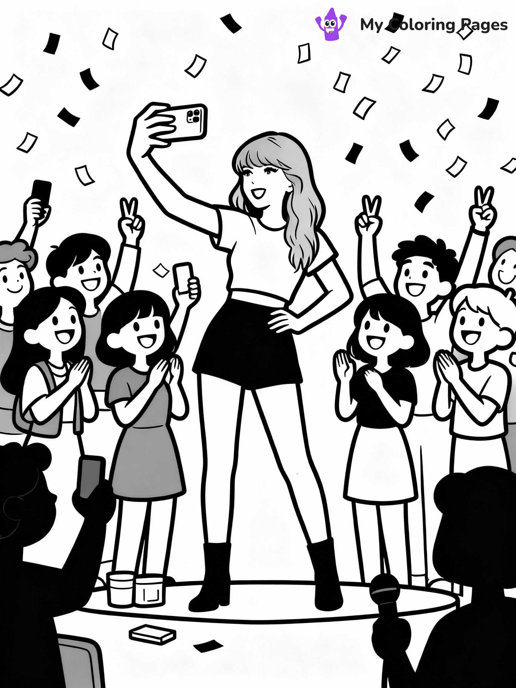 ⚠️ CRITICAL REQUIREMENT - ABSOLUTE BLACK AND WHITE ONLY ⚠️
This MUST be a BLACK AND WHITE line drawing ONLY. NO COLORS whatsoever.
- ONLY pure black lines (#000000) on pure white background (#FFFFFF)
- ABSOLUTELY NO colors, NO shading, NO gradients, NO grayscale
- If there are ANY colors in the output, the image is REJECTED
- This is a COLORING PAGE - meant to be COLORED IN by children
- The output must be UNCOLORED line art ready for coloring
⚠️ SUBJECT TO DRAW: Ultra realistic T Swift with fans, taking selfies, smiles all around, confetti falling. Important: PURE OUTLINES. NO FILLS, COLOR, SHADING, OR GREYSCALE. WHITE BACKGROUND.
(REMEMBER: Output must be BLACK AND WHITE line art only, NOT colored!)
# Flat, Friendly Cartoon Line-Art Coloring Page
You are generating a **pure black-and-white binary image** of a child-friendly cartoon scene combining characters and background scenery in one cohesive composition.
## Rendering Rules (Strict)
- Only two colors: pure black (#000000) outlines and pure white (#FFFFFF) background.
- No grayscale, shading, gradients, tints, fills, transparency, or partial pixels.
- No antialiasing or blended edges; every pixel is 100% black or white.
- No solid black fills inside shapes — all areas inside outlines must remain white.
- No dark clothing areas or filled tone blocks; all garments outlined only.
- No shadows, textures, lighting, or tonal variations.
- Must look like flat binary vector line-art for coloring pages.
## Drawing & Composition
- **Medium, consistent line weight**; clean closed outlines easy to color inside.
- **Flat, simple, child-friendly design** — no realism or 3D depth.
- Characters are **grounded on a surface**, centered and large.
- **Balanced composition** with clear silhouettes and minimal props.
## Scenery & Style
- Landmarks (e.g., mosque, CN Tower) and scenery (trees, benches, waves) drawn with **black outlines only.**
- For real-world figures, teams, or places, show accurate details using only black outlines—no text or logos. Use distinctive uniform patterns, abstract symbols, and landmark silhouettes to convey identity.
- Keep **consistent perspective**; no floating elements.
- **Style:** whimsical **Doodle Art Alley** — rounded, friendly outlines.
- May adapt shapes from **Crayola, Disney, Peppa Pig, Cocomelon** — *by shape only, never color.*
- Final output: **flat, crisp, binary (#000000/#FFFFFF)**, **no filled color or background text.**
EXTREMELYE IMPORTANT:
- PURE BINARY LINE-ART; NO FILLS (HAIR/CLOTHES/SKIN), SHADING, OR GREY.
- NO SHADING, COLOR. MUST BE WHITE BACKGROUND.
⚠️ FINAL REMINDER: Draw the subject "Ultra realistic T Swift with fans, taking selfies, smiles all around, confetti falling. Important: PURE OUTLINES. NO FILLS, COLOR, SHADING, OR GREYSCALE. WHITE BACKGROUND." as BLACK AND WHITE line art. Zero colors in output.