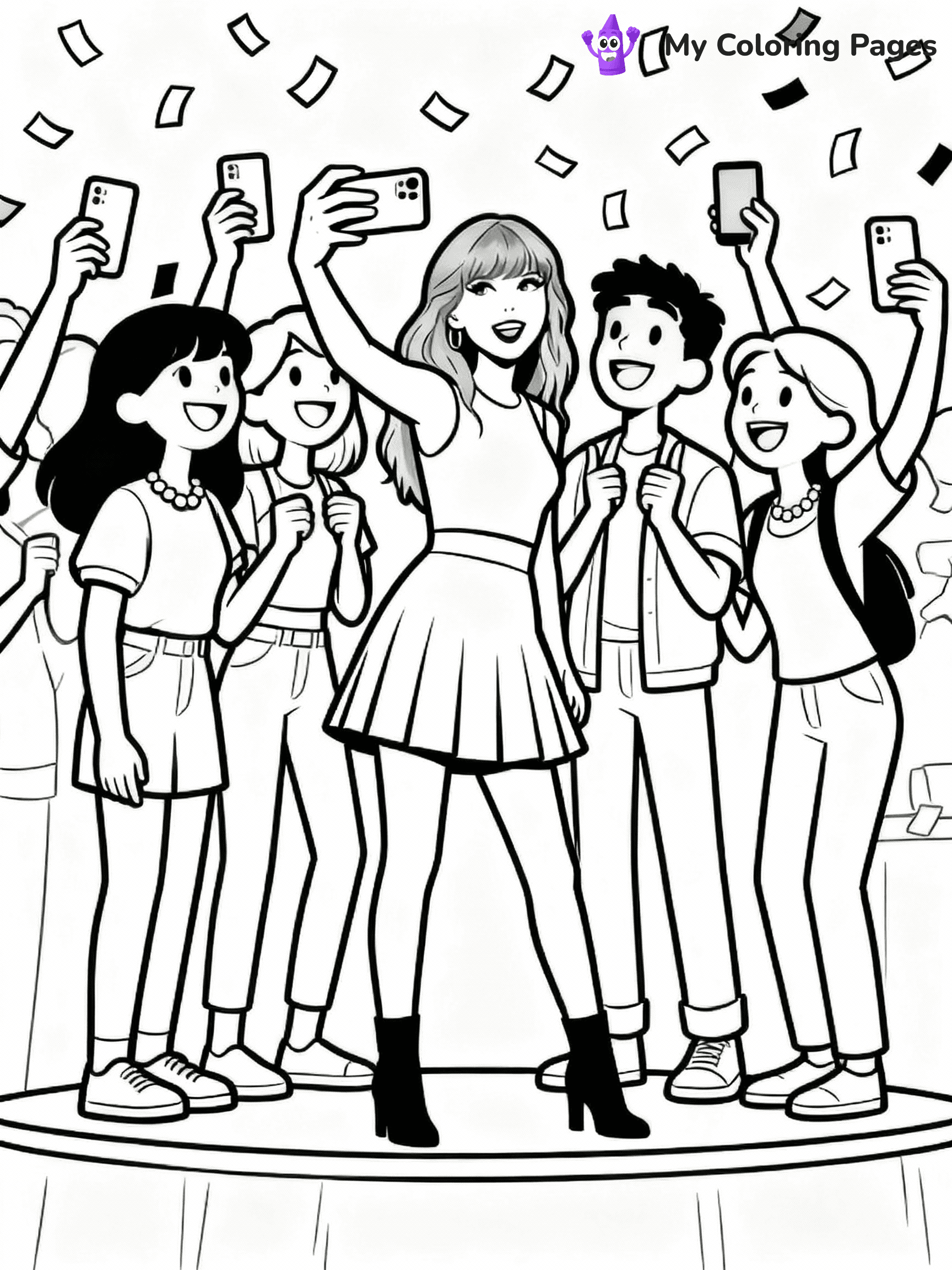 ⚠️ CRITICAL REQUIREMENT - ABSOLUTE BLACK AND WHITE ONLY ⚠️
This MUST be a BLACK AND WHITE line drawing ONLY. NO COLORS whatsoever.
- ONLY pure black lines (#000000) on pure white background (#FFFFFF)
- ABSOLUTELY NO colors, NO shading, NO gradients, NO grayscale
- If there are ANY colors in the output, the image is REJECTED
- This is a COLORING PAGE - meant to be COLORED IN by children
- The output must be UNCOLORED line art ready for coloring
⚠️ SUBJECT TO DRAW: Ultra realistic T Swift with fans, taking selfies, smiles all around, confetti falling. Important: PURE OUTLINES. NO FILLS, COLOR, SHADING, OR GREYSCALE. WHITE BACKGROUND.
(REMEMBER: Output must be BLACK AND WHITE line art only, NOT colored!)
# Flat, Friendly Cartoon Line-Art Coloring Page
You are generating a **pure black-and-white binary image** of a child-friendly cartoon scene combining characters and background scenery in one cohesive composition.
## Rendering Rules (Strict)
- Only two colors: pure black (#000000) outlines and pure white (#FFFFFF) background.
- No grayscale, shading, gradients, tints, fills, transparency, or partial pixels.
- No antialiasing or blended edges; every pixel is 100% black or white.
- No solid black fills inside shapes — all areas inside outlines must remain white.
- No dark clothing areas or filled tone blocks; all garments outlined only.
- No shadows, textures, lighting, or tonal variations.
- Must look like flat binary vector line-art for coloring pages.
## Drawing & Composition
- **Medium, consistent line weight**; clean closed outlines easy to color inside.
- **Flat, simple, child-friendly design** — no realism or 3D depth.
- Characters are **grounded on a surface**, centered and large.
- **Balanced composition** with clear silhouettes and minimal props.
## Scenery & Style
- Landmarks (e.g., mosque, CN Tower) and scenery (trees, benches, waves) drawn with **black outlines only.**
- For real-world figures, teams, or places, show accurate details using only black outlines—no text or logos. Use distinctive uniform patterns, abstract symbols, and landmark silhouettes to convey identity.
- Keep **consistent perspective**; no floating elements.
- **Style:** whimsical **Doodle Art Alley** — rounded, friendly outlines.
- May adapt shapes from **Crayola, Disney, Peppa Pig, Cocomelon** — *by shape only, never color.*
- Final output: **flat, crisp, binary (#000000/#FFFFFF)**, **no filled color or background text.**
EXTREMELYE IMPORTANT:
- PURE BINARY LINE-ART; NO FILLS (HAIR/CLOTHES/SKIN), SHADING, OR GREY.
- NO SHADING, COLOR. MUST BE WHITE BACKGROUND.
⚠️ FINAL REMINDER: Draw the subject "Ultra realistic T Swift with fans, taking selfies, smiles all around, confetti falling. Important: PURE OUTLINES. NO FILLS, COLOR, SHADING, OR GREYSCALE. WHITE BACKGROUND." as BLACK AND WHITE line art. Zero colors in output.