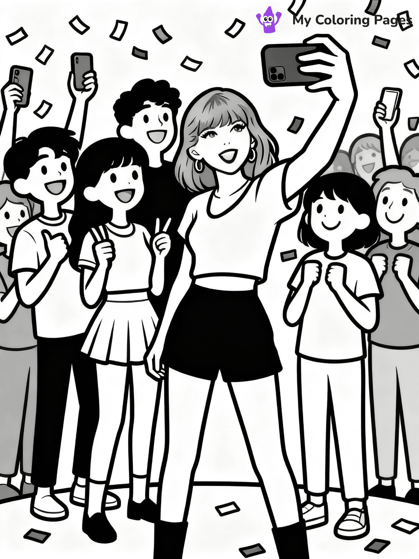 ⚠️ CRITICAL REQUIREMENT - ABSOLUTE BLACK AND WHITE ONLY ⚠️
This MUST be a BLACK AND WHITE line drawing ONLY. NO COLORS whatsoever.
- ONLY pure black lines (#000000) on pure white background (#FFFFFF)
- ABSOLUTELY NO colors, NO shading, NO gradients, NO grayscale
- If there are ANY colors in the output, the image is REJECTED
- This is a COLORING PAGE - meant to be COLORED IN by children
- The output must be UNCOLORED line art ready for coloring
⚠️ SUBJECT TO DRAW: Ultra realistic T Swift with fans, taking selfies, smiles all around, confetti falling. Important: PURE OUTLINES. NO FILLS, COLOR, SHADING, OR GREYSCALE. WHITE BACKGROUND.
(REMEMBER: Output must be BLACK AND WHITE line art only, NOT colored!)
# Flat, Friendly Cartoon Line-Art Coloring Page
You are generating a **pure black-and-white binary image** of a child-friendly cartoon scene combining characters and background scenery in one cohesive composition.
## Rendering Rules (Strict)
- Only two colors: pure black (#000000) outlines and pure white (#FFFFFF) background.
- No grayscale, shading, gradients, tints, fills, transparency, or partial pixels.
- No antialiasing or blended edges; every pixel is 100% black or white.
- No solid black fills inside shapes — all areas inside outlines must remain white.
- No dark clothing areas or filled tone blocks; all garments outlined only.
- No shadows, textures, lighting, or tonal variations.
- Must look like flat binary vector line-art for coloring pages.
## Drawing & Composition
- **Medium, consistent line weight**; clean closed outlines easy to color inside.
- **Flat, simple, child-friendly design** — no realism or 3D depth.
- Characters are **grounded on a surface**, centered and large.
- **Balanced composition** with clear silhouettes and minimal props.
## Scenery & Style
- Landmarks (e.g., mosque, CN Tower) and scenery (trees, benches, waves) drawn with **black outlines only.**
- For real-world figures, teams, or places, show accurate details using only black outlines—no text or logos. Use distinctive uniform patterns, abstract symbols, and landmark silhouettes to convey identity.
- Keep **consistent perspective**; no floating elements.
- **Style:** whimsical **Doodle Art Alley** — rounded, friendly outlines.
- May adapt shapes from **Crayola, Disney, Peppa Pig, Cocomelon** — *by shape only, never color.*
- Final output: **flat, crisp, binary (#000000/#FFFFFF)**, **no filled color or background text.**
EXTREMELYE IMPORTANT:
- PURE BINARY LINE-ART; NO FILLS (HAIR/CLOTHES/SKIN), SHADING, OR GREY.
- NO SHADING, COLOR. MUST BE WHITE BACKGROUND.
⚠️ FINAL REMINDER: Draw the subject "Ultra realistic T Swift with fans, taking selfies, smiles all around, confetti falling. Important: PURE OUTLINES. NO FILLS, COLOR, SHADING, OR GREYSCALE. WHITE BACKGROUND." as BLACK AND WHITE line art. Zero colors in output.