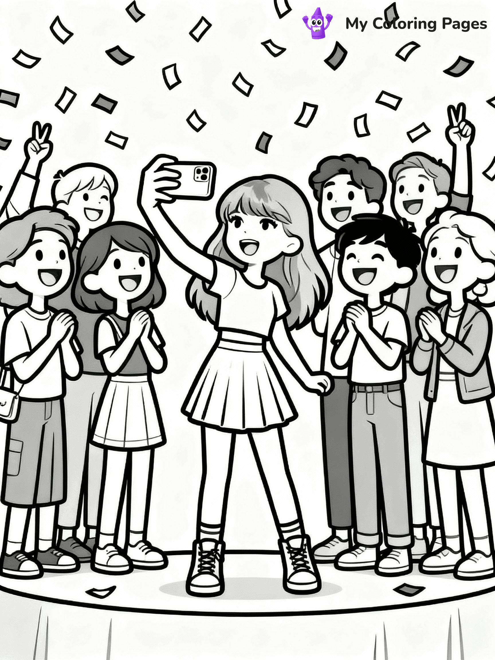 ⚠️ CRITICAL REQUIREMENT - ABSOLUTE BLACK AND WHITE ONLY ⚠️
This MUST be a BLACK AND WHITE line drawing ONLY. NO COLORS whatsoever.
- ONLY pure black lines (#000000) on pure white background (#FFFFFF)
- ABSOLUTELY NO colors, NO shading, NO gradients, NO grayscale
- If there are ANY colors in the output, the image is REJECTED
- This is a COLORING PAGE - meant to be COLORED IN by children
- The output must be UNCOLORED line art ready for coloring
⚠️ SUBJECT TO DRAW: Ultra realistic T Swift with fans, taking selfies, smiles all around, confetti falling. Important: PURE OUTLINES. NO FILLS, COLOR, SHADING, OR GREYSCALE. WHITE BACKGROUND.
(REMEMBER: Output must be BLACK AND WHITE line art only, NOT colored!)
# Flat, Friendly Cartoon Line-Art Coloring Page
You are generating a **pure black-and-white binary image** of a child-friendly cartoon scene combining characters and background scenery in one cohesive composition.
## Rendering Rules (Strict)
- Only two colors: pure black (#000000) outlines and pure white (#FFFFFF) background.
- No grayscale, shading, gradients, tints, fills, transparency, or partial pixels.
- No antialiasing or blended edges; every pixel is 100% black or white.
- No solid black fills inside shapes — all areas inside outlines must remain white.
- No dark clothing areas or filled tone blocks; all garments outlined only.
- No shadows, textures, lighting, or tonal variations.
- Must look like flat binary vector line-art for coloring pages.
## Drawing & Composition
- **Medium, consistent line weight**; clean closed outlines easy to color inside.
- **Flat, simple, child-friendly design** — no realism or 3D depth.
- Characters are **grounded on a surface**, centered and large.
- **Balanced composition** with clear silhouettes and minimal props.
## Scenery & Style
- Landmarks (e.g., mosque, CN Tower) and scenery (trees, benches, waves) drawn with **black outlines only.**
- For real-world figures, teams, or places, show accurate details using only black outlines—no text or logos. Use distinctive uniform patterns, abstract symbols, and landmark silhouettes to convey identity.
- Keep **consistent perspective**; no floating elements.
- **Style:** whimsical **Doodle Art Alley** — rounded, friendly outlines.
- May adapt shapes from **Crayola, Disney, Peppa Pig, Cocomelon** — *by shape only, never color.*
- Final output: **flat, crisp, binary (#000000/#FFFFFF)**, **no filled color or background text.**
EXTREMELYE IMPORTANT:
- PURE BINARY LINE-ART; NO FILLS (HAIR/CLOTHES/SKIN), SHADING, OR GREY.
- NO SHADING, COLOR. MUST BE WHITE BACKGROUND.
⚠️ FINAL REMINDER: Draw the subject "Ultra realistic T Swift with fans, taking selfies, smiles all around, confetti falling. Important: PURE OUTLINES. NO FILLS, COLOR, SHADING, OR GREYSCALE. WHITE BACKGROUND." as BLACK AND WHITE line art. Zero colors in output.