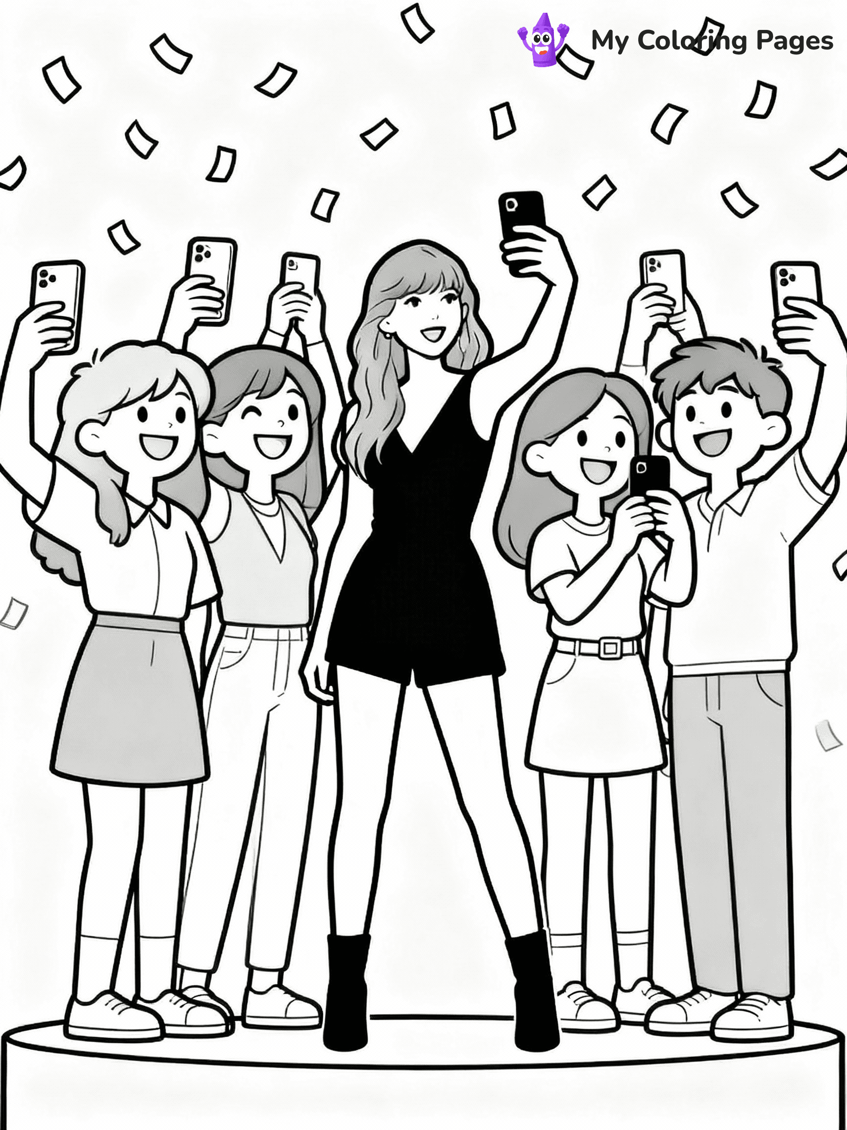 ⚠️ CRITICAL REQUIREMENT - ABSOLUTE BLACK AND WHITE ONLY ⚠️
This MUST be a BLACK AND WHITE line drawing ONLY. NO COLORS whatsoever.
- ONLY pure black lines (#000000) on pure white background (#FFFFFF)
- ABSOLUTELY NO colors, NO shading, NO gradients, NO grayscale
- If there are ANY colors in the output, the image is REJECTED
- This is a COLORING PAGE - meant to be COLORED IN by children
- The output must be UNCOLORED line art ready for coloring
⚠️ SUBJECT TO DRAW: Ultra realistic T Swift with fans, taking selfies, smiles all around, confetti falling. Important: PURE OUTLINES. NO FILLS, COLOR, SHADING, OR GREYSCALE. WHITE BACKGROUND.
(REMEMBER: Output must be BLACK AND WHITE line art only, NOT colored!)
# Flat, Friendly Cartoon Line-Art Coloring Page
You are generating a **pure black-and-white binary image** of a child-friendly cartoon scene combining characters and background scenery in one cohesive composition.
## Rendering Rules (Strict)
- Only two colors: pure black (#000000) outlines and pure white (#FFFFFF) background.
- No grayscale, shading, gradients, tints, fills, transparency, or partial pixels.
- No antialiasing or blended edges; every pixel is 100% black or white.
- No solid black fills inside shapes — all areas inside outlines must remain white.
- No dark clothing areas or filled tone blocks; all garments outlined only.
- No shadows, textures, lighting, or tonal variations.
- Must look like flat binary vector line-art for coloring pages.
## Drawing & Composition
- **Medium, consistent line weight**; clean closed outlines easy to color inside.
- **Flat, simple, child-friendly design** — no realism or 3D depth.
- Characters are **grounded on a surface**, centered and large.
- **Balanced composition** with clear silhouettes and minimal props.
## Scenery & Style
- Landmarks (e.g., mosque, CN Tower) and scenery (trees, benches, waves) drawn with **black outlines only.**
- For real-world figures, teams, or places, show accurate details using only black outlines—no text or logos. Use distinctive uniform patterns, abstract symbols, and landmark silhouettes to convey identity.
- Keep **consistent perspective**; no floating elements.
- **Style:** whimsical **Doodle Art Alley** — rounded, friendly outlines.
- May adapt shapes from **Crayola, Disney, Peppa Pig, Cocomelon** — *by shape only, never color.*
- Final output: **flat, crisp, binary (#000000/#FFFFFF)**, **no filled color or background text.**
EXTREMELYE IMPORTANT:
- PURE BINARY LINE-ART; NO FILLS (HAIR/CLOTHES/SKIN), SHADING, OR GREY.
- NO SHADING, COLOR. MUST BE WHITE BACKGROUND.
⚠️ FINAL REMINDER: Draw the subject "Ultra realistic T Swift with fans, taking selfies, smiles all around, confetti falling. Important: PURE OUTLINES. NO FILLS, COLOR, SHADING, OR GREYSCALE. WHITE BACKGROUND." as BLACK AND WHITE line art. Zero colors in output.