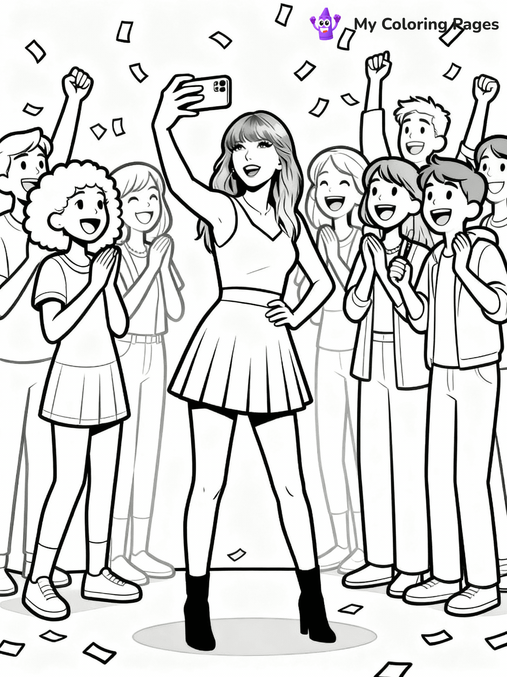 ⚠️ CRITICAL REQUIREMENT - ABSOLUTE BLACK AND WHITE ONLY ⚠️
This MUST be a BLACK AND WHITE line drawing ONLY. NO COLORS whatsoever.
- ONLY pure black lines (#000000) on pure white background (#FFFFFF)
- ABSOLUTELY NO colors, NO shading, NO gradients, NO grayscale
- If there are ANY colors in the output, the image is REJECTED
- This is a COLORING PAGE - meant to be COLORED IN by children
- The output must be UNCOLORED line art ready for coloring
⚠️ SUBJECT TO DRAW: Ultra realistic T Swift with fans, taking selfies, smiles all around, confetti falling. Important: PURE OUTLINES. NO FILLS, COLOR, SHADING, OR GREYSCALE. WHITE BACKGROUND.
(REMEMBER: Output must be BLACK AND WHITE line art only, NOT colored!)
# Flat, Friendly Cartoon Line-Art Coloring Page
You are generating a **pure black-and-white binary image** of a child-friendly cartoon scene combining characters and background scenery in one cohesive composition.
## Rendering Rules (Strict)
- Only two colors: pure black (#000000) outlines and pure white (#FFFFFF) background.
- No grayscale, shading, gradients, tints, fills, transparency, or partial pixels.
- No antialiasing or blended edges; every pixel is 100% black or white.
- No solid black fills inside shapes — all areas inside outlines must remain white.
- No dark clothing areas or filled tone blocks; all garments outlined only.
- No shadows, textures, lighting, or tonal variations.
- Must look like flat binary vector line-art for coloring pages.
## Drawing & Composition
- **Medium, consistent line weight**; clean closed outlines easy to color inside.
- **Flat, simple, child-friendly design** — no realism or 3D depth.
- Characters are **grounded on a surface**, centered and large.
- **Balanced composition** with clear silhouettes and minimal props.
## Scenery & Style
- Landmarks (e.g., mosque, CN Tower) and scenery (trees, benches, waves) drawn with **black outlines only.**
- For real-world figures, teams, or places, show accurate details using only black outlines—no text or logos. Use distinctive uniform patterns, abstract symbols, and landmark silhouettes to convey identity.
- Keep **consistent perspective**; no floating elements.
- **Style:** whimsical **Doodle Art Alley** — rounded, friendly outlines.
- May adapt shapes from **Crayola, Disney, Peppa Pig, Cocomelon** — *by shape only, never color.*
- Final output: **flat, crisp, binary (#000000/#FFFFFF)**, **no filled color or background text.**
EXTREMELYE IMPORTANT:
- PURE BINARY LINE-ART; NO FILLS (HAIR/CLOTHES/SKIN), SHADING, OR GREY.
- NO SHADING, COLOR. MUST BE WHITE BACKGROUND.
⚠️ FINAL REMINDER: Draw the subject "Ultra realistic T Swift with fans, taking selfies, smiles all around, confetti falling. Important: PURE OUTLINES. NO FILLS, COLOR, SHADING, OR GREYSCALE. WHITE BACKGROUND." as BLACK AND WHITE line art. Zero colors in output.