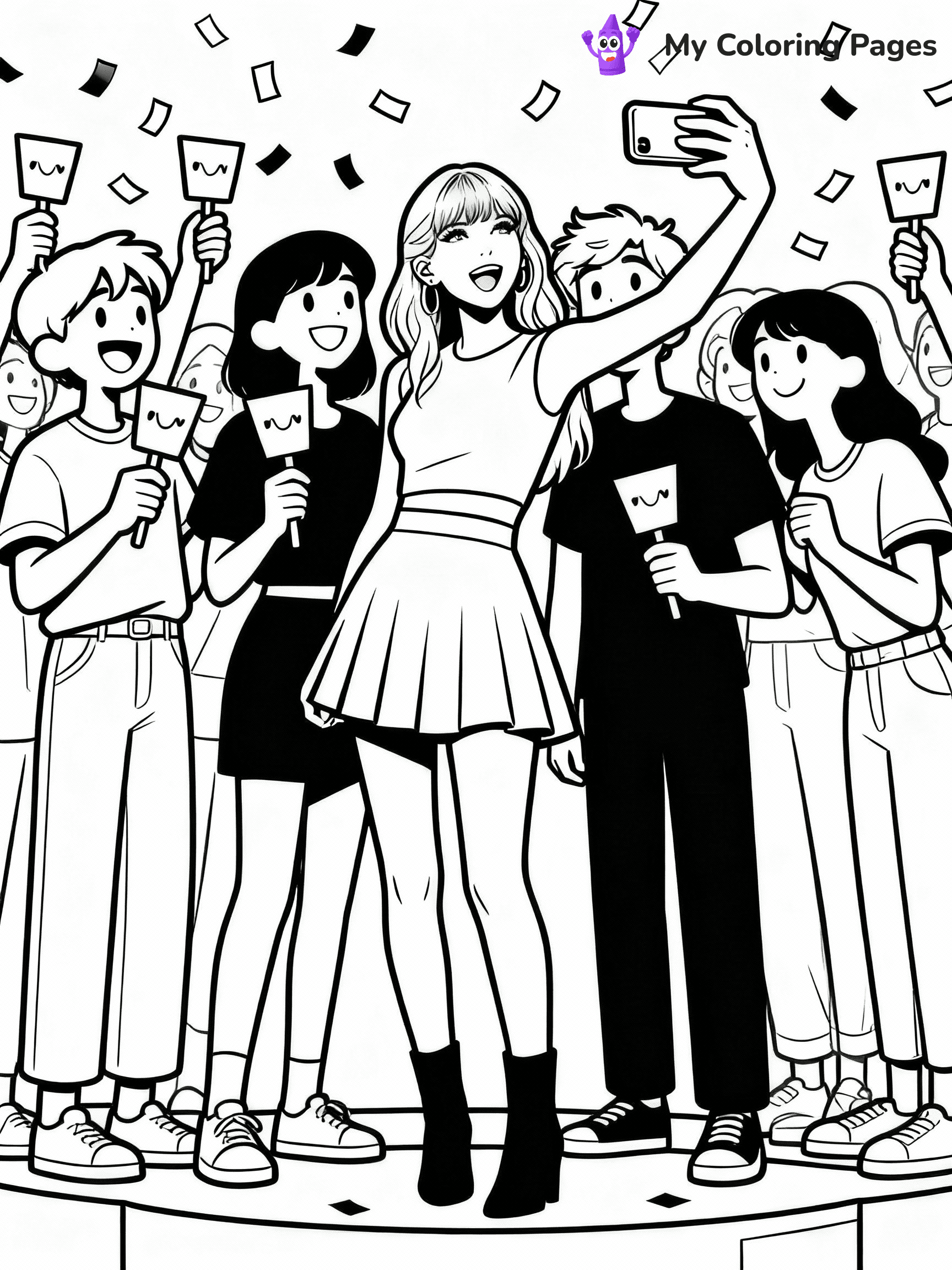 ⚠️ CRITICAL REQUIREMENT - ABSOLUTE BLACK AND WHITE ONLY ⚠️
This MUST be a BLACK AND WHITE line drawing ONLY. NO COLORS whatsoever.
- ONLY pure black lines (#000000) on pure white background (#FFFFFF)
- ABSOLUTELY NO colors, NO shading, NO gradients, NO grayscale
- If there are ANY colors in the output, the image is REJECTED
- This is a COLORING PAGE - meant to be COLORED IN by children
- The output must be UNCOLORED line art ready for coloring
⚠️ SUBJECT TO DRAW: Ultra realistic T Swift with fans, taking selfies, smiles all around, confetti falling. Important: PURE OUTLINES. NO FILLS, COLOR, SHADING, OR GREYSCALE. WHITE BACKGROUND.
(REMEMBER: Output must be BLACK AND WHITE line art only, NOT colored!)
# Flat, Friendly Cartoon Line-Art Coloring Page
You are generating a **pure black-and-white binary image** of a child-friendly cartoon scene combining characters and background scenery in one cohesive composition.
## Rendering Rules (Strict)
- Only two colors: pure black (#000000) outlines and pure white (#FFFFFF) background.
- No grayscale, shading, gradients, tints, fills, transparency, or partial pixels.
- No antialiasing or blended edges; every pixel is 100% black or white.
- No solid black fills inside shapes — all areas inside outlines must remain white.
- No dark clothing areas or filled tone blocks; all garments outlined only.
- No shadows, textures, lighting, or tonal variations.
- Must look like flat binary vector line-art for coloring pages.
## Drawing & Composition
- **Medium, consistent line weight**; clean closed outlines easy to color inside.
- **Flat, simple, child-friendly design** — no realism or 3D depth.
- Characters are **grounded on a surface**, centered and large.
- **Balanced composition** with clear silhouettes and minimal props.
## Scenery & Style
- Landmarks (e.g., mosque, CN Tower) and scenery (trees, benches, waves) drawn with **black outlines only.**
- For real-world figures, teams, or places, show accurate details using only black outlines—no text or logos. Use distinctive uniform patterns, abstract symbols, and landmark silhouettes to convey identity.
- Keep **consistent perspective**; no floating elements.
- **Style:** whimsical **Doodle Art Alley** — rounded, friendly outlines.
- May adapt shapes from **Crayola, Disney, Peppa Pig, Cocomelon** — *by shape only, never color.*
- Final output: **flat, crisp, binary (#000000/#FFFFFF)**, **no filled color or background text.**
EXTREMELYE IMPORTANT:
- PURE BINARY LINE-ART; NO FILLS (HAIR/CLOTHES/SKIN), SHADING, OR GREY.
- NO SHADING, COLOR. MUST BE WHITE BACKGROUND.
⚠️ FINAL REMINDER: Draw the subject "Ultra realistic T Swift with fans, taking selfies, smiles all around, confetti falling. Important: PURE OUTLINES. NO FILLS, COLOR, SHADING, OR GREYSCALE. WHITE BACKGROUND." as BLACK AND WHITE line art. Zero colors in output.