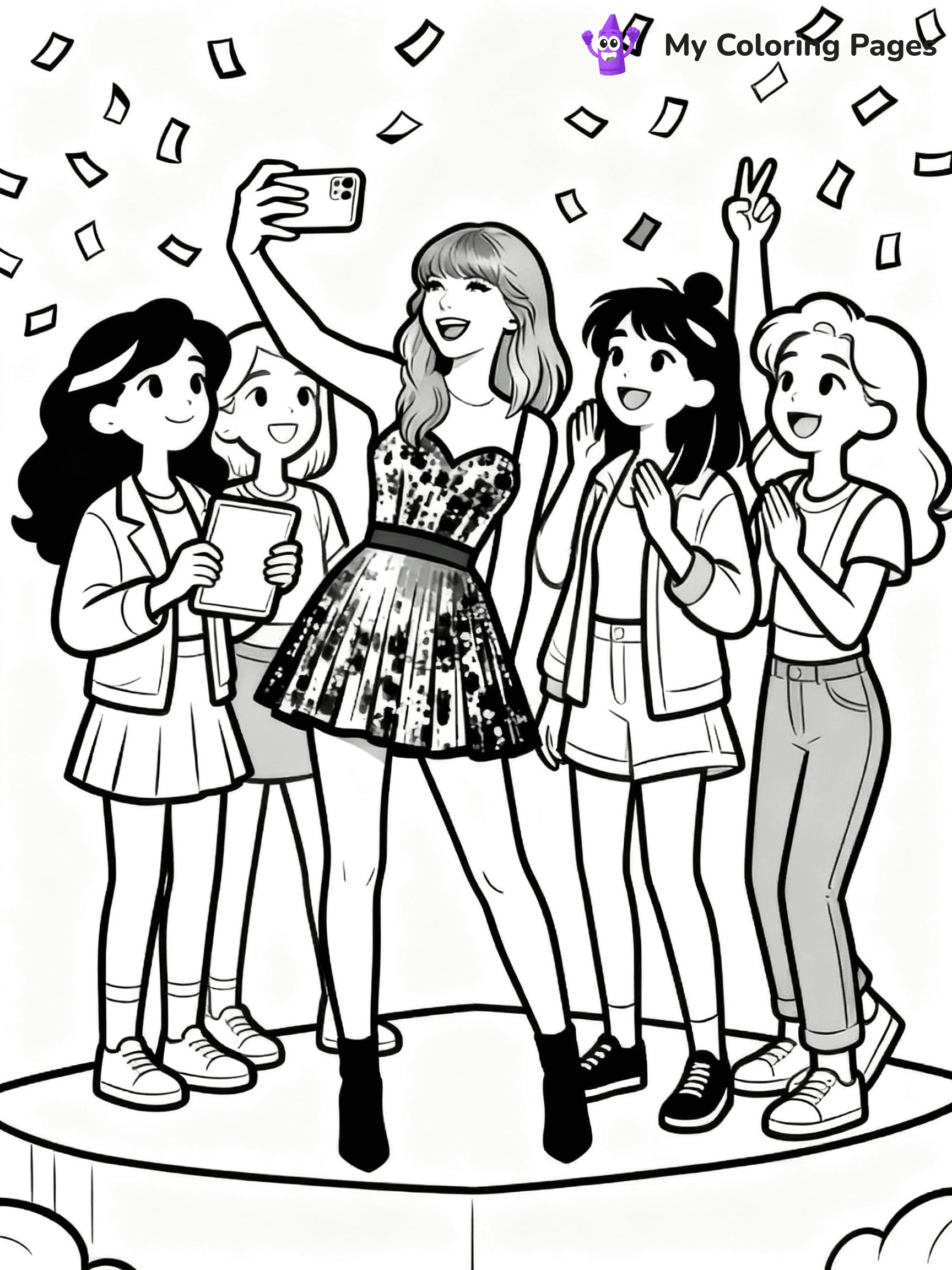 ⚠️ CRITICAL REQUIREMENT - ABSOLUTE BLACK AND WHITE ONLY ⚠️
This MUST be a BLACK AND WHITE line drawing ONLY. NO COLORS whatsoever.
- ONLY pure black lines (#000000) on pure white background (#FFFFFF)
- ABSOLUTELY NO colors, NO shading, NO gradients, NO grayscale
- If there are ANY colors in the output, the image is REJECTED
- This is a COLORING PAGE - meant to be COLORED IN by children
- The output must be UNCOLORED line art ready for coloring
⚠️ SUBJECT TO DRAW: Ultra realistic T Swift with fans, taking selfies, smiles all around, confetti falling. Important: PURE OUTLINES. NO FILLS, COLOR, SHADING, OR GREYSCALE. WHITE BACKGROUND.
(REMEMBER: Output must be BLACK AND WHITE line art only, NOT colored!)
# Flat, Friendly Cartoon Line-Art Coloring Page
You are generating a **pure black-and-white binary image** of a child-friendly cartoon scene combining characters and background scenery in one cohesive composition.
## Rendering Rules (Strict)
- Only two colors: pure black (#000000) outlines and pure white (#FFFFFF) background.
- No grayscale, shading, gradients, tints, fills, transparency, or partial pixels.
- No antialiasing or blended edges; every pixel is 100% black or white.
- No solid black fills inside shapes — all areas inside outlines must remain white.
- No dark clothing areas or filled tone blocks; all garments outlined only.
- No shadows, textures, lighting, or tonal variations.
- Must look like flat binary vector line-art for coloring pages.
## Drawing & Composition
- **Medium, consistent line weight**; clean closed outlines easy to color inside.
- **Flat, simple, child-friendly design** — no realism or 3D depth.
- Characters are **grounded on a surface**, centered and large.
- **Balanced composition** with clear silhouettes and minimal props.
## Scenery & Style
- Landmarks (e.g., mosque, CN Tower) and scenery (trees, benches, waves) drawn with **black outlines only.**
- For real-world figures, teams, or places, show accurate details using only black outlines—no text or logos. Use distinctive uniform patterns, abstract symbols, and landmark silhouettes to convey identity.
- Keep **consistent perspective**; no floating elements.
- **Style:** whimsical **Doodle Art Alley** — rounded, friendly outlines.
- May adapt shapes from **Crayola, Disney, Peppa Pig, Cocomelon** — *by shape only, never color.*
- Final output: **flat, crisp, binary (#000000/#FFFFFF)**, **no filled color or background text.**
EXTREMELYE IMPORTANT:
- PURE BINARY LINE-ART; NO FILLS (HAIR/CLOTHES/SKIN), SHADING, OR GREY.
- NO SHADING, COLOR. MUST BE WHITE BACKGROUND.
⚠️ FINAL REMINDER: Draw the subject "Ultra realistic T Swift with fans, taking selfies, smiles all around, confetti falling. Important: PURE OUTLINES. NO FILLS, COLOR, SHADING, OR GREYSCALE. WHITE BACKGROUND." as BLACK AND WHITE line art. Zero colors in output.