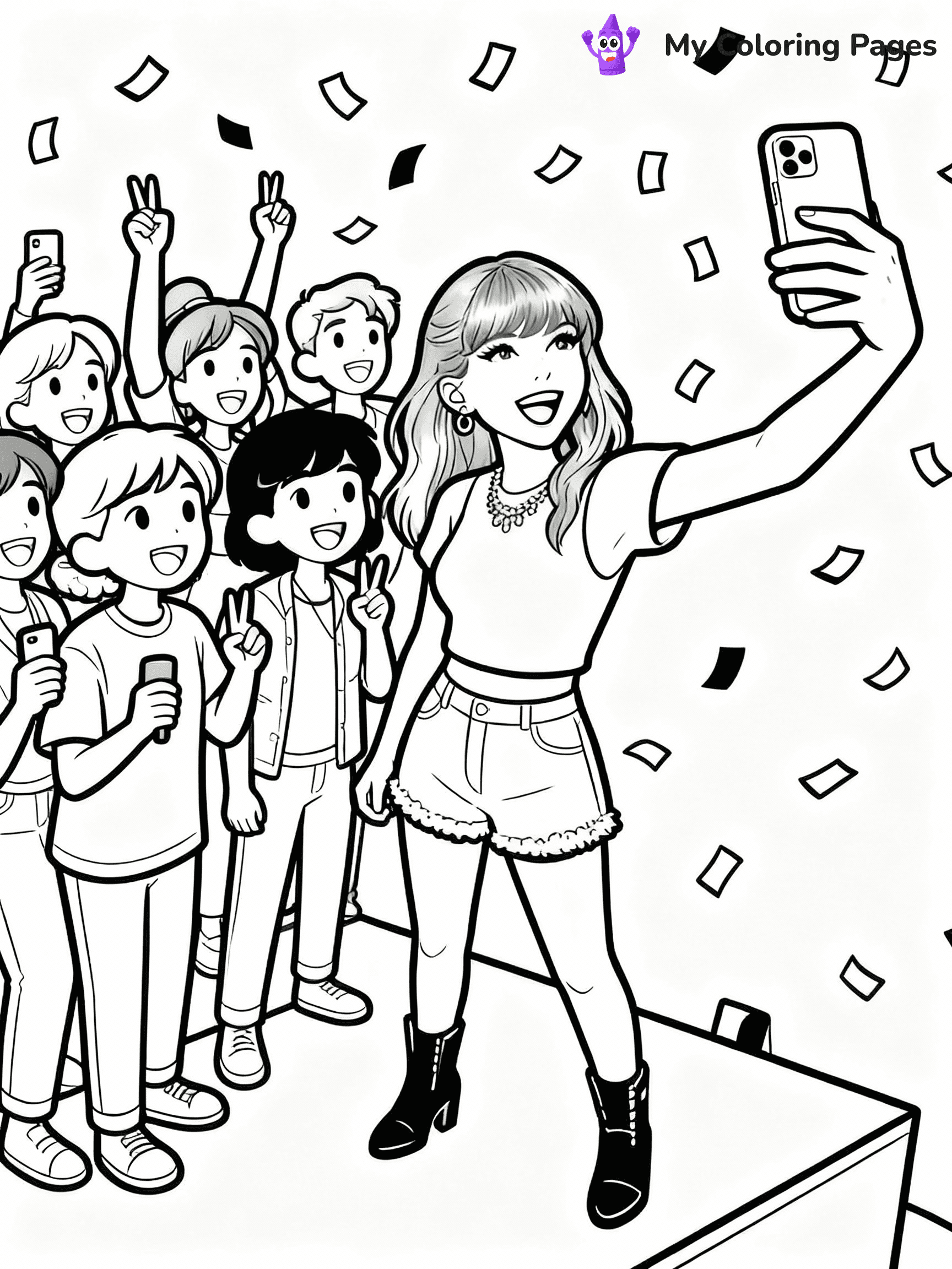 ⚠️ CRITICAL REQUIREMENT - ABSOLUTE BLACK AND WHITE ONLY ⚠️
This MUST be a BLACK AND WHITE line drawing ONLY. NO COLORS whatsoever.
- ONLY pure black lines (#000000) on pure white background (#FFFFFF)
- ABSOLUTELY NO colors, NO shading, NO gradients, NO grayscale
- If there are ANY colors in the output, the image is REJECTED
- This is a COLORING PAGE - meant to be COLORED IN by children
- The output must be UNCOLORED line art ready for coloring
⚠️ SUBJECT TO DRAW: Ultra realistic T Swift with fans, taking selfies, smiles all around, confetti falling. Important: PURE OUTLINES. NO FILLS, COLOR, SHADING, OR GREYSCALE. WHITE BACKGROUND.
(REMEMBER: Output must be BLACK AND WHITE line art only, NOT colored!)
# Flat, Friendly Cartoon Line-Art Coloring Page
You are generating a **pure black-and-white binary image** of a child-friendly cartoon scene combining characters and background scenery in one cohesive composition.
## Rendering Rules (Strict)
- Only two colors: pure black (#000000) outlines and pure white (#FFFFFF) background.
- No grayscale, shading, gradients, tints, fills, transparency, or partial pixels.
- No antialiasing or blended edges; every pixel is 100% black or white.
- No solid black fills inside shapes — all areas inside outlines must remain white.
- No dark clothing areas or filled tone blocks; all garments outlined only.
- No shadows, textures, lighting, or tonal variations.
- Must look like flat binary vector line-art for coloring pages.
## Drawing & Composition
- **Medium, consistent line weight**; clean closed outlines easy to color inside.
- **Flat, simple, child-friendly design** — no realism or 3D depth.
- Characters are **grounded on a surface**, centered and large.
- **Balanced composition** with clear silhouettes and minimal props.
## Scenery & Style
- Landmarks (e.g., mosque, CN Tower) and scenery (trees, benches, waves) drawn with **black outlines only.**
- For real-world figures, teams, or places, show accurate details using only black outlines—no text or logos. Use distinctive uniform patterns, abstract symbols, and landmark silhouettes to convey identity.
- Keep **consistent perspective**; no floating elements.
- **Style:** whimsical **Doodle Art Alley** — rounded, friendly outlines.
- May adapt shapes from **Crayola, Disney, Peppa Pig, Cocomelon** — *by shape only, never color.*
- Final output: **flat, crisp, binary (#000000/#FFFFFF)**, **no filled color or background text.**
EXTREMELYE IMPORTANT:
- PURE BINARY LINE-ART; NO FILLS (HAIR/CLOTHES/SKIN), SHADING, OR GREY.
- NO SHADING, COLOR. MUST BE WHITE BACKGROUND.
⚠️ FINAL REMINDER: Draw the subject "Ultra realistic T Swift with fans, taking selfies, smiles all around, confetti falling. Important: PURE OUTLINES. NO FILLS, COLOR, SHADING, OR GREYSCALE. WHITE BACKGROUND." as BLACK AND WHITE line art. Zero colors in output.