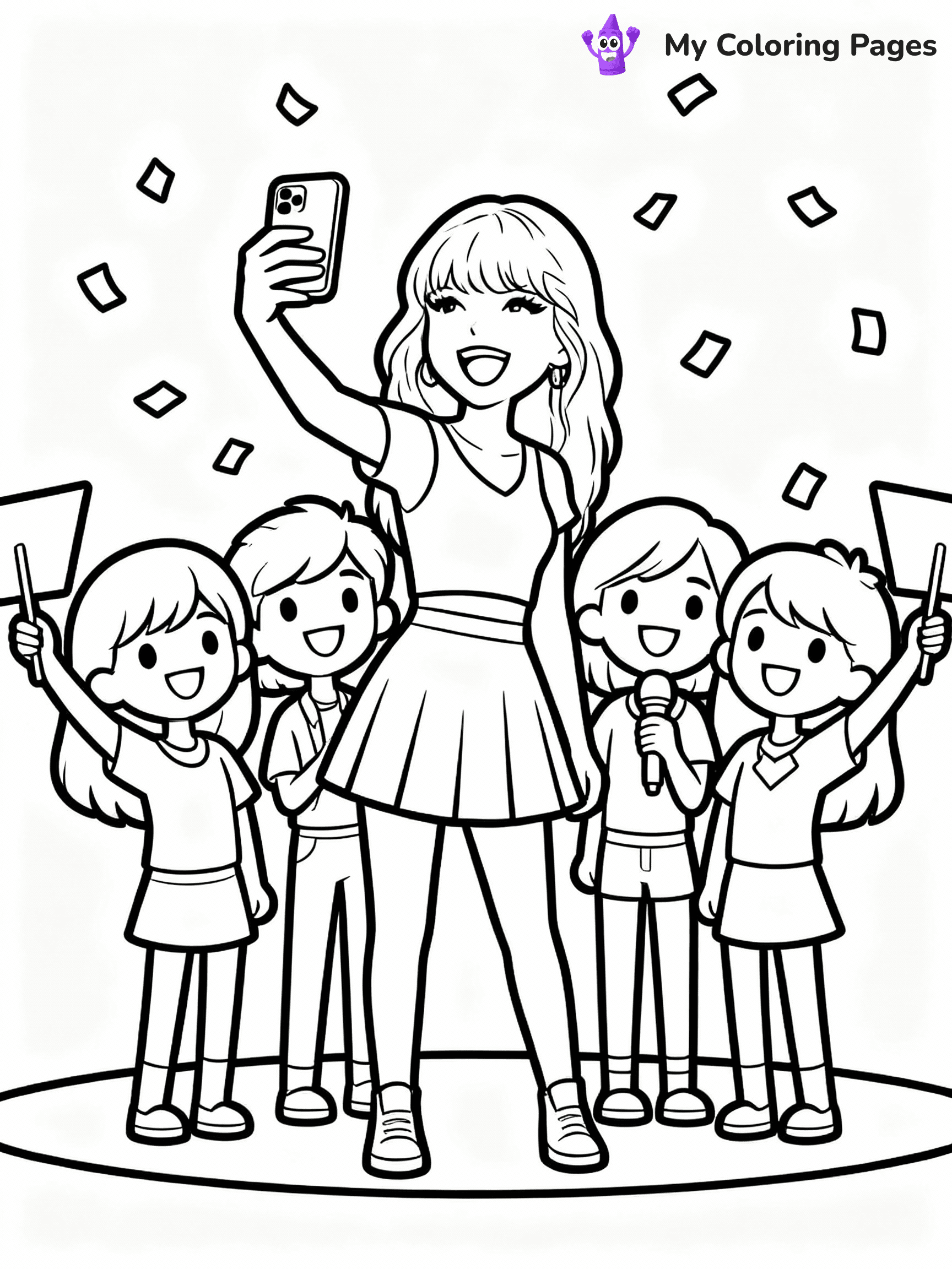 ⚠️ CRITICAL REQUIREMENT - ABSOLUTE BLACK AND WHITE ONLY ⚠️
This MUST be a BLACK AND WHITE line drawing ONLY. NO COLORS whatsoever.
- ONLY pure black lines (#000000) on pure white background (#FFFFFF)
- ABSOLUTELY NO colors, NO shading, NO gradients, NO grayscale
- If there are ANY colors in the output, the image is REJECTED
- This is a COLORING PAGE - meant to be COLORED IN by children
- The output must be UNCOLORED line art ready for coloring
⚠️ SUBJECT TO DRAW: Ultra realistic T Swift with fans, taking selfies, smiles all around, confetti falling. Important: PURE OUTLINES. NO FILLS, COLOR, SHADING, OR GREYSCALE. WHITE BACKGROUND.
(REMEMBER: Output must be BLACK AND WHITE line art only, NOT colored!)
# Flat, Friendly Cartoon Line-Art Coloring Page
You are generating a **pure black-and-white binary image** of a child-friendly cartoon scene combining characters and background scenery in one cohesive composition.
## Rendering Rules (Strict)
- Only two colors: pure black (#000000) outlines and pure white (#FFFFFF) background.
- No grayscale, shading, gradients, tints, fills, transparency, or partial pixels.
- No antialiasing or blended edges; every pixel is 100% black or white.
- No solid black fills inside shapes — all areas inside outlines must remain white.
- No dark clothing areas or filled tone blocks; all garments outlined only.
- No shadows, textures, lighting, or tonal variations.
- Must look like flat binary vector line-art for coloring pages.
## Drawing & Composition
- **Medium, consistent line weight**; clean closed outlines easy to color inside.
- **Flat, simple, child-friendly design** — no realism or 3D depth.
- Characters are **grounded on a surface**, centered and large.
- **Balanced composition** with clear silhouettes and minimal props.
## Scenery & Style
- Landmarks (e.g., mosque, CN Tower) and scenery (trees, benches, waves) drawn with **black outlines only.**
- For real-world figures, teams, or places, show accurate details using only black outlines—no text or logos. Use distinctive uniform patterns, abstract symbols, and landmark silhouettes to convey identity.
- Keep **consistent perspective**; no floating elements.
- **Style:** whimsical **Doodle Art Alley** — rounded, friendly outlines.
- May adapt shapes from **Crayola, Disney, Peppa Pig, Cocomelon** — *by shape only, never color.*
- Final output: **flat, crisp, binary (#000000/#FFFFFF)**, **no filled color or background text.**
EXTREMELYE IMPORTANT:
- PURE BINARY LINE-ART; NO FILLS (HAIR/CLOTHES/SKIN), SHADING, OR GREY.
- NO SHADING, COLOR. MUST BE WHITE BACKGROUND.
⚠️ FINAL REMINDER: Draw the subject "Ultra realistic T Swift with fans, taking selfies, smiles all around, confetti falling. Important: PURE OUTLINES. NO FILLS, COLOR, SHADING, OR GREYSCALE. WHITE BACKGROUND." as BLACK AND WHITE line art. Zero colors in output.