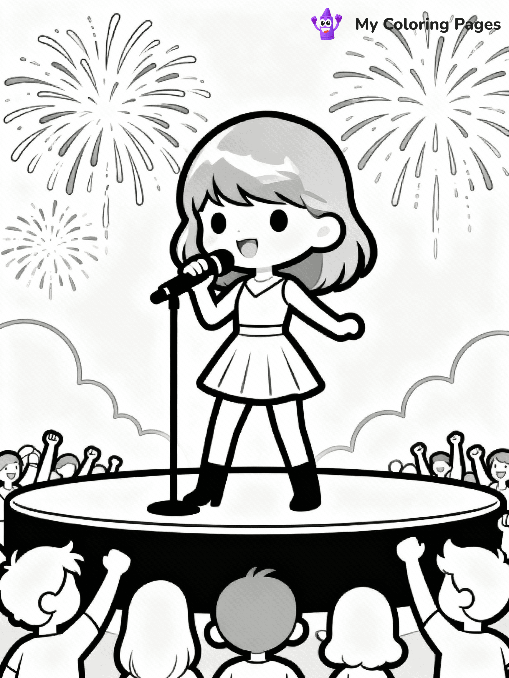 ⚠️ CRITICAL REQUIREMENT - ABSOLUTE BLACK AND WHITE ONLY ⚠️
This MUST be a BLACK AND WHITE line drawing ONLY. NO COLORS whatsoever.
- ONLY pure black lines (#000000) on pure white background (#FFFFFF)
- ABSOLUTELY NO colors, NO shading, NO gradients, NO grayscale
- If there are ANY colors in the output, the image is REJECTED
- This is a COLORING PAGE - meant to be COLORED IN by children
- The output must be UNCOLORED line art ready for coloring
⚠️ SUBJECT TO DRAW: Ultra Realistic T Swift performing on stage, fireworks in background, crowd cheering. Important: PURE OUTLINES. NO FILLS, COLOR, SHADING, OR GREYSCALE. WHITE BACKGROUND.
(REMEMBER: Output must be BLACK AND WHITE line art only, NOT colored!)
# Flat, Friendly Cartoon Line-Art Coloring Page
You are generating a **pure black-and-white binary image** of a child-friendly cartoon scene combining characters and background scenery in one cohesive composition.
## Rendering Rules (Strict)
- Only two colors: pure black (#000000) outlines and pure white (#FFFFFF) background.
- No grayscale, shading, gradients, tints, fills, transparency, or partial pixels.
- No antialiasing or blended edges; every pixel is 100% black or white.
- No solid black fills inside shapes — all areas inside outlines must remain white.
- No dark clothing areas or filled tone blocks; all garments outlined only.
- No shadows, textures, lighting, or tonal variations.
- Must look like flat binary vector line-art for coloring pages.
## Drawing & Composition
- **Medium, consistent line weight**; clean closed outlines easy to color inside.
- **Flat, simple, child-friendly design** — no realism or 3D depth.
- Characters are **grounded on a surface**, centered and large.
- **Balanced composition** with clear silhouettes and minimal props.
## Scenery & Style
- Landmarks (e.g., mosque, CN Tower) and scenery (trees, benches, waves) drawn with **black outlines only.**
- For real-world figures, teams, or places, show accurate details using only black outlines—no text or logos. Use distinctive uniform patterns, abstract symbols, and landmark silhouettes to convey identity.
- Keep **consistent perspective**; no floating elements.
- **Style:** whimsical **Doodle Art Alley** — rounded, friendly outlines.
- May adapt shapes from **Crayola, Disney, Peppa Pig, Cocomelon** — *by shape only, never color.*
- Final output: **flat, crisp, binary (#000000/#FFFFFF)**, **no filled color or background text.**
EXTREMELYE IMPORTANT:
- PURE BINARY LINE-ART; NO FILLS (HAIR/CLOTHES/SKIN), SHADING, OR GREY.
- NO SHADING, COLOR. MUST BE WHITE BACKGROUND.
⚠️ FINAL REMINDER: Draw the subject "Ultra Realistic T Swift performing on stage, fireworks in background, crowd cheering. Important: PURE OUTLINES. NO FILLS, COLOR, SHADING, OR GREYSCALE. WHITE BACKGROUND." as BLACK AND WHITE line art. Zero colors in output.