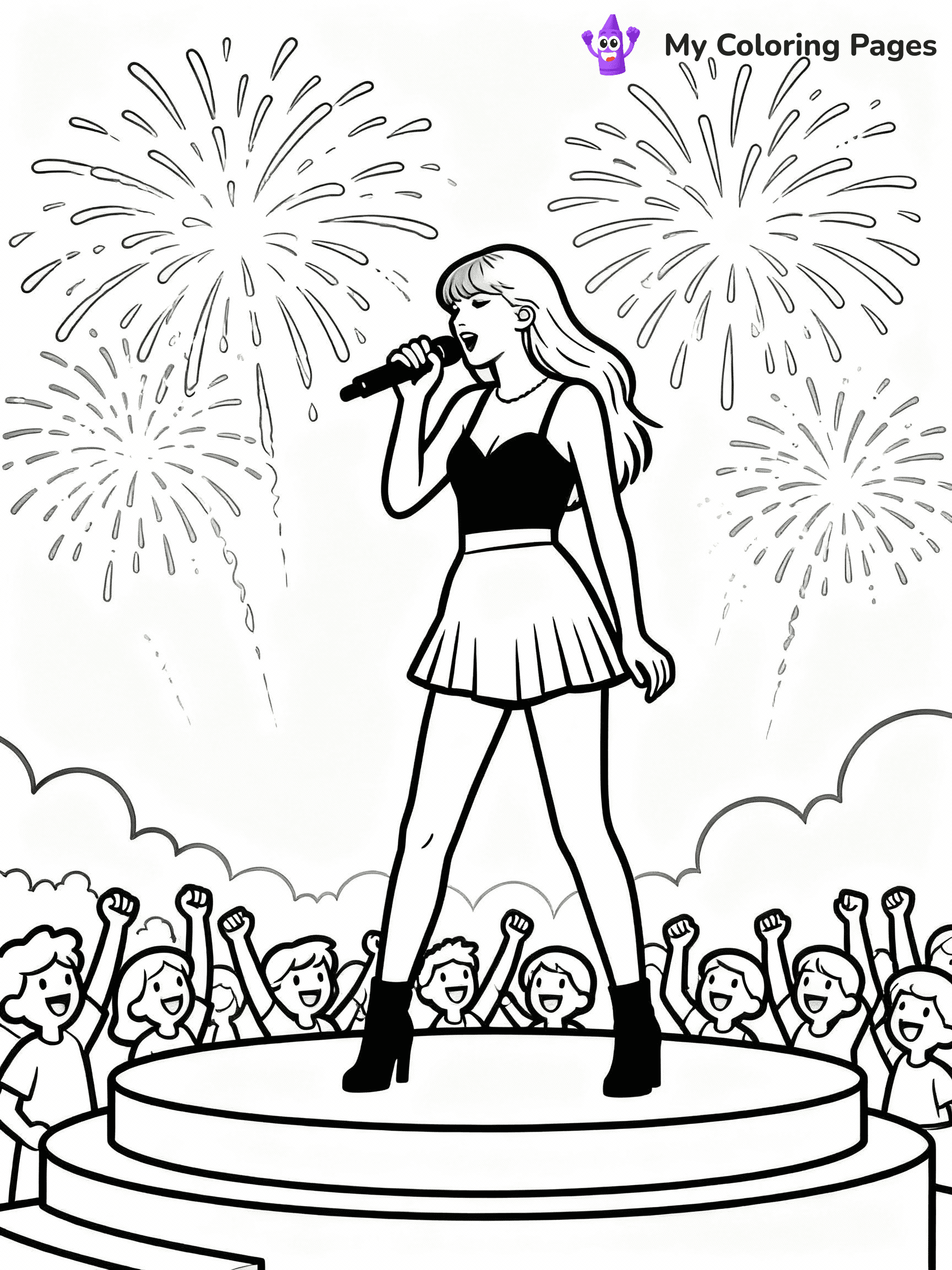 ⚠️ CRITICAL REQUIREMENT - ABSOLUTE BLACK AND WHITE ONLY ⚠️
This MUST be a BLACK AND WHITE line drawing ONLY. NO COLORS whatsoever.
- ONLY pure black lines (#000000) on pure white background (#FFFFFF)
- ABSOLUTELY NO colors, NO shading, NO gradients, NO grayscale
- If there are ANY colors in the output, the image is REJECTED
- This is a COLORING PAGE - meant to be COLORED IN by children
- The output must be UNCOLORED line art ready for coloring
⚠️ SUBJECT TO DRAW: Ultra Realistic T Swift performing on stage, fireworks in background, crowd cheering. Important: PURE OUTLINES. NO FILLS, COLOR, SHADING, OR GREYSCALE. WHITE BACKGROUND.
(REMEMBER: Output must be BLACK AND WHITE line art only, NOT colored!)
# Flat, Friendly Cartoon Line-Art Coloring Page
You are generating a **pure black-and-white binary image** of a child-friendly cartoon scene combining characters and background scenery in one cohesive composition.
## Rendering Rules (Strict)
- Only two colors: pure black (#000000) outlines and pure white (#FFFFFF) background.
- No grayscale, shading, gradients, tints, fills, transparency, or partial pixels.
- No antialiasing or blended edges; every pixel is 100% black or white.
- No solid black fills inside shapes — all areas inside outlines must remain white.
- No dark clothing areas or filled tone blocks; all garments outlined only.
- No shadows, textures, lighting, or tonal variations.
- Must look like flat binary vector line-art for coloring pages.
## Drawing & Composition
- **Medium, consistent line weight**; clean closed outlines easy to color inside.
- **Flat, simple, child-friendly design** — no realism or 3D depth.
- Characters are **grounded on a surface**, centered and large.
- **Balanced composition** with clear silhouettes and minimal props.
## Scenery & Style
- Landmarks (e.g., mosque, CN Tower) and scenery (trees, benches, waves) drawn with **black outlines only.**
- For real-world figures, teams, or places, show accurate details using only black outlines—no text or logos. Use distinctive uniform patterns, abstract symbols, and landmark silhouettes to convey identity.
- Keep **consistent perspective**; no floating elements.
- **Style:** whimsical **Doodle Art Alley** — rounded, friendly outlines.
- May adapt shapes from **Crayola, Disney, Peppa Pig, Cocomelon** — *by shape only, never color.*
- Final output: **flat, crisp, binary (#000000/#FFFFFF)**, **no filled color or background text.**
EXTREMELYE IMPORTANT:
- PURE BINARY LINE-ART; NO FILLS (HAIR/CLOTHES/SKIN), SHADING, OR GREY.
- NO SHADING, COLOR. MUST BE WHITE BACKGROUND.
⚠️ FINAL REMINDER: Draw the subject "Ultra Realistic T Swift performing on stage, fireworks in background, crowd cheering. Important: PURE OUTLINES. NO FILLS, COLOR, SHADING, OR GREYSCALE. WHITE BACKGROUND." as BLACK AND WHITE line art. Zero colors in output.