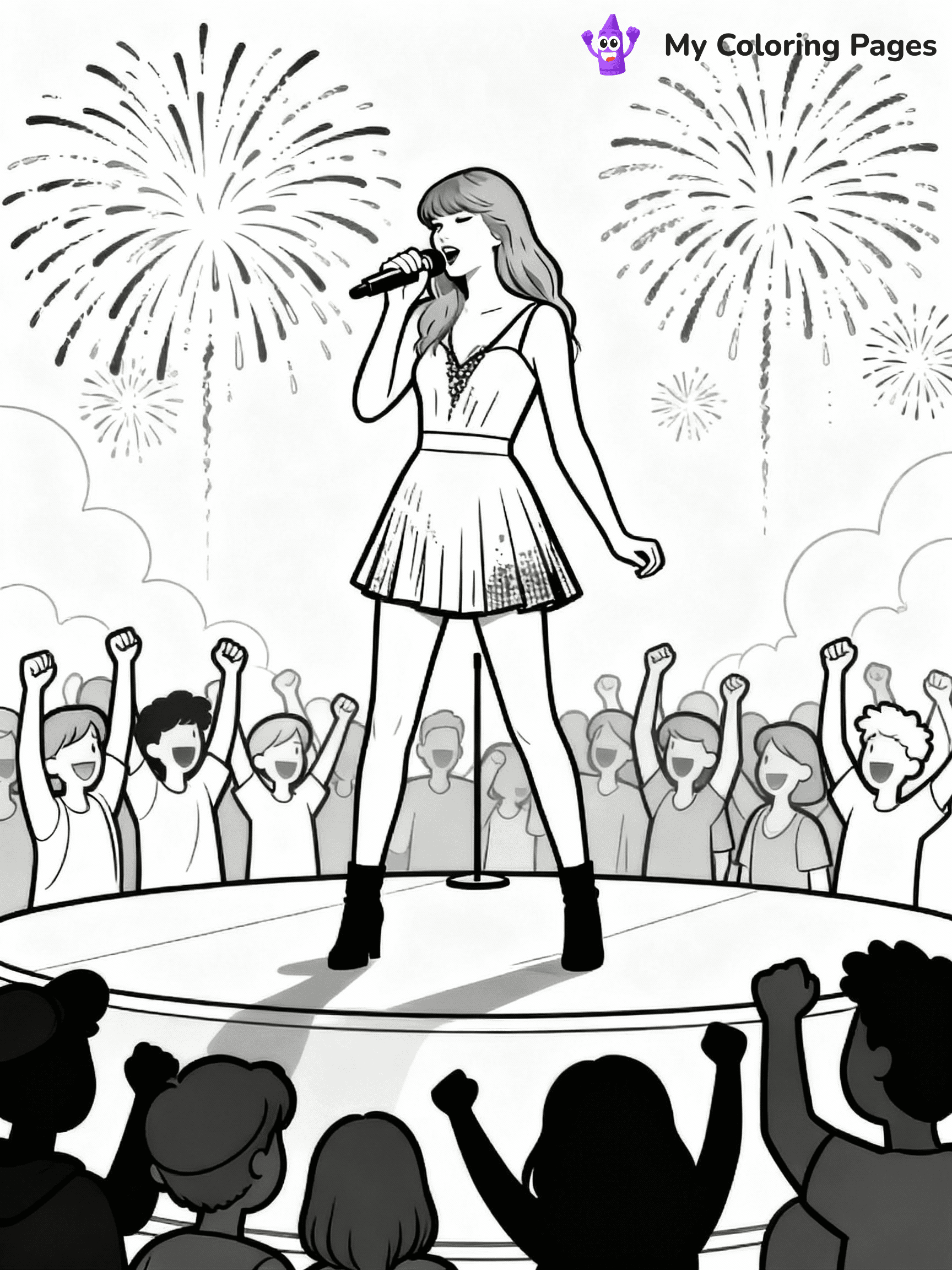 ⚠️ CRITICAL REQUIREMENT - ABSOLUTE BLACK AND WHITE ONLY ⚠️
This MUST be a BLACK AND WHITE line drawing ONLY. NO COLORS whatsoever.
- ONLY pure black lines (#000000) on pure white background (#FFFFFF)
- ABSOLUTELY NO colors, NO shading, NO gradients, NO grayscale
- If there are ANY colors in the output, the image is REJECTED
- This is a COLORING PAGE - meant to be COLORED IN by children
- The output must be UNCOLORED line art ready for coloring
⚠️ SUBJECT TO DRAW: Ultra Realistic T Swift performing on stage, fireworks in background, crowd cheering. Important: PURE OUTLINES. NO FILLS, COLOR, SHADING, OR GREYSCALE. WHITE BACKGROUND.
(REMEMBER: Output must be BLACK AND WHITE line art only, NOT colored!)
# Flat, Friendly Cartoon Line-Art Coloring Page
You are generating a **pure black-and-white binary image** of a child-friendly cartoon scene combining characters and background scenery in one cohesive composition.
## Rendering Rules (Strict)
- Only two colors: pure black (#000000) outlines and pure white (#FFFFFF) background.
- No grayscale, shading, gradients, tints, fills, transparency, or partial pixels.
- No antialiasing or blended edges; every pixel is 100% black or white.
- No solid black fills inside shapes — all areas inside outlines must remain white.
- No dark clothing areas or filled tone blocks; all garments outlined only.
- No shadows, textures, lighting, or tonal variations.
- Must look like flat binary vector line-art for coloring pages.
## Drawing & Composition
- **Medium, consistent line weight**; clean closed outlines easy to color inside.
- **Flat, simple, child-friendly design** — no realism or 3D depth.
- Characters are **grounded on a surface**, centered and large.
- **Balanced composition** with clear silhouettes and minimal props.
## Scenery & Style
- Landmarks (e.g., mosque, CN Tower) and scenery (trees, benches, waves) drawn with **black outlines only.**
- For real-world figures, teams, or places, show accurate details using only black outlines—no text or logos. Use distinctive uniform patterns, abstract symbols, and landmark silhouettes to convey identity.
- Keep **consistent perspective**; no floating elements.
- **Style:** whimsical **Doodle Art Alley** — rounded, friendly outlines.
- May adapt shapes from **Crayola, Disney, Peppa Pig, Cocomelon** — *by shape only, never color.*
- Final output: **flat, crisp, binary (#000000/#FFFFFF)**, **no filled color or background text.**
EXTREMELYE IMPORTANT:
- PURE BINARY LINE-ART; NO FILLS (HAIR/CLOTHES/SKIN), SHADING, OR GREY.
- NO SHADING, COLOR. MUST BE WHITE BACKGROUND.
⚠️ FINAL REMINDER: Draw the subject "Ultra Realistic T Swift performing on stage, fireworks in background, crowd cheering. Important: PURE OUTLINES. NO FILLS, COLOR, SHADING, OR GREYSCALE. WHITE BACKGROUND." as BLACK AND WHITE line art. Zero colors in output.