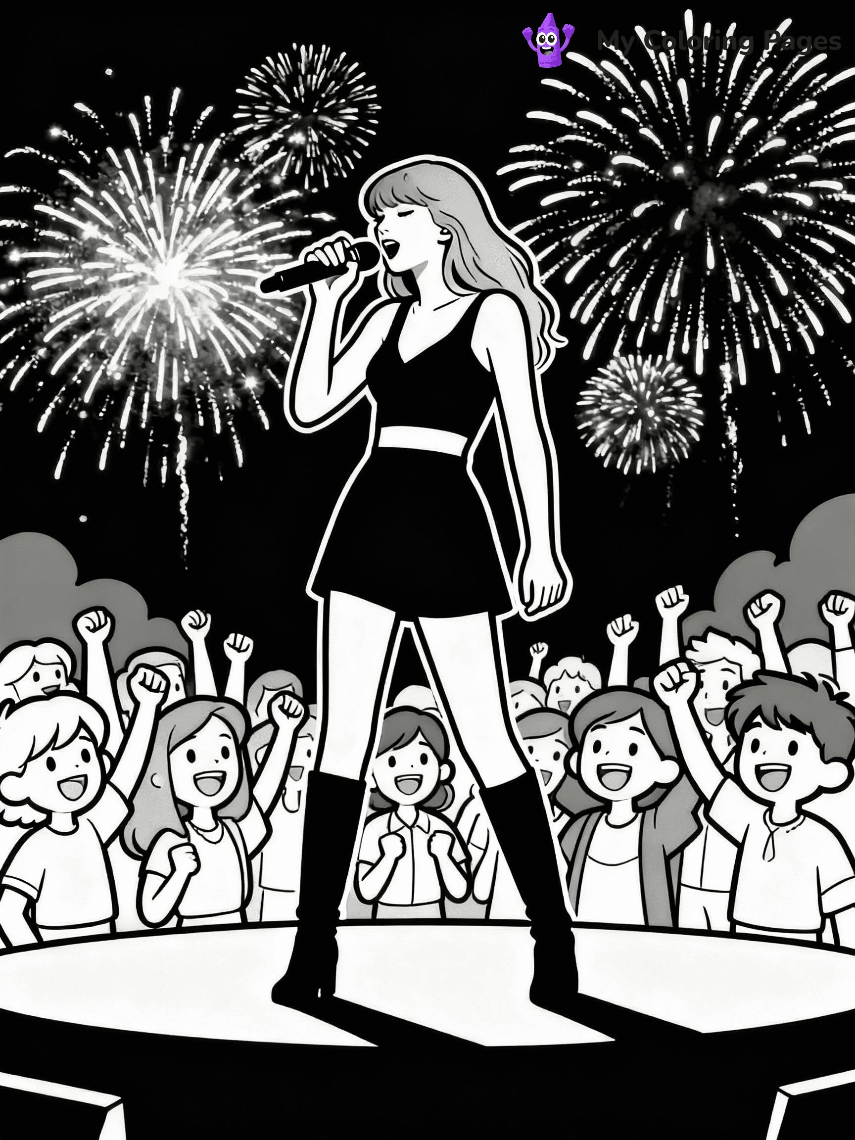 ⚠️ CRITICAL REQUIREMENT - ABSOLUTE BLACK AND WHITE ONLY ⚠️
This MUST be a BLACK AND WHITE line drawing ONLY. NO COLORS whatsoever.
- ONLY pure black lines (#000000) on pure white background (#FFFFFF)
- ABSOLUTELY NO colors, NO shading, NO gradients, NO grayscale
- If there are ANY colors in the output, the image is REJECTED
- This is a COLORING PAGE - meant to be COLORED IN by children
- The output must be UNCOLORED line art ready for coloring
⚠️ SUBJECT TO DRAW: Ultra Realistic T Swift performing on stage, fireworks in background, crowd cheering. Important: PURE OUTLINES. NO FILLS, COLOR, SHADING, OR GREYSCALE. WHITE BACKGROUND.
(REMEMBER: Output must be BLACK AND WHITE line art only, NOT colored!)
# Flat, Friendly Cartoon Line-Art Coloring Page
You are generating a **pure black-and-white binary image** of a child-friendly cartoon scene combining characters and background scenery in one cohesive composition.
## Rendering Rules (Strict)
- Only two colors: pure black (#000000) outlines and pure white (#FFFFFF) background.
- No grayscale, shading, gradients, tints, fills, transparency, or partial pixels.
- No antialiasing or blended edges; every pixel is 100% black or white.
- No solid black fills inside shapes — all areas inside outlines must remain white.
- No dark clothing areas or filled tone blocks; all garments outlined only.
- No shadows, textures, lighting, or tonal variations.
- Must look like flat binary vector line-art for coloring pages.
## Drawing & Composition
- **Medium, consistent line weight**; clean closed outlines easy to color inside.
- **Flat, simple, child-friendly design** — no realism or 3D depth.
- Characters are **grounded on a surface**, centered and large.
- **Balanced composition** with clear silhouettes and minimal props.
## Scenery & Style
- Landmarks (e.g., mosque, CN Tower) and scenery (trees, benches, waves) drawn with **black outlines only.**
- For real-world figures, teams, or places, show accurate details using only black outlines—no text or logos. Use distinctive uniform patterns, abstract symbols, and landmark silhouettes to convey identity.
- Keep **consistent perspective**; no floating elements.
- **Style:** whimsical **Doodle Art Alley** — rounded, friendly outlines.
- May adapt shapes from **Crayola, Disney, Peppa Pig, Cocomelon** — *by shape only, never color.*
- Final output: **flat, crisp, binary (#000000/#FFFFFF)**, **no filled color or background text.**
EXTREMELYE IMPORTANT:
- PURE BINARY LINE-ART; NO FILLS (HAIR/CLOTHES/SKIN), SHADING, OR GREY.
- NO SHADING, COLOR. MUST BE WHITE BACKGROUND.
⚠️ FINAL REMINDER: Draw the subject "Ultra Realistic T Swift performing on stage, fireworks in background, crowd cheering. Important: PURE OUTLINES. NO FILLS, COLOR, SHADING, OR GREYSCALE. WHITE BACKGROUND." as BLACK AND WHITE line art. Zero colors in output.