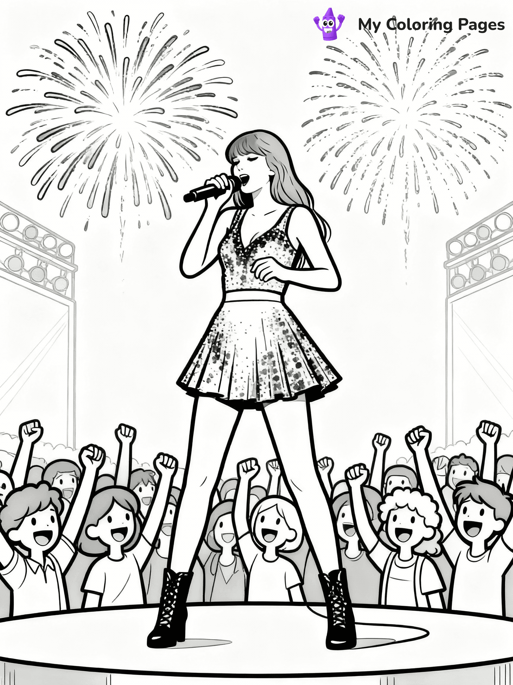 ⚠️ CRITICAL REQUIREMENT - ABSOLUTE BLACK AND WHITE ONLY ⚠️
This MUST be a BLACK AND WHITE line drawing ONLY. NO COLORS whatsoever.
- ONLY pure black lines (#000000) on pure white background (#FFFFFF)
- ABSOLUTELY NO colors, NO shading, NO gradients, NO grayscale
- If there are ANY colors in the output, the image is REJECTED
- This is a COLORING PAGE - meant to be COLORED IN by children
- The output must be UNCOLORED line art ready for coloring
⚠️ SUBJECT TO DRAW: Ultra Realistic T Swift performing on stage, fireworks in background, crowd cheering. Important: PURE OUTLINES. NO FILLS, COLOR, SHADING, OR GREYSCALE. WHITE BACKGROUND.
(REMEMBER: Output must be BLACK AND WHITE line art only, NOT colored!)
# Flat, Friendly Cartoon Line-Art Coloring Page
You are generating a **pure black-and-white binary image** of a child-friendly cartoon scene combining characters and background scenery in one cohesive composition.
## Rendering Rules (Strict)
- Only two colors: pure black (#000000) outlines and pure white (#FFFFFF) background.
- No grayscale, shading, gradients, tints, fills, transparency, or partial pixels.
- No antialiasing or blended edges; every pixel is 100% black or white.
- No solid black fills inside shapes — all areas inside outlines must remain white.
- No dark clothing areas or filled tone blocks; all garments outlined only.
- No shadows, textures, lighting, or tonal variations.
- Must look like flat binary vector line-art for coloring pages.
## Drawing & Composition
- **Medium, consistent line weight**; clean closed outlines easy to color inside.
- **Flat, simple, child-friendly design** — no realism or 3D depth.
- Characters are **grounded on a surface**, centered and large.
- **Balanced composition** with clear silhouettes and minimal props.
## Scenery & Style
- Landmarks (e.g., mosque, CN Tower) and scenery (trees, benches, waves) drawn with **black outlines only.**
- For real-world figures, teams, or places, show accurate details using only black outlines—no text or logos. Use distinctive uniform patterns, abstract symbols, and landmark silhouettes to convey identity.
- Keep **consistent perspective**; no floating elements.
- **Style:** whimsical **Doodle Art Alley** — rounded, friendly outlines.
- May adapt shapes from **Crayola, Disney, Peppa Pig, Cocomelon** — *by shape only, never color.*
- Final output: **flat, crisp, binary (#000000/#FFFFFF)**, **no filled color or background text.**
EXTREMELYE IMPORTANT:
- PURE BINARY LINE-ART; NO FILLS (HAIR/CLOTHES/SKIN), SHADING, OR GREY.
- NO SHADING, COLOR. MUST BE WHITE BACKGROUND.
⚠️ FINAL REMINDER: Draw the subject "Ultra Realistic T Swift performing on stage, fireworks in background, crowd cheering. Important: PURE OUTLINES. NO FILLS, COLOR, SHADING, OR GREYSCALE. WHITE BACKGROUND." as BLACK AND WHITE line art. Zero colors in output.