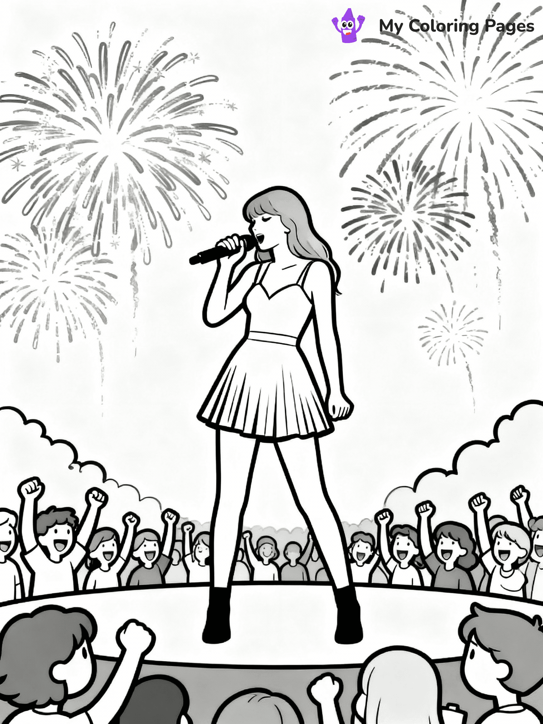 ⚠️ CRITICAL REQUIREMENT - ABSOLUTE BLACK AND WHITE ONLY ⚠️
This MUST be a BLACK AND WHITE line drawing ONLY. NO COLORS whatsoever.
- ONLY pure black lines (#000000) on pure white background (#FFFFFF)
- ABSOLUTELY NO colors, NO shading, NO gradients, NO grayscale
- If there are ANY colors in the output, the image is REJECTED
- This is a COLORING PAGE - meant to be COLORED IN by children
- The output must be UNCOLORED line art ready for coloring
⚠️ SUBJECT TO DRAW: Ultra Realistic T Swift performing on stage, fireworks in background, crowd cheering. Important: PURE OUTLINES. NO FILLS, COLOR, SHADING, OR GREYSCALE. WHITE BACKGROUND.
(REMEMBER: Output must be BLACK AND WHITE line art only, NOT colored!)
# Flat, Friendly Cartoon Line-Art Coloring Page
You are generating a **pure black-and-white binary image** of a child-friendly cartoon scene combining characters and background scenery in one cohesive composition.
## Rendering Rules (Strict)
- Only two colors: pure black (#000000) outlines and pure white (#FFFFFF) background.
- No grayscale, shading, gradients, tints, fills, transparency, or partial pixels.
- No antialiasing or blended edges; every pixel is 100% black or white.
- No solid black fills inside shapes — all areas inside outlines must remain white.
- No dark clothing areas or filled tone blocks; all garments outlined only.
- No shadows, textures, lighting, or tonal variations.
- Must look like flat binary vector line-art for coloring pages.
## Drawing & Composition
- **Medium, consistent line weight**; clean closed outlines easy to color inside.
- **Flat, simple, child-friendly design** — no realism or 3D depth.
- Characters are **grounded on a surface**, centered and large.
- **Balanced composition** with clear silhouettes and minimal props.
## Scenery & Style
- Landmarks (e.g., mosque, CN Tower) and scenery (trees, benches, waves) drawn with **black outlines only.**
- For real-world figures, teams, or places, show accurate details using only black outlines—no text or logos. Use distinctive uniform patterns, abstract symbols, and landmark silhouettes to convey identity.
- Keep **consistent perspective**; no floating elements.
- **Style:** whimsical **Doodle Art Alley** — rounded, friendly outlines.
- May adapt shapes from **Crayola, Disney, Peppa Pig, Cocomelon** — *by shape only, never color.*
- Final output: **flat, crisp, binary (#000000/#FFFFFF)**, **no filled color or background text.**
EXTREMELYE IMPORTANT:
- PURE BINARY LINE-ART; NO FILLS (HAIR/CLOTHES/SKIN), SHADING, OR GREY.
- NO SHADING, COLOR. MUST BE WHITE BACKGROUND.
⚠️ FINAL REMINDER: Draw the subject "Ultra Realistic T Swift performing on stage, fireworks in background, crowd cheering. Important: PURE OUTLINES. NO FILLS, COLOR, SHADING, OR GREYSCALE. WHITE BACKGROUND." as BLACK AND WHITE line art. Zero colors in output.