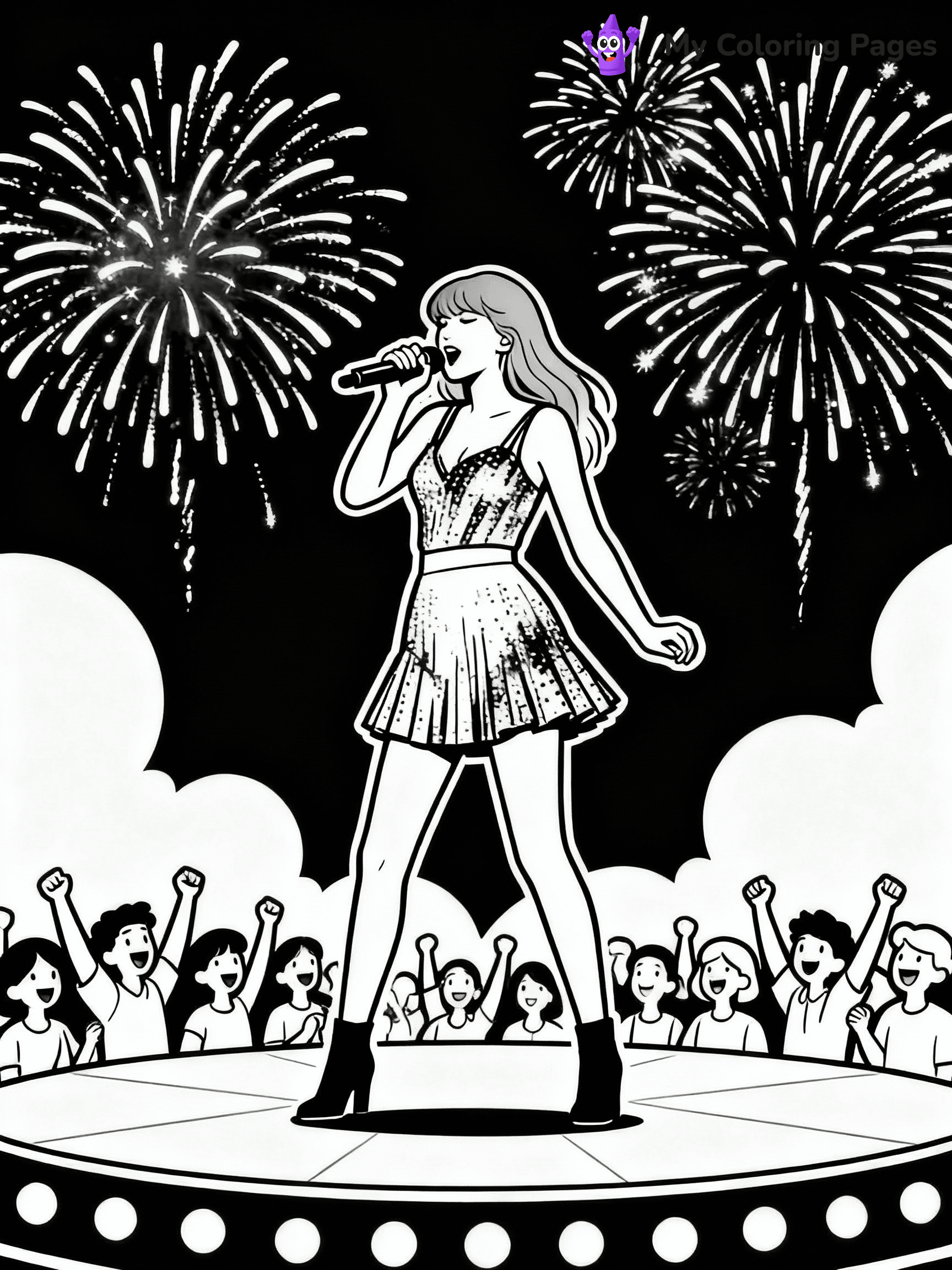 ⚠️ CRITICAL REQUIREMENT - ABSOLUTE BLACK AND WHITE ONLY ⚠️
This MUST be a BLACK AND WHITE line drawing ONLY. NO COLORS whatsoever.
- ONLY pure black lines (#000000) on pure white background (#FFFFFF)
- ABSOLUTELY NO colors, NO shading, NO gradients, NO grayscale
- If there are ANY colors in the output, the image is REJECTED
- This is a COLORING PAGE - meant to be COLORED IN by children
- The output must be UNCOLORED line art ready for coloring
⚠️ SUBJECT TO DRAW: Ultra Realistic T Swift performing on stage, fireworks in background, crowd cheering. Important: PURE OUTLINES. NO FILLS, COLOR, SHADING, OR GREYSCALE. WHITE BACKGROUND.
(REMEMBER: Output must be BLACK AND WHITE line art only, NOT colored!)
# Flat, Friendly Cartoon Line-Art Coloring Page
You are generating a **pure black-and-white binary image** of a child-friendly cartoon scene combining characters and background scenery in one cohesive composition.
## Rendering Rules (Strict)
- Only two colors: pure black (#000000) outlines and pure white (#FFFFFF) background.
- No grayscale, shading, gradients, tints, fills, transparency, or partial pixels.
- No antialiasing or blended edges; every pixel is 100% black or white.
- No solid black fills inside shapes — all areas inside outlines must remain white.
- No dark clothing areas or filled tone blocks; all garments outlined only.
- No shadows, textures, lighting, or tonal variations.
- Must look like flat binary vector line-art for coloring pages.
## Drawing & Composition
- **Medium, consistent line weight**; clean closed outlines easy to color inside.
- **Flat, simple, child-friendly design** — no realism or 3D depth.
- Characters are **grounded on a surface**, centered and large.
- **Balanced composition** with clear silhouettes and minimal props.
## Scenery & Style
- Landmarks (e.g., mosque, CN Tower) and scenery (trees, benches, waves) drawn with **black outlines only.**
- For real-world figures, teams, or places, show accurate details using only black outlines—no text or logos. Use distinctive uniform patterns, abstract symbols, and landmark silhouettes to convey identity.
- Keep **consistent perspective**; no floating elements.
- **Style:** whimsical **Doodle Art Alley** — rounded, friendly outlines.
- May adapt shapes from **Crayola, Disney, Peppa Pig, Cocomelon** — *by shape only, never color.*
- Final output: **flat, crisp, binary (#000000/#FFFFFF)**, **no filled color or background text.**
EXTREMELYE IMPORTANT:
- PURE BINARY LINE-ART; NO FILLS (HAIR/CLOTHES/SKIN), SHADING, OR GREY.
- NO SHADING, COLOR. MUST BE WHITE BACKGROUND.
⚠️ FINAL REMINDER: Draw the subject "Ultra Realistic T Swift performing on stage, fireworks in background, crowd cheering. Important: PURE OUTLINES. NO FILLS, COLOR, SHADING, OR GREYSCALE. WHITE BACKGROUND." as BLACK AND WHITE line art. Zero colors in output.