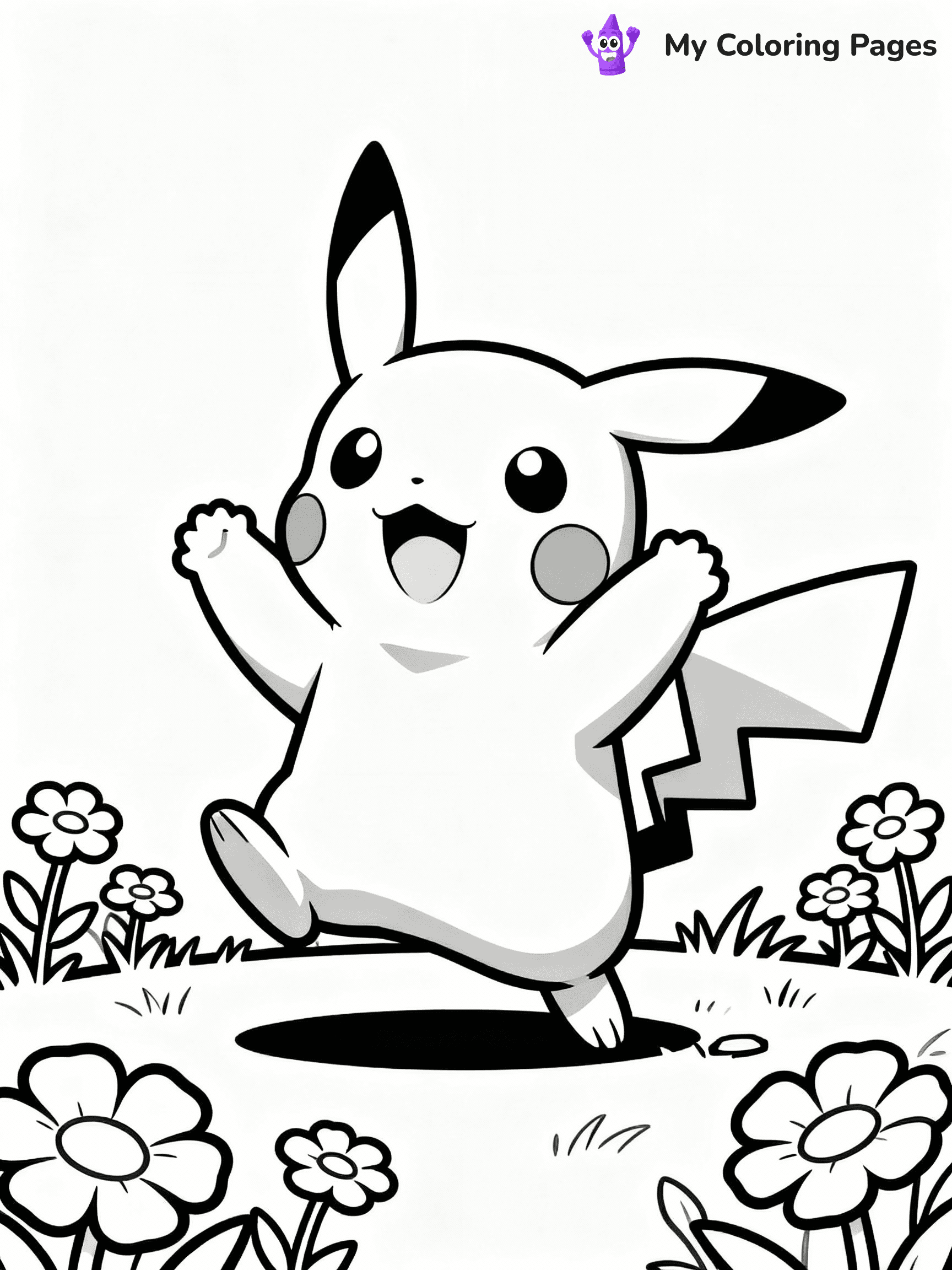 ⚠️ CRITICAL REQUIREMENT - ABSOLUTE BLACK AND WHITE ONLY ⚠️
This MUST be a BLACK AND WHITE line drawing ONLY. NO COLORS whatsoever.
- ONLY pure black lines (#000000) on pure white background (#FFFFFF)
- ABSOLUTELY NO colors, NO shading, NO gradients, NO grayscale
- If there are ANY colors in the output, the image is REJECTED
- This is a COLORING PAGE - meant to be COLORED IN by children
- The output must be UNCOLORED line art ready for coloring
⚠️ SUBJECT TO DRAW: Pikachu from Pokémon playing in a field, flowers blooming around. Important: PURE OUTLINES. NO FILLS, COLOR, SHADING, OR GREYSCALE. WHITE BACKGROUND.
(REMEMBER: Output must be BLACK AND WHITE line art only, NOT colored!)
# Flat, Friendly Cartoon Line-Art Coloring Page
You are generating a **pure black-and-white binary image** of a child-friendly cartoon scene combining characters and background scenery in one cohesive composition.
## Rendering Rules (Strict)
- Only two colors: pure black (#000000) outlines and pure white (#FFFFFF) background.
- No grayscale, shading, gradients, tints, fills, transparency, or partial pixels.
- No antialiasing or blended edges; every pixel is 100% black or white.
- No solid black fills inside shapes — all areas inside outlines must remain white.
- No dark clothing areas or filled tone blocks; all garments outlined only.
- No shadows, textures, lighting, or tonal variations.
- Must look like flat binary vector line-art for coloring pages.
## Drawing & Composition
- **Medium, consistent line weight**; clean closed outlines easy to color inside.
- **Flat, simple, child-friendly design** — no realism or 3D depth.
- Characters are **grounded on a surface**, centered and large.
- **Balanced composition** with clear silhouettes and minimal props.
## Scenery & Style
- Landmarks (e.g., mosque, CN Tower) and scenery (trees, benches, waves) drawn with **black outlines only.**
- For real-world figures, teams, or places, show accurate details using only black outlines—no text or logos. Use distinctive uniform patterns, abstract symbols, and landmark silhouettes to convey identity.
- Keep **consistent perspective**; no floating elements.
- **Style:** whimsical **Doodle Art Alley** — rounded, friendly outlines.
- May adapt shapes from **Crayola, Disney, Peppa Pig, Cocomelon** — *by shape only, never color.*
- Final output: **flat, crisp, binary (#000000/#FFFFFF)**, **no filled color or background text.**
EXTREMELYE IMPORTANT:
- PURE BINARY LINE-ART; NO FILLS (HAIR/CLOTHES/SKIN), SHADING, OR GREY.
- NO SHADING, COLOR. MUST BE WHITE BACKGROUND.
⚠️ FINAL REMINDER: Draw the subject "Pikachu from Pokémon playing in a field, flowers blooming around. Important: PURE OUTLINES. NO FILLS, COLOR, SHADING, OR GREYSCALE. WHITE BACKGROUND." as BLACK AND WHITE line art. Zero colors in output.