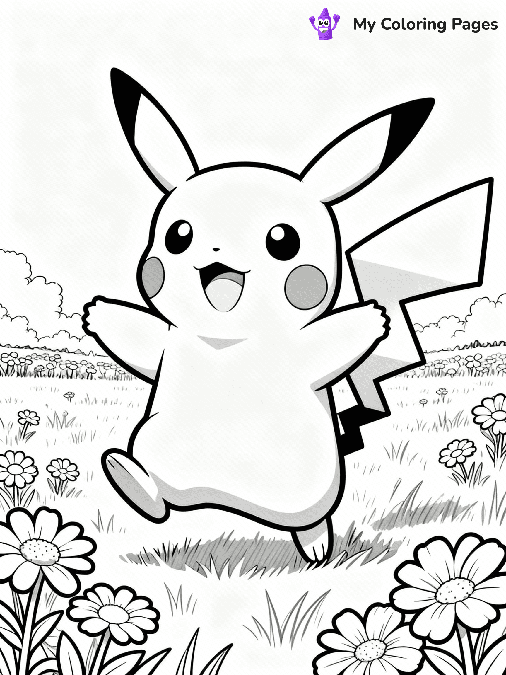 ⚠️ CRITICAL REQUIREMENT - ABSOLUTE BLACK AND WHITE ONLY ⚠️
This MUST be a BLACK AND WHITE line drawing ONLY. NO COLORS whatsoever.
- ONLY pure black lines (#000000) on pure white background (#FFFFFF)
- ABSOLUTELY NO colors, NO shading, NO gradients, NO grayscale
- If there are ANY colors in the output, the image is REJECTED
- This is a COLORING PAGE - meant to be COLORED IN by children
- The output must be UNCOLORED line art ready for coloring
⚠️ SUBJECT TO DRAW: Pikachu from Pokémon playing in a field, flowers blooming around. Important: PURE OUTLINES. NO FILLS, COLOR, SHADING, OR GREYSCALE. WHITE BACKGROUND.
(REMEMBER: Output must be BLACK AND WHITE line art only, NOT colored!)
# Flat, Friendly Cartoon Line-Art Coloring Page
You are generating a **pure black-and-white binary image** of a child-friendly cartoon scene combining characters and background scenery in one cohesive composition.
## Rendering Rules (Strict)
- Only two colors: pure black (#000000) outlines and pure white (#FFFFFF) background.
- No grayscale, shading, gradients, tints, fills, transparency, or partial pixels.
- No antialiasing or blended edges; every pixel is 100% black or white.
- No solid black fills inside shapes — all areas inside outlines must remain white.
- No dark clothing areas or filled tone blocks; all garments outlined only.
- No shadows, textures, lighting, or tonal variations.
- Must look like flat binary vector line-art for coloring pages.
## Drawing & Composition
- **Medium, consistent line weight**; clean closed outlines easy to color inside.
- **Flat, simple, child-friendly design** — no realism or 3D depth.
- Characters are **grounded on a surface**, centered and large.
- **Balanced composition** with clear silhouettes and minimal props.
## Scenery & Style
- Landmarks (e.g., mosque, CN Tower) and scenery (trees, benches, waves) drawn with **black outlines only.**
- For real-world figures, teams, or places, show accurate details using only black outlines—no text or logos. Use distinctive uniform patterns, abstract symbols, and landmark silhouettes to convey identity.
- Keep **consistent perspective**; no floating elements.
- **Style:** whimsical **Doodle Art Alley** — rounded, friendly outlines.
- May adapt shapes from **Crayola, Disney, Peppa Pig, Cocomelon** — *by shape only, never color.*
- Final output: **flat, crisp, binary (#000000/#FFFFFF)**, **no filled color or background text.**
EXTREMELYE IMPORTANT:
- PURE BINARY LINE-ART; NO FILLS (HAIR/CLOTHES/SKIN), SHADING, OR GREY.
- NO SHADING, COLOR. MUST BE WHITE BACKGROUND.
⚠️ FINAL REMINDER: Draw the subject "Pikachu from Pokémon playing in a field, flowers blooming around. Important: PURE OUTLINES. NO FILLS, COLOR, SHADING, OR GREYSCALE. WHITE BACKGROUND." as BLACK AND WHITE line art. Zero colors in output.