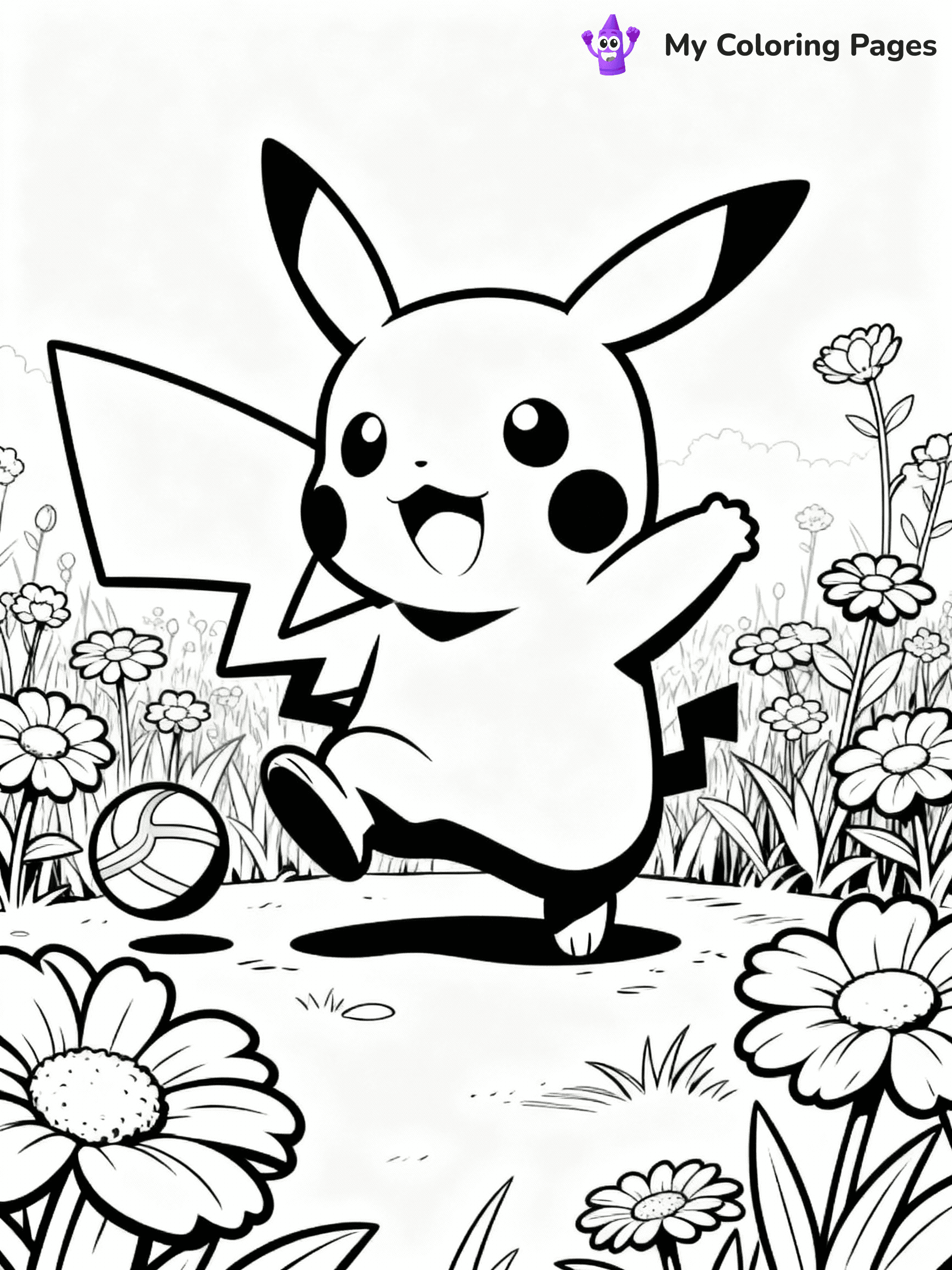 ⚠️ CRITICAL REQUIREMENT - ABSOLUTE BLACK AND WHITE ONLY ⚠️
This MUST be a BLACK AND WHITE line drawing ONLY. NO COLORS whatsoever.
- ONLY pure black lines (#000000) on pure white background (#FFFFFF)
- ABSOLUTELY NO colors, NO shading, NO gradients, NO grayscale
- If there are ANY colors in the output, the image is REJECTED
- This is a COLORING PAGE - meant to be COLORED IN by children
- The output must be UNCOLORED line art ready for coloring
⚠️ SUBJECT TO DRAW: Pikachu from Pokémon playing in a field, flowers blooming around. Important: PURE OUTLINES. NO FILLS, COLOR, SHADING, OR GREYSCALE. WHITE BACKGROUND.
(REMEMBER: Output must be BLACK AND WHITE line art only, NOT colored!)
# Flat, Friendly Cartoon Line-Art Coloring Page
You are generating a **pure black-and-white binary image** of a child-friendly cartoon scene combining characters and background scenery in one cohesive composition.
## Rendering Rules (Strict)
- Only two colors: pure black (#000000) outlines and pure white (#FFFFFF) background.
- No grayscale, shading, gradients, tints, fills, transparency, or partial pixels.
- No antialiasing or blended edges; every pixel is 100% black or white.
- No solid black fills inside shapes — all areas inside outlines must remain white.
- No dark clothing areas or filled tone blocks; all garments outlined only.
- No shadows, textures, lighting, or tonal variations.
- Must look like flat binary vector line-art for coloring pages.
## Drawing & Composition
- **Medium, consistent line weight**; clean closed outlines easy to color inside.
- **Flat, simple, child-friendly design** — no realism or 3D depth.
- Characters are **grounded on a surface**, centered and large.
- **Balanced composition** with clear silhouettes and minimal props.
## Scenery & Style
- Landmarks (e.g., mosque, CN Tower) and scenery (trees, benches, waves) drawn with **black outlines only.**
- For real-world figures, teams, or places, show accurate details using only black outlines—no text or logos. Use distinctive uniform patterns, abstract symbols, and landmark silhouettes to convey identity.
- Keep **consistent perspective**; no floating elements.
- **Style:** whimsical **Doodle Art Alley** — rounded, friendly outlines.
- May adapt shapes from **Crayola, Disney, Peppa Pig, Cocomelon** — *by shape only, never color.*
- Final output: **flat, crisp, binary (#000000/#FFFFFF)**, **no filled color or background text.**
EXTREMELYE IMPORTANT:
- PURE BINARY LINE-ART; NO FILLS (HAIR/CLOTHES/SKIN), SHADING, OR GREY.
- NO SHADING, COLOR. MUST BE WHITE BACKGROUND.
⚠️ FINAL REMINDER: Draw the subject "Pikachu from Pokémon playing in a field, flowers blooming around. Important: PURE OUTLINES. NO FILLS, COLOR, SHADING, OR GREYSCALE. WHITE BACKGROUND." as BLACK AND WHITE line art. Zero colors in output.