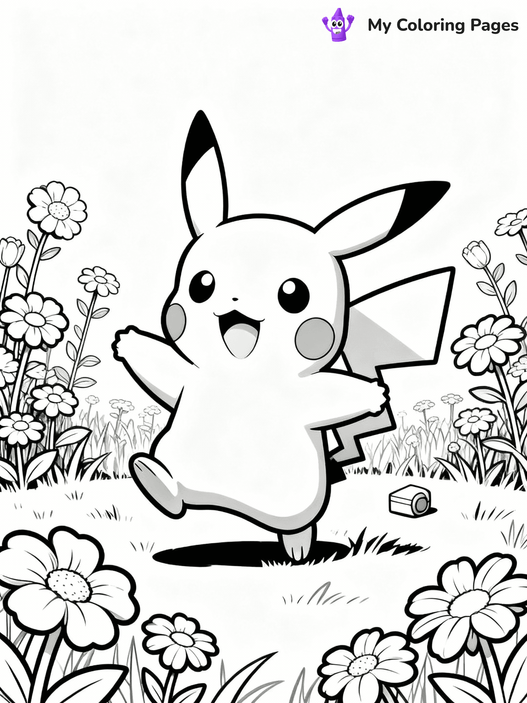 ⚠️ CRITICAL REQUIREMENT - ABSOLUTE BLACK AND WHITE ONLY ⚠️
This MUST be a BLACK AND WHITE line drawing ONLY. NO COLORS whatsoever.
- ONLY pure black lines (#000000) on pure white background (#FFFFFF)
- ABSOLUTELY NO colors, NO shading, NO gradients, NO grayscale
- If there are ANY colors in the output, the image is REJECTED
- This is a COLORING PAGE - meant to be COLORED IN by children
- The output must be UNCOLORED line art ready for coloring
⚠️ SUBJECT TO DRAW: Pikachu from Pokémon playing in a field, flowers blooming around. Important: PURE OUTLINES. NO FILLS, COLOR, SHADING, OR GREYSCALE. WHITE BACKGROUND.
(REMEMBER: Output must be BLACK AND WHITE line art only, NOT colored!)
# Flat, Friendly Cartoon Line-Art Coloring Page
You are generating a **pure black-and-white binary image** of a child-friendly cartoon scene combining characters and background scenery in one cohesive composition.
## Rendering Rules (Strict)
- Only two colors: pure black (#000000) outlines and pure white (#FFFFFF) background.
- No grayscale, shading, gradients, tints, fills, transparency, or partial pixels.
- No antialiasing or blended edges; every pixel is 100% black or white.
- No solid black fills inside shapes — all areas inside outlines must remain white.
- No dark clothing areas or filled tone blocks; all garments outlined only.
- No shadows, textures, lighting, or tonal variations.
- Must look like flat binary vector line-art for coloring pages.
## Drawing & Composition
- **Medium, consistent line weight**; clean closed outlines easy to color inside.
- **Flat, simple, child-friendly design** — no realism or 3D depth.
- Characters are **grounded on a surface**, centered and large.
- **Balanced composition** with clear silhouettes and minimal props.
## Scenery & Style
- Landmarks (e.g., mosque, CN Tower) and scenery (trees, benches, waves) drawn with **black outlines only.**
- For real-world figures, teams, or places, show accurate details using only black outlines—no text or logos. Use distinctive uniform patterns, abstract symbols, and landmark silhouettes to convey identity.
- Keep **consistent perspective**; no floating elements.
- **Style:** whimsical **Doodle Art Alley** — rounded, friendly outlines.
- May adapt shapes from **Crayola, Disney, Peppa Pig, Cocomelon** — *by shape only, never color.*
- Final output: **flat, crisp, binary (#000000/#FFFFFF)**, **no filled color or background text.**
EXTREMELYE IMPORTANT:
- PURE BINARY LINE-ART; NO FILLS (HAIR/CLOTHES/SKIN), SHADING, OR GREY.
- NO SHADING, COLOR. MUST BE WHITE BACKGROUND.
⚠️ FINAL REMINDER: Draw the subject "Pikachu from Pokémon playing in a field, flowers blooming around. Important: PURE OUTLINES. NO FILLS, COLOR, SHADING, OR GREYSCALE. WHITE BACKGROUND." as BLACK AND WHITE line art. Zero colors in output.