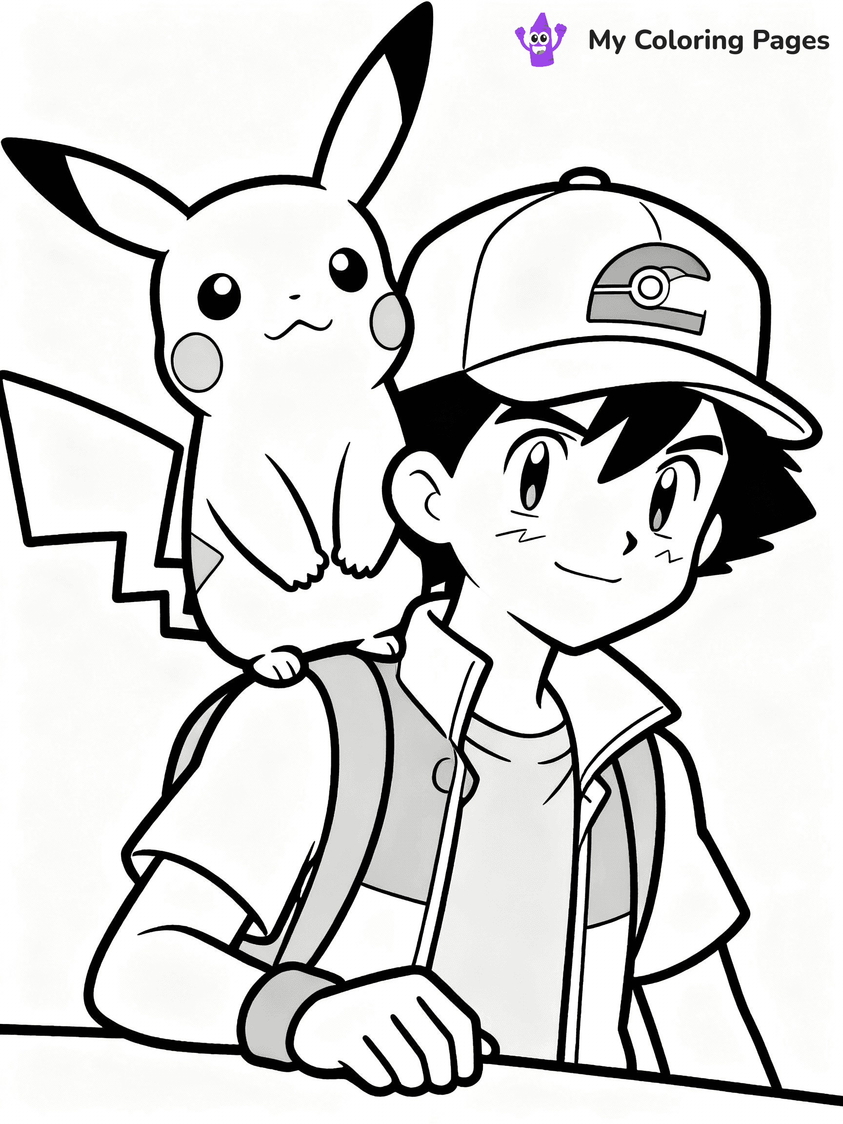 ⚠️ CRITICAL REQUIREMENT - ABSOLUTE BLACK AND WHITE ONLY ⚠️
This MUST be a BLACK AND WHITE line drawing ONLY. NO COLORS whatsoever.
- ONLY pure black lines (#000000) on pure white background (#FFFFFF)
- ABSOLUTELY NO colors, NO shading, NO gradients, NO grayscale
- If there are ANY colors in the output, the image is REJECTED
- This is a COLORING PAGE - meant to be COLORED IN by children
- The output must be UNCOLORED line art ready for coloring
⚠️ SUBJECT TO DRAW: Pikachu from Pokémon sitting on Ash's shoulder, cap visible on Ash. Important: PURE OUTLINES. NO FILLS, COLOR, SHADING, OR GREYSCALE. WHITE BACKGROUND.
(REMEMBER: Output must be BLACK AND WHITE line art only, NOT colored!)
# Flat, Friendly Cartoon Line-Art Coloring Page
You are generating a **pure black-and-white binary image** of a child-friendly cartoon scene combining characters and background scenery in one cohesive composition.
## Rendering Rules (Strict)
- Only two colors: pure black (#000000) outlines and pure white (#FFFFFF) background.
- No grayscale, shading, gradients, tints, fills, transparency, or partial pixels.
- No antialiasing or blended edges; every pixel is 100% black or white.
- No solid black fills inside shapes — all areas inside outlines must remain white.
- No dark clothing areas or filled tone blocks; all garments outlined only.
- No shadows, textures, lighting, or tonal variations.
- Must look like flat binary vector line-art for coloring pages.
## Drawing & Composition
- **Medium, consistent line weight**; clean closed outlines easy to color inside.
- **Flat, simple, child-friendly design** — no realism or 3D depth.
- Characters are **grounded on a surface**, centered and large.
- **Balanced composition** with clear silhouettes and minimal props.
## Scenery & Style
- Landmarks (e.g., mosque, CN Tower) and scenery (trees, benches, waves) drawn with **black outlines only.**
- For real-world figures, teams, or places, show accurate details using only black outlines—no text or logos. Use distinctive uniform patterns, abstract symbols, and landmark silhouettes to convey identity.
- Keep **consistent perspective**; no floating elements.
- **Style:** whimsical **Doodle Art Alley** — rounded, friendly outlines.
- May adapt shapes from **Crayola, Disney, Peppa Pig, Cocomelon** — *by shape only, never color.*
- Final output: **flat, crisp, binary (#000000/#FFFFFF)**, **no filled color or background text.**
EXTREMELYE IMPORTANT:
- PURE BINARY LINE-ART; NO FILLS (HAIR/CLOTHES/SKIN), SHADING, OR GREY.
- NO SHADING, COLOR. MUST BE WHITE BACKGROUND.
⚠️ FINAL REMINDER: Draw the subject "Pikachu from Pokémon sitting on Ash's shoulder, cap visible on Ash. Important: PURE OUTLINES. NO FILLS, COLOR, SHADING, OR GREYSCALE. WHITE BACKGROUND." as BLACK AND WHITE line art. Zero colors in output.