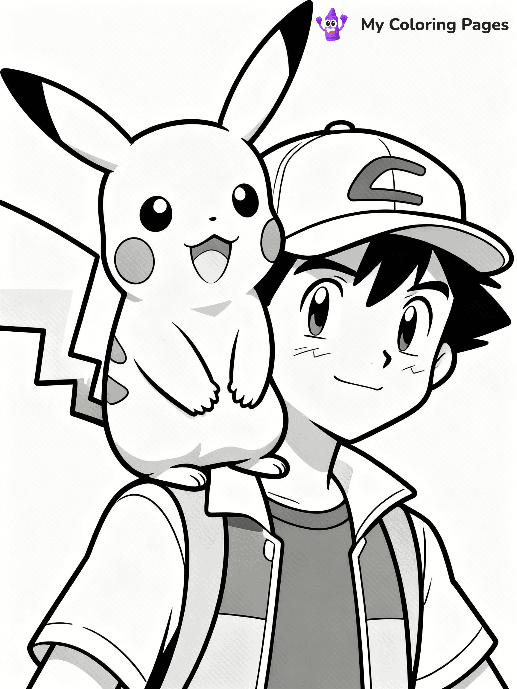⚠️ CRITICAL REQUIREMENT - ABSOLUTE BLACK AND WHITE ONLY ⚠️
This MUST be a BLACK AND WHITE line drawing ONLY. NO COLORS whatsoever.
- ONLY pure black lines (#000000) on pure white background (#FFFFFF)
- ABSOLUTELY NO colors, NO shading, NO gradients, NO grayscale
- If there are ANY colors in the output, the image is REJECTED
- This is a COLORING PAGE - meant to be COLORED IN by children
- The output must be UNCOLORED line art ready for coloring
⚠️ SUBJECT TO DRAW: Pikachu from Pokémon sitting on Ash's shoulder, cap visible on Ash. Important: PURE OUTLINES. NO FILLS, COLOR, SHADING, OR GREYSCALE. WHITE BACKGROUND.
(REMEMBER: Output must be BLACK AND WHITE line art only, NOT colored!)
# Flat, Friendly Cartoon Line-Art Coloring Page
You are generating a **pure black-and-white binary image** of a child-friendly cartoon scene combining characters and background scenery in one cohesive composition.
## Rendering Rules (Strict)
- Only two colors: pure black (#000000) outlines and pure white (#FFFFFF) background.
- No grayscale, shading, gradients, tints, fills, transparency, or partial pixels.
- No antialiasing or blended edges; every pixel is 100% black or white.
- No solid black fills inside shapes — all areas inside outlines must remain white.
- No dark clothing areas or filled tone blocks; all garments outlined only.
- No shadows, textures, lighting, or tonal variations.
- Must look like flat binary vector line-art for coloring pages.
## Drawing & Composition
- **Medium, consistent line weight**; clean closed outlines easy to color inside.
- **Flat, simple, child-friendly design** — no realism or 3D depth.
- Characters are **grounded on a surface**, centered and large.
- **Balanced composition** with clear silhouettes and minimal props.
## Scenery & Style
- Landmarks (e.g., mosque, CN Tower) and scenery (trees, benches, waves) drawn with **black outlines only.**
- For real-world figures, teams, or places, show accurate details using only black outlines—no text or logos. Use distinctive uniform patterns, abstract symbols, and landmark silhouettes to convey identity.
- Keep **consistent perspective**; no floating elements.
- **Style:** whimsical **Doodle Art Alley** — rounded, friendly outlines.
- May adapt shapes from **Crayola, Disney, Peppa Pig, Cocomelon** — *by shape only, never color.*
- Final output: **flat, crisp, binary (#000000/#FFFFFF)**, **no filled color or background text.**
EXTREMELYE IMPORTANT:
- PURE BINARY LINE-ART; NO FILLS (HAIR/CLOTHES/SKIN), SHADING, OR GREY.
- NO SHADING, COLOR. MUST BE WHITE BACKGROUND.
⚠️ FINAL REMINDER: Draw the subject "Pikachu from Pokémon sitting on Ash's shoulder, cap visible on Ash. Important: PURE OUTLINES. NO FILLS, COLOR, SHADING, OR GREYSCALE. WHITE BACKGROUND." as BLACK AND WHITE line art. Zero colors in output.