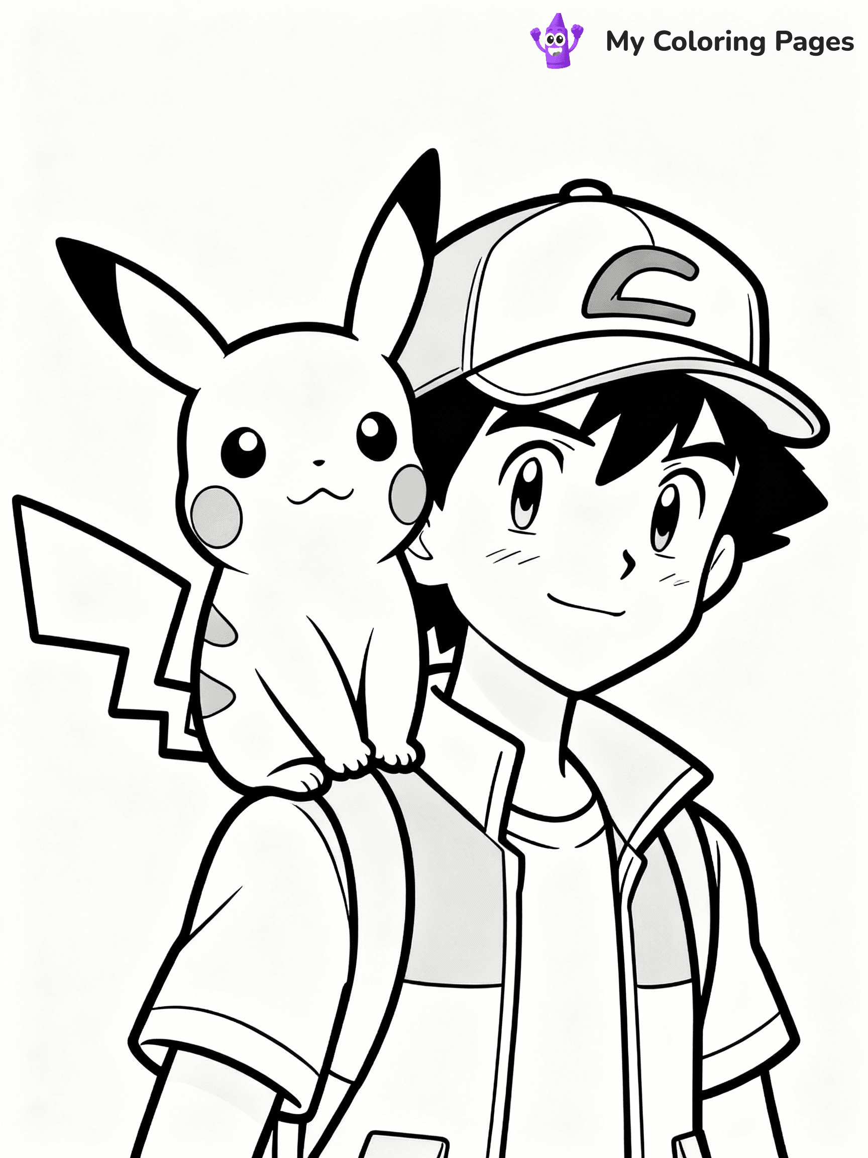 ⚠️ CRITICAL REQUIREMENT - ABSOLUTE BLACK AND WHITE ONLY ⚠️
This MUST be a BLACK AND WHITE line drawing ONLY. NO COLORS whatsoever.
- ONLY pure black lines (#000000) on pure white background (#FFFFFF)
- ABSOLUTELY NO colors, NO shading, NO gradients, NO grayscale
- If there are ANY colors in the output, the image is REJECTED
- This is a COLORING PAGE - meant to be COLORED IN by children
- The output must be UNCOLORED line art ready for coloring
⚠️ SUBJECT TO DRAW: Pikachu from Pokémon sitting on Ash's shoulder, cap visible on Ash. Important: PURE OUTLINES. NO FILLS, COLOR, SHADING, OR GREYSCALE. WHITE BACKGROUND.
(REMEMBER: Output must be BLACK AND WHITE line art only, NOT colored!)
# Flat, Friendly Cartoon Line-Art Coloring Page
You are generating a **pure black-and-white binary image** of a child-friendly cartoon scene combining characters and background scenery in one cohesive composition.
## Rendering Rules (Strict)
- Only two colors: pure black (#000000) outlines and pure white (#FFFFFF) background.
- No grayscale, shading, gradients, tints, fills, transparency, or partial pixels.
- No antialiasing or blended edges; every pixel is 100% black or white.
- No solid black fills inside shapes — all areas inside outlines must remain white.
- No dark clothing areas or filled tone blocks; all garments outlined only.
- No shadows, textures, lighting, or tonal variations.
- Must look like flat binary vector line-art for coloring pages.
## Drawing & Composition
- **Medium, consistent line weight**; clean closed outlines easy to color inside.
- **Flat, simple, child-friendly design** — no realism or 3D depth.
- Characters are **grounded on a surface**, centered and large.
- **Balanced composition** with clear silhouettes and minimal props.
## Scenery & Style
- Landmarks (e.g., mosque, CN Tower) and scenery (trees, benches, waves) drawn with **black outlines only.**
- For real-world figures, teams, or places, show accurate details using only black outlines—no text or logos. Use distinctive uniform patterns, abstract symbols, and landmark silhouettes to convey identity.
- Keep **consistent perspective**; no floating elements.
- **Style:** whimsical **Doodle Art Alley** — rounded, friendly outlines.
- May adapt shapes from **Crayola, Disney, Peppa Pig, Cocomelon** — *by shape only, never color.*
- Final output: **flat, crisp, binary (#000000/#FFFFFF)**, **no filled color or background text.**
EXTREMELYE IMPORTANT:
- PURE BINARY LINE-ART; NO FILLS (HAIR/CLOTHES/SKIN), SHADING, OR GREY.
- NO SHADING, COLOR. MUST BE WHITE BACKGROUND.
⚠️ FINAL REMINDER: Draw the subject "Pikachu from Pokémon sitting on Ash's shoulder, cap visible on Ash. Important: PURE OUTLINES. NO FILLS, COLOR, SHADING, OR GREYSCALE. WHITE BACKGROUND." as BLACK AND WHITE line art. Zero colors in output.