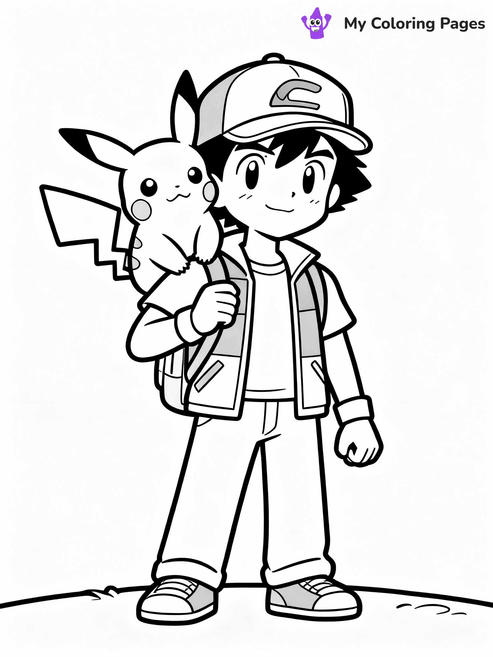 ⚠️ CRITICAL REQUIREMENT - ABSOLUTE BLACK AND WHITE ONLY ⚠️
This MUST be a BLACK AND WHITE line drawing ONLY. NO COLORS whatsoever.
- ONLY pure black lines (#000000) on pure white background (#FFFFFF)
- ABSOLUTELY NO colors, NO shading, NO gradients, NO grayscale
- If there are ANY colors in the output, the image is REJECTED
- This is a COLORING PAGE - meant to be COLORED IN by children
- The output must be UNCOLORED line art ready for coloring
⚠️ SUBJECT TO DRAW: Pikachu from Pokémon sitting on Ash's shoulder, cap visible on Ash. Important: PURE OUTLINES. NO FILLS, COLOR, SHADING, OR GREYSCALE. WHITE BACKGROUND.
(REMEMBER: Output must be BLACK AND WHITE line art only, NOT colored!)
# Flat, Friendly Cartoon Line-Art Coloring Page
You are generating a **pure black-and-white binary image** of a child-friendly cartoon scene combining characters and background scenery in one cohesive composition.
## Rendering Rules (Strict)
- Only two colors: pure black (#000000) outlines and pure white (#FFFFFF) background.
- No grayscale, shading, gradients, tints, fills, transparency, or partial pixels.
- No antialiasing or blended edges; every pixel is 100% black or white.
- No solid black fills inside shapes — all areas inside outlines must remain white.
- No dark clothing areas or filled tone blocks; all garments outlined only.
- No shadows, textures, lighting, or tonal variations.
- Must look like flat binary vector line-art for coloring pages.
## Drawing & Composition
- **Medium, consistent line weight**; clean closed outlines easy to color inside.
- **Flat, simple, child-friendly design** — no realism or 3D depth.
- Characters are **grounded on a surface**, centered and large.
- **Balanced composition** with clear silhouettes and minimal props.
## Scenery & Style
- Landmarks (e.g., mosque, CN Tower) and scenery (trees, benches, waves) drawn with **black outlines only.**
- For real-world figures, teams, or places, show accurate details using only black outlines—no text or logos. Use distinctive uniform patterns, abstract symbols, and landmark silhouettes to convey identity.
- Keep **consistent perspective**; no floating elements.
- **Style:** whimsical **Doodle Art Alley** — rounded, friendly outlines.
- May adapt shapes from **Crayola, Disney, Peppa Pig, Cocomelon** — *by shape only, never color.*
- Final output: **flat, crisp, binary (#000000/#FFFFFF)**, **no filled color or background text.**
EXTREMELYE IMPORTANT:
- PURE BINARY LINE-ART; NO FILLS (HAIR/CLOTHES/SKIN), SHADING, OR GREY.
- NO SHADING, COLOR. MUST BE WHITE BACKGROUND.
⚠️ FINAL REMINDER: Draw the subject "Pikachu from Pokémon sitting on Ash's shoulder, cap visible on Ash. Important: PURE OUTLINES. NO FILLS, COLOR, SHADING, OR GREYSCALE. WHITE BACKGROUND." as BLACK AND WHITE line art. Zero colors in output.