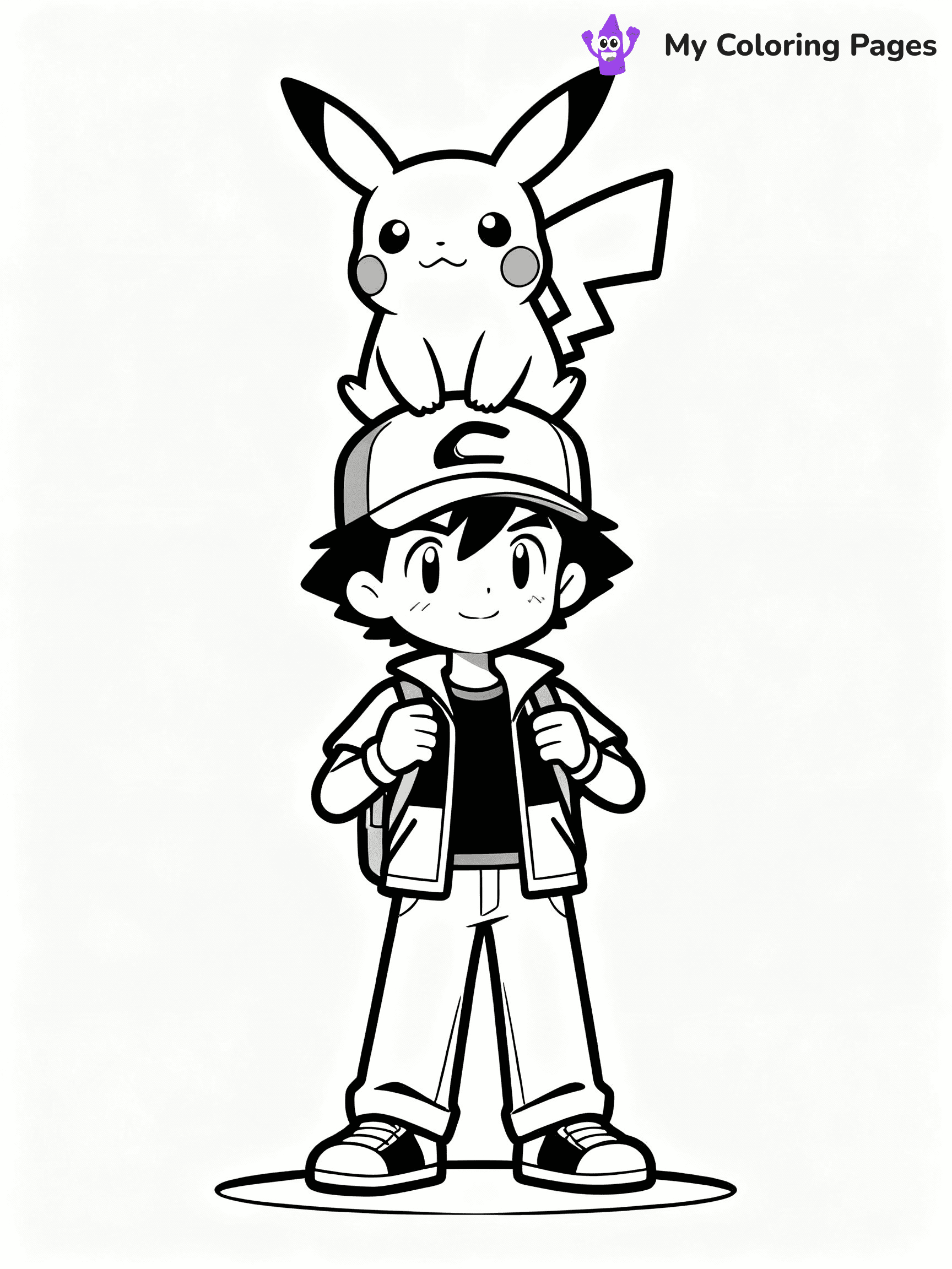 ⚠️ CRITICAL REQUIREMENT - ABSOLUTE BLACK AND WHITE ONLY ⚠️
This MUST be a BLACK AND WHITE line drawing ONLY. NO COLORS whatsoever.
- ONLY pure black lines (#000000) on pure white background (#FFFFFF)
- ABSOLUTELY NO colors, NO shading, NO gradients, NO grayscale
- If there are ANY colors in the output, the image is REJECTED
- This is a COLORING PAGE - meant to be COLORED IN by children
- The output must be UNCOLORED line art ready for coloring
⚠️ SUBJECT TO DRAW: Pikachu from Pokémon sitting on Ash's shoulder, cap visible on Ash. Important: PURE OUTLINES. NO FILLS, COLOR, SHADING, OR GREYSCALE. WHITE BACKGROUND.
(REMEMBER: Output must be BLACK AND WHITE line art only, NOT colored!)
# Flat, Friendly Cartoon Line-Art Coloring Page
You are generating a **pure black-and-white binary image** of a child-friendly cartoon scene combining characters and background scenery in one cohesive composition.
## Rendering Rules (Strict)
- Only two colors: pure black (#000000) outlines and pure white (#FFFFFF) background.
- No grayscale, shading, gradients, tints, fills, transparency, or partial pixels.
- No antialiasing or blended edges; every pixel is 100% black or white.
- No solid black fills inside shapes — all areas inside outlines must remain white.
- No dark clothing areas or filled tone blocks; all garments outlined only.
- No shadows, textures, lighting, or tonal variations.
- Must look like flat binary vector line-art for coloring pages.
## Drawing & Composition
- **Medium, consistent line weight**; clean closed outlines easy to color inside.
- **Flat, simple, child-friendly design** — no realism or 3D depth.
- Characters are **grounded on a surface**, centered and large.
- **Balanced composition** with clear silhouettes and minimal props.
## Scenery & Style
- Landmarks (e.g., mosque, CN Tower) and scenery (trees, benches, waves) drawn with **black outlines only.**
- For real-world figures, teams, or places, show accurate details using only black outlines—no text or logos. Use distinctive uniform patterns, abstract symbols, and landmark silhouettes to convey identity.
- Keep **consistent perspective**; no floating elements.
- **Style:** whimsical **Doodle Art Alley** — rounded, friendly outlines.
- May adapt shapes from **Crayola, Disney, Peppa Pig, Cocomelon** — *by shape only, never color.*
- Final output: **flat, crisp, binary (#000000/#FFFFFF)**, **no filled color or background text.**
EXTREMELYE IMPORTANT:
- PURE BINARY LINE-ART; NO FILLS (HAIR/CLOTHES/SKIN), SHADING, OR GREY.
- NO SHADING, COLOR. MUST BE WHITE BACKGROUND.
⚠️ FINAL REMINDER: Draw the subject "Pikachu from Pokémon sitting on Ash's shoulder, cap visible on Ash. Important: PURE OUTLINES. NO FILLS, COLOR, SHADING, OR GREYSCALE. WHITE BACKGROUND." as BLACK AND WHITE line art. Zero colors in output.