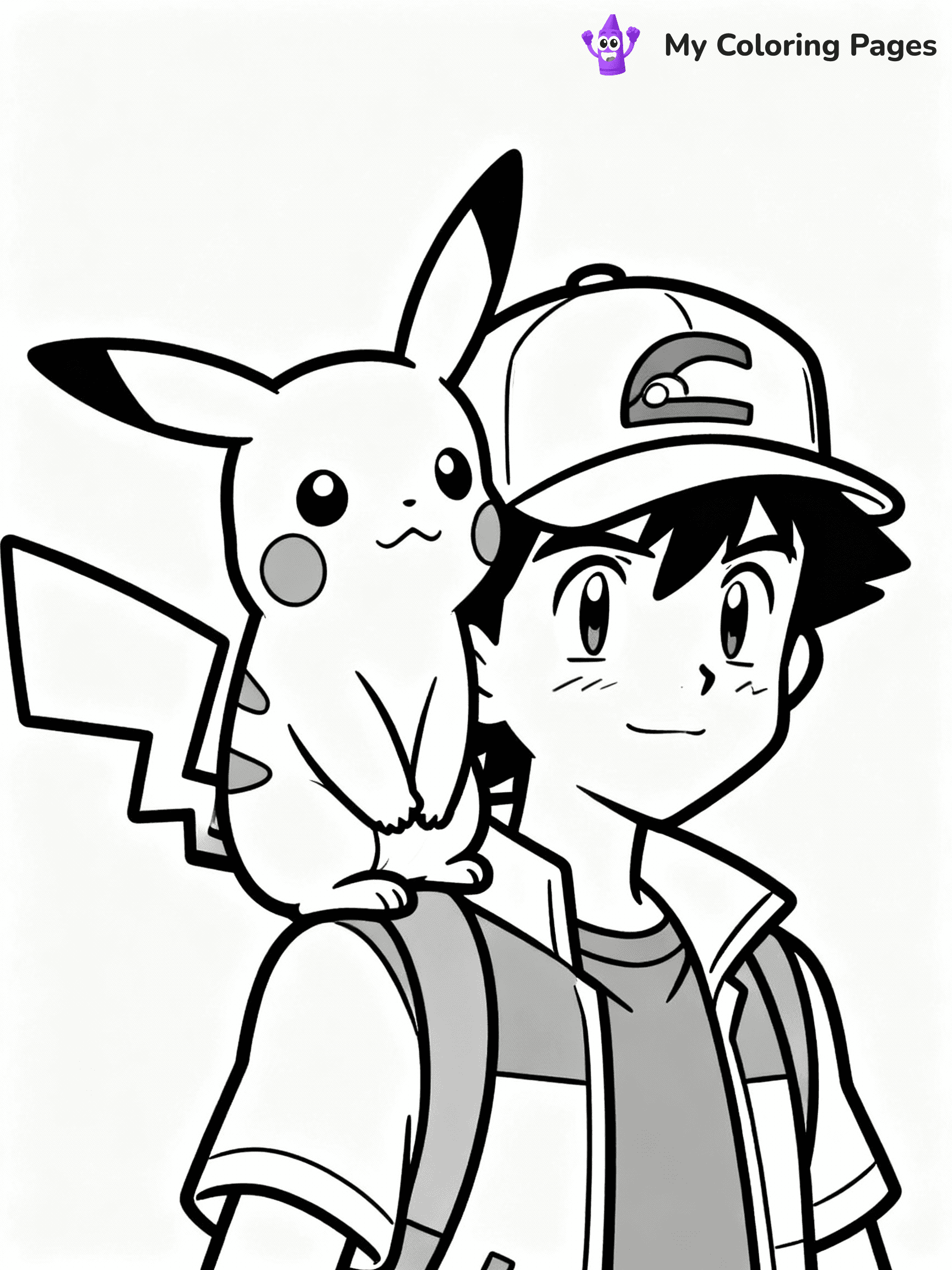 ⚠️ CRITICAL REQUIREMENT - ABSOLUTE BLACK AND WHITE ONLY ⚠️
This MUST be a BLACK AND WHITE line drawing ONLY. NO COLORS whatsoever.
- ONLY pure black lines (#000000) on pure white background (#FFFFFF)
- ABSOLUTELY NO colors, NO shading, NO gradients, NO grayscale
- If there are ANY colors in the output, the image is REJECTED
- This is a COLORING PAGE - meant to be COLORED IN by children
- The output must be UNCOLORED line art ready for coloring
⚠️ SUBJECT TO DRAW: Pikachu from Pokémon sitting on Ash's shoulder, cap visible on Ash. Important: PURE OUTLINES. NO FILLS, COLOR, SHADING, OR GREYSCALE. WHITE BACKGROUND.
(REMEMBER: Output must be BLACK AND WHITE line art only, NOT colored!)
# Flat, Friendly Cartoon Line-Art Coloring Page
You are generating a **pure black-and-white binary image** of a child-friendly cartoon scene combining characters and background scenery in one cohesive composition.
## Rendering Rules (Strict)
- Only two colors: pure black (#000000) outlines and pure white (#FFFFFF) background.
- No grayscale, shading, gradients, tints, fills, transparency, or partial pixels.
- No antialiasing or blended edges; every pixel is 100% black or white.
- No solid black fills inside shapes — all areas inside outlines must remain white.
- No dark clothing areas or filled tone blocks; all garments outlined only.
- No shadows, textures, lighting, or tonal variations.
- Must look like flat binary vector line-art for coloring pages.
## Drawing & Composition
- **Medium, consistent line weight**; clean closed outlines easy to color inside.
- **Flat, simple, child-friendly design** — no realism or 3D depth.
- Characters are **grounded on a surface**, centered and large.
- **Balanced composition** with clear silhouettes and minimal props.
## Scenery & Style
- Landmarks (e.g., mosque, CN Tower) and scenery (trees, benches, waves) drawn with **black outlines only.**
- For real-world figures, teams, or places, show accurate details using only black outlines—no text or logos. Use distinctive uniform patterns, abstract symbols, and landmark silhouettes to convey identity.
- Keep **consistent perspective**; no floating elements.
- **Style:** whimsical **Doodle Art Alley** — rounded, friendly outlines.
- May adapt shapes from **Crayola, Disney, Peppa Pig, Cocomelon** — *by shape only, never color.*
- Final output: **flat, crisp, binary (#000000/#FFFFFF)**, **no filled color or background text.**
EXTREMELYE IMPORTANT:
- PURE BINARY LINE-ART; NO FILLS (HAIR/CLOTHES/SKIN), SHADING, OR GREY.
- NO SHADING, COLOR. MUST BE WHITE BACKGROUND.
⚠️ FINAL REMINDER: Draw the subject "Pikachu from Pokémon sitting on Ash's shoulder, cap visible on Ash. Important: PURE OUTLINES. NO FILLS, COLOR, SHADING, OR GREYSCALE. WHITE BACKGROUND." as BLACK AND WHITE line art. Zero colors in output.