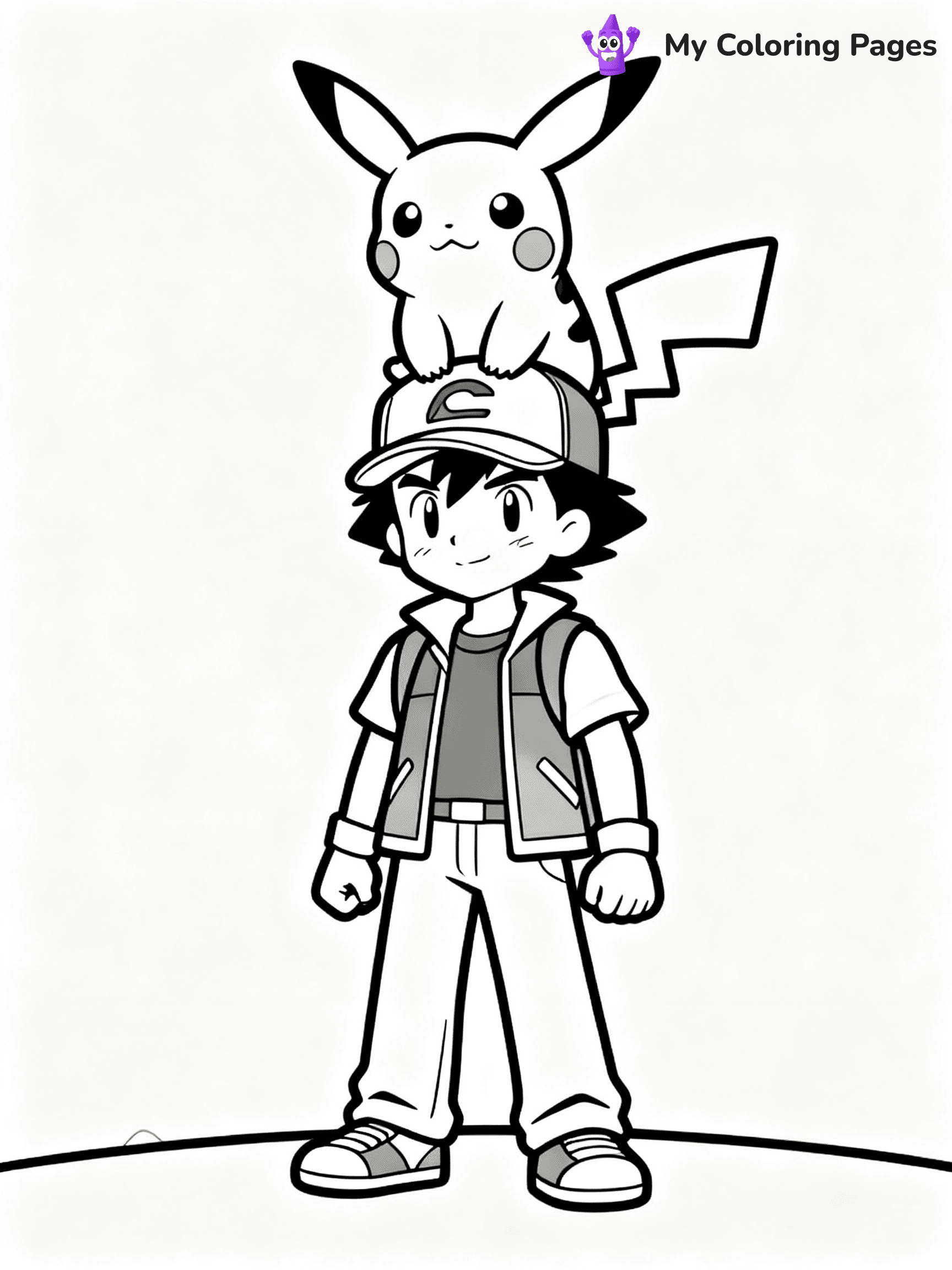 ⚠️ CRITICAL REQUIREMENT - ABSOLUTE BLACK AND WHITE ONLY ⚠️
This MUST be a BLACK AND WHITE line drawing ONLY. NO COLORS whatsoever.
- ONLY pure black lines (#000000) on pure white background (#FFFFFF)
- ABSOLUTELY NO colors, NO shading, NO gradients, NO grayscale
- If there are ANY colors in the output, the image is REJECTED
- This is a COLORING PAGE - meant to be COLORED IN by children
- The output must be UNCOLORED line art ready for coloring
⚠️ SUBJECT TO DRAW: Pikachu from Pokémon sitting on Ash's shoulder, cap visible on Ash. Important: PURE OUTLINES. NO FILLS, COLOR, SHADING, OR GREYSCALE. WHITE BACKGROUND.
(REMEMBER: Output must be BLACK AND WHITE line art only, NOT colored!)
# Flat, Friendly Cartoon Line-Art Coloring Page
You are generating a **pure black-and-white binary image** of a child-friendly cartoon scene combining characters and background scenery in one cohesive composition.
## Rendering Rules (Strict)
- Only two colors: pure black (#000000) outlines and pure white (#FFFFFF) background.
- No grayscale, shading, gradients, tints, fills, transparency, or partial pixels.
- No antialiasing or blended edges; every pixel is 100% black or white.
- No solid black fills inside shapes — all areas inside outlines must remain white.
- No dark clothing areas or filled tone blocks; all garments outlined only.
- No shadows, textures, lighting, or tonal variations.
- Must look like flat binary vector line-art for coloring pages.
## Drawing & Composition
- **Medium, consistent line weight**; clean closed outlines easy to color inside.
- **Flat, simple, child-friendly design** — no realism or 3D depth.
- Characters are **grounded on a surface**, centered and large.
- **Balanced composition** with clear silhouettes and minimal props.
## Scenery & Style
- Landmarks (e.g., mosque, CN Tower) and scenery (trees, benches, waves) drawn with **black outlines only.**
- For real-world figures, teams, or places, show accurate details using only black outlines—no text or logos. Use distinctive uniform patterns, abstract symbols, and landmark silhouettes to convey identity.
- Keep **consistent perspective**; no floating elements.
- **Style:** whimsical **Doodle Art Alley** — rounded, friendly outlines.
- May adapt shapes from **Crayola, Disney, Peppa Pig, Cocomelon** — *by shape only, never color.*
- Final output: **flat, crisp, binary (#000000/#FFFFFF)**, **no filled color or background text.**
EXTREMELYE IMPORTANT:
- PURE BINARY LINE-ART; NO FILLS (HAIR/CLOTHES/SKIN), SHADING, OR GREY.
- NO SHADING, COLOR. MUST BE WHITE BACKGROUND.
⚠️ FINAL REMINDER: Draw the subject "Pikachu from Pokémon sitting on Ash's shoulder, cap visible on Ash. Important: PURE OUTLINES. NO FILLS, COLOR, SHADING, OR GREYSCALE. WHITE BACKGROUND." as BLACK AND WHITE line art. Zero colors in output.