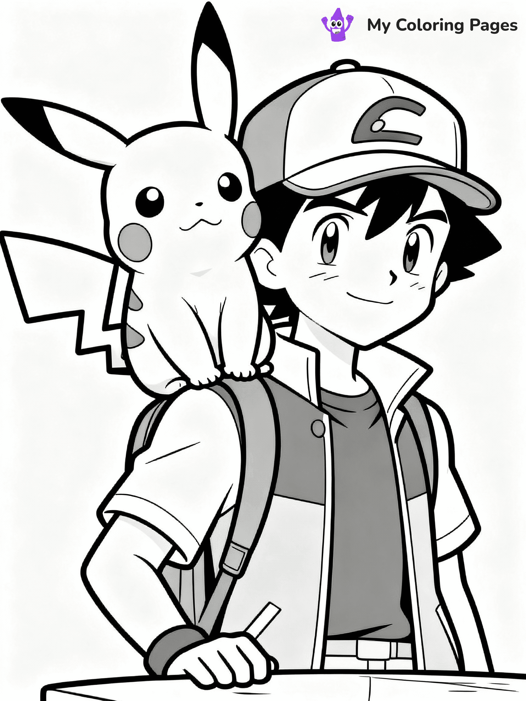 ⚠️ CRITICAL REQUIREMENT - ABSOLUTE BLACK AND WHITE ONLY ⚠️
This MUST be a BLACK AND WHITE line drawing ONLY. NO COLORS whatsoever.
- ONLY pure black lines (#000000) on pure white background (#FFFFFF)
- ABSOLUTELY NO colors, NO shading, NO gradients, NO grayscale
- If there are ANY colors in the output, the image is REJECTED
- This is a COLORING PAGE - meant to be COLORED IN by children
- The output must be UNCOLORED line art ready for coloring
⚠️ SUBJECT TO DRAW: Pikachu from Pokémon sitting on Ash's shoulder, cap visible on Ash. Important: PURE OUTLINES. NO FILLS, COLOR, SHADING, OR GREYSCALE. WHITE BACKGROUND.
(REMEMBER: Output must be BLACK AND WHITE line art only, NOT colored!)
# Flat, Friendly Cartoon Line-Art Coloring Page
You are generating a **pure black-and-white binary image** of a child-friendly cartoon scene combining characters and background scenery in one cohesive composition.
## Rendering Rules (Strict)
- Only two colors: pure black (#000000) outlines and pure white (#FFFFFF) background.
- No grayscale, shading, gradients, tints, fills, transparency, or partial pixels.
- No antialiasing or blended edges; every pixel is 100% black or white.
- No solid black fills inside shapes — all areas inside outlines must remain white.
- No dark clothing areas or filled tone blocks; all garments outlined only.
- No shadows, textures, lighting, or tonal variations.
- Must look like flat binary vector line-art for coloring pages.
## Drawing & Composition
- **Medium, consistent line weight**; clean closed outlines easy to color inside.
- **Flat, simple, child-friendly design** — no realism or 3D depth.
- Characters are **grounded on a surface**, centered and large.
- **Balanced composition** with clear silhouettes and minimal props.
## Scenery & Style
- Landmarks (e.g., mosque, CN Tower) and scenery (trees, benches, waves) drawn with **black outlines only.**
- For real-world figures, teams, or places, show accurate details using only black outlines—no text or logos. Use distinctive uniform patterns, abstract symbols, and landmark silhouettes to convey identity.
- Keep **consistent perspective**; no floating elements.
- **Style:** whimsical **Doodle Art Alley** — rounded, friendly outlines.
- May adapt shapes from **Crayola, Disney, Peppa Pig, Cocomelon** — *by shape only, never color.*
- Final output: **flat, crisp, binary (#000000/#FFFFFF)**, **no filled color or background text.**
EXTREMELYE IMPORTANT:
- PURE BINARY LINE-ART; NO FILLS (HAIR/CLOTHES/SKIN), SHADING, OR GREY.
- NO SHADING, COLOR. MUST BE WHITE BACKGROUND.
⚠️ FINAL REMINDER: Draw the subject "Pikachu from Pokémon sitting on Ash's shoulder, cap visible on Ash. Important: PURE OUTLINES. NO FILLS, COLOR, SHADING, OR GREYSCALE. WHITE BACKGROUND." as BLACK AND WHITE line art. Zero colors in output.