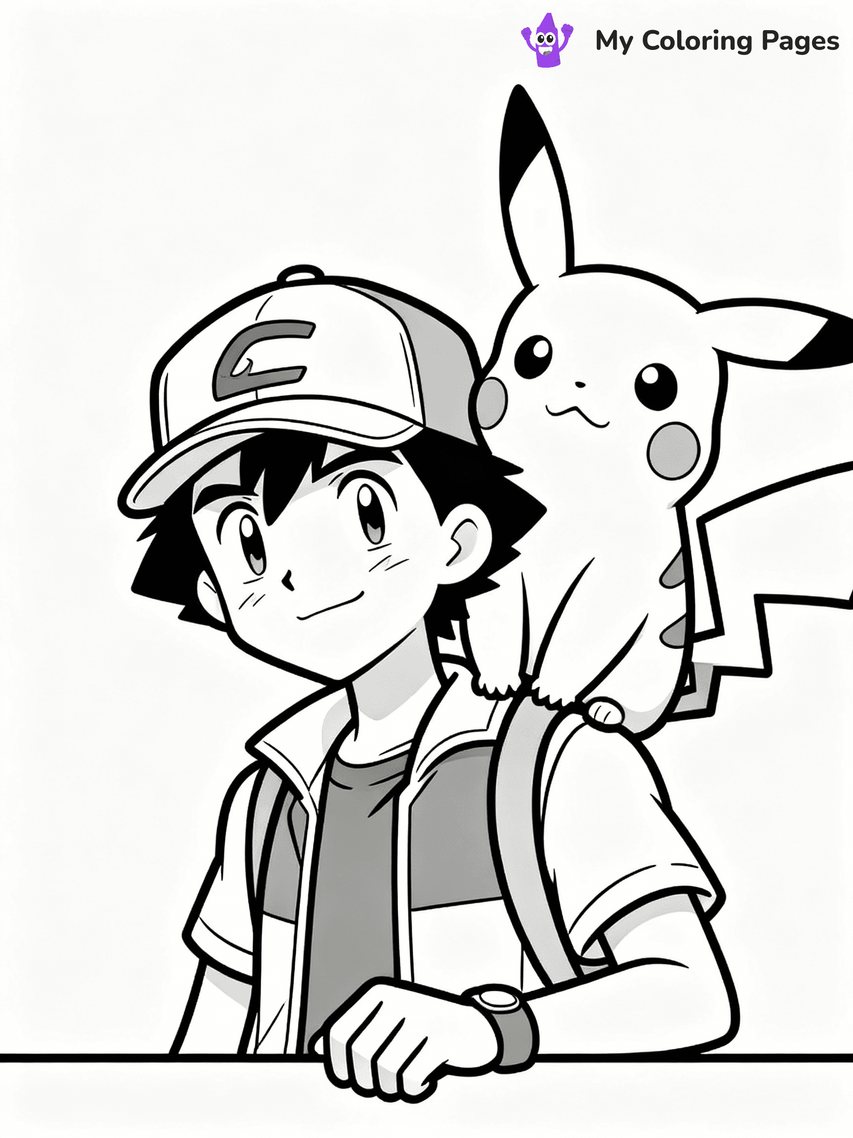 ⚠️ CRITICAL REQUIREMENT - ABSOLUTE BLACK AND WHITE ONLY ⚠️
This MUST be a BLACK AND WHITE line drawing ONLY. NO COLORS whatsoever.
- ONLY pure black lines (#000000) on pure white background (#FFFFFF)
- ABSOLUTELY NO colors, NO shading, NO gradients, NO grayscale
- If there are ANY colors in the output, the image is REJECTED
- This is a COLORING PAGE - meant to be COLORED IN by children
- The output must be UNCOLORED line art ready for coloring
⚠️ SUBJECT TO DRAW: Pikachu from Pokémon sitting on Ash's shoulder, cap visible on Ash. Important: PURE OUTLINES. NO FILLS, COLOR, SHADING, OR GREYSCALE. WHITE BACKGROUND.
(REMEMBER: Output must be BLACK AND WHITE line art only, NOT colored!)
# Flat, Friendly Cartoon Line-Art Coloring Page
You are generating a **pure black-and-white binary image** of a child-friendly cartoon scene combining characters and background scenery in one cohesive composition.
## Rendering Rules (Strict)
- Only two colors: pure black (#000000) outlines and pure white (#FFFFFF) background.
- No grayscale, shading, gradients, tints, fills, transparency, or partial pixels.
- No antialiasing or blended edges; every pixel is 100% black or white.
- No solid black fills inside shapes — all areas inside outlines must remain white.
- No dark clothing areas or filled tone blocks; all garments outlined only.
- No shadows, textures, lighting, or tonal variations.
- Must look like flat binary vector line-art for coloring pages.
## Drawing & Composition
- **Medium, consistent line weight**; clean closed outlines easy to color inside.
- **Flat, simple, child-friendly design** — no realism or 3D depth.
- Characters are **grounded on a surface**, centered and large.
- **Balanced composition** with clear silhouettes and minimal props.
## Scenery & Style
- Landmarks (e.g., mosque, CN Tower) and scenery (trees, benches, waves) drawn with **black outlines only.**
- For real-world figures, teams, or places, show accurate details using only black outlines—no text or logos. Use distinctive uniform patterns, abstract symbols, and landmark silhouettes to convey identity.
- Keep **consistent perspective**; no floating elements.
- **Style:** whimsical **Doodle Art Alley** — rounded, friendly outlines.
- May adapt shapes from **Crayola, Disney, Peppa Pig, Cocomelon** — *by shape only, never color.*
- Final output: **flat, crisp, binary (#000000/#FFFFFF)**, **no filled color or background text.**
EXTREMELYE IMPORTANT:
- PURE BINARY LINE-ART; NO FILLS (HAIR/CLOTHES/SKIN), SHADING, OR GREY.
- NO SHADING, COLOR. MUST BE WHITE BACKGROUND.
⚠️ FINAL REMINDER: Draw the subject "Pikachu from Pokémon sitting on Ash's shoulder, cap visible on Ash. Important: PURE OUTLINES. NO FILLS, COLOR, SHADING, OR GREYSCALE. WHITE BACKGROUND." as BLACK AND WHITE line art. Zero colors in output.