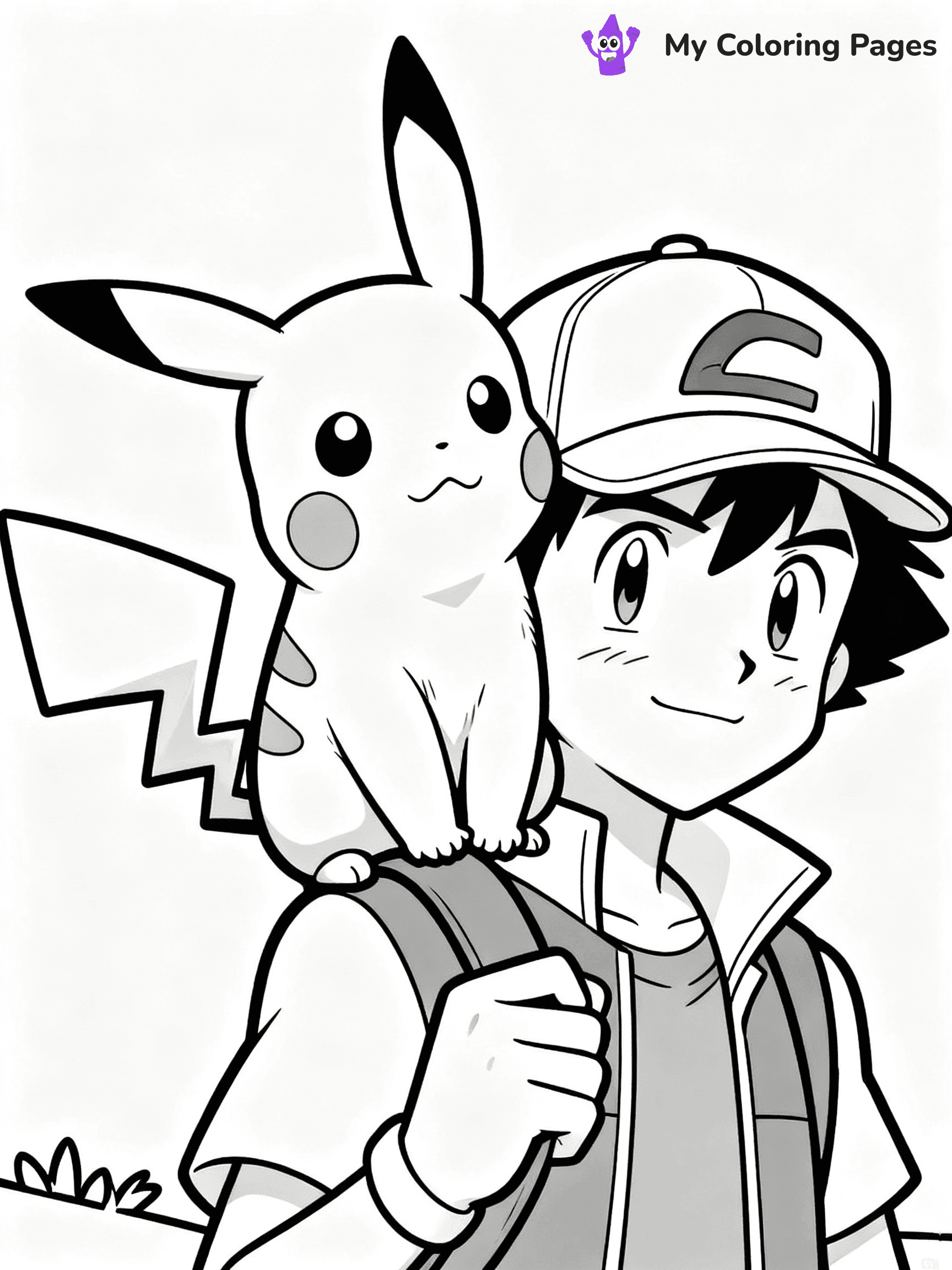 ⚠️ CRITICAL REQUIREMENT - ABSOLUTE BLACK AND WHITE ONLY ⚠️
This MUST be a BLACK AND WHITE line drawing ONLY. NO COLORS whatsoever.
- ONLY pure black lines (#000000) on pure white background (#FFFFFF)
- ABSOLUTELY NO colors, NO shading, NO gradients, NO grayscale
- If there are ANY colors in the output, the image is REJECTED
- This is a COLORING PAGE - meant to be COLORED IN by children
- The output must be UNCOLORED line art ready for coloring
⚠️ SUBJECT TO DRAW: Pikachu from Pokémon sitting on Ash's shoulder, cap visible on Ash. Important: PURE OUTLINES. NO FILLS, COLOR, SHADING, OR GREYSCALE. WHITE BACKGROUND.
(REMEMBER: Output must be BLACK AND WHITE line art only, NOT colored!)
# Flat, Friendly Cartoon Line-Art Coloring Page
You are generating a **pure black-and-white binary image** of a child-friendly cartoon scene combining characters and background scenery in one cohesive composition.
## Rendering Rules (Strict)
- Only two colors: pure black (#000000) outlines and pure white (#FFFFFF) background.
- No grayscale, shading, gradients, tints, fills, transparency, or partial pixels.
- No antialiasing or blended edges; every pixel is 100% black or white.
- No solid black fills inside shapes — all areas inside outlines must remain white.
- No dark clothing areas or filled tone blocks; all garments outlined only.
- No shadows, textures, lighting, or tonal variations.
- Must look like flat binary vector line-art for coloring pages.
## Drawing & Composition
- **Medium, consistent line weight**; clean closed outlines easy to color inside.
- **Flat, simple, child-friendly design** — no realism or 3D depth.
- Characters are **grounded on a surface**, centered and large.
- **Balanced composition** with clear silhouettes and minimal props.
## Scenery & Style
- Landmarks (e.g., mosque, CN Tower) and scenery (trees, benches, waves) drawn with **black outlines only.**
- For real-world figures, teams, or places, show accurate details using only black outlines—no text or logos. Use distinctive uniform patterns, abstract symbols, and landmark silhouettes to convey identity.
- Keep **consistent perspective**; no floating elements.
- **Style:** whimsical **Doodle Art Alley** — rounded, friendly outlines.
- May adapt shapes from **Crayola, Disney, Peppa Pig, Cocomelon** — *by shape only, never color.*
- Final output: **flat, crisp, binary (#000000/#FFFFFF)**, **no filled color or background text.**
EXTREMELYE IMPORTANT:
- PURE BINARY LINE-ART; NO FILLS (HAIR/CLOTHES/SKIN), SHADING, OR GREY.
- NO SHADING, COLOR. MUST BE WHITE BACKGROUND.
⚠️ FINAL REMINDER: Draw the subject "Pikachu from Pokémon sitting on Ash's shoulder, cap visible on Ash. Important: PURE OUTLINES. NO FILLS, COLOR, SHADING, OR GREYSCALE. WHITE BACKGROUND." as BLACK AND WHITE line art. Zero colors in output.