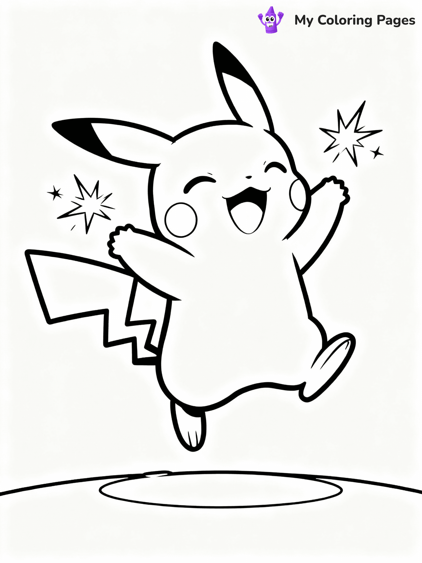 ⚠️ CRITICAL REQUIREMENT - ABSOLUTE BLACK AND WHITE ONLY ⚠️
This MUST be a BLACK AND WHITE line drawing ONLY. NO COLORS whatsoever.
- ONLY pure black lines (#000000) on pure white background (#FFFFFF)
- ABSOLUTELY NO colors, NO shading, NO gradients, NO grayscale
- If there are ANY colors in the output, the image is REJECTED
- This is a COLORING PAGE - meant to be COLORED IN by children
- The output must be UNCOLORED line art ready for coloring
⚠️ SUBJECT TO DRAW: Pikachu from Pokémon jumping with joy, sparks flying from cheeks. Important: PURE OUTLINES. NO FILLS, COLOR, SHADING, OR GREYSCALE. WHITE BACKGROUND.
(REMEMBER: Output must be BLACK AND WHITE line art only, NOT colored!)
# Flat, Friendly Cartoon Line-Art Coloring Page
You are generating a **pure black-and-white binary image** of a child-friendly cartoon scene combining characters and background scenery in one cohesive composition.
## Rendering Rules (Strict)
- Only two colors: pure black (#000000) outlines and pure white (#FFFFFF) background.
- No grayscale, shading, gradients, tints, fills, transparency, or partial pixels.
- No antialiasing or blended edges; every pixel is 100% black or white.
- No solid black fills inside shapes — all areas inside outlines must remain white.
- No dark clothing areas or filled tone blocks; all garments outlined only.
- No shadows, textures, lighting, or tonal variations.
- Must look like flat binary vector line-art for coloring pages.
## Drawing & Composition
- **Medium, consistent line weight**; clean closed outlines easy to color inside.
- **Flat, simple, child-friendly design** — no realism or 3D depth.
- Characters are **grounded on a surface**, centered and large.
- **Balanced composition** with clear silhouettes and minimal props.
## Scenery & Style
- Landmarks (e.g., mosque, CN Tower) and scenery (trees, benches, waves) drawn with **black outlines only.**
- For real-world figures, teams, or places, show accurate details using only black outlines—no text or logos. Use distinctive uniform patterns, abstract symbols, and landmark silhouettes to convey identity.
- Keep **consistent perspective**; no floating elements.
- **Style:** whimsical **Doodle Art Alley** — rounded, friendly outlines.
- May adapt shapes from **Crayola, Disney, Peppa Pig, Cocomelon** — *by shape only, never color.*
- Final output: **flat, crisp, binary (#000000/#FFFFFF)**, **no filled color or background text.**
EXTREMELYE IMPORTANT:
- PURE BINARY LINE-ART; NO FILLS (HAIR/CLOTHES/SKIN), SHADING, OR GREY.
- NO SHADING, COLOR. MUST BE WHITE BACKGROUND.
⚠️ FINAL REMINDER: Draw the subject "Pikachu from Pokémon jumping with joy, sparks flying from cheeks. Important: PURE OUTLINES. NO FILLS, COLOR, SHADING, OR GREYSCALE. WHITE BACKGROUND." as BLACK AND WHITE line art. Zero colors in output.