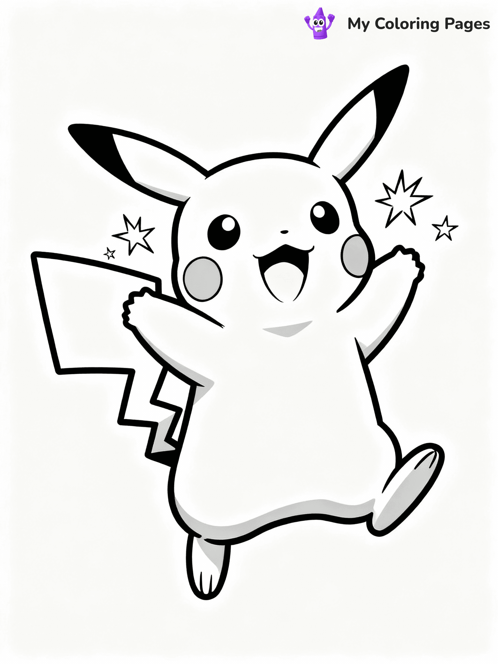 ⚠️ CRITICAL REQUIREMENT - ABSOLUTE BLACK AND WHITE ONLY ⚠️
This MUST be a BLACK AND WHITE line drawing ONLY. NO COLORS whatsoever.
- ONLY pure black lines (#000000) on pure white background (#FFFFFF)
- ABSOLUTELY NO colors, NO shading, NO gradients, NO grayscale
- If there are ANY colors in the output, the image is REJECTED
- This is a COLORING PAGE - meant to be COLORED IN by children
- The output must be UNCOLORED line art ready for coloring
⚠️ SUBJECT TO DRAW: Pikachu from Pokémon jumping with joy, sparks flying from cheeks. Important: PURE OUTLINES. NO FILLS, COLOR, SHADING, OR GREYSCALE. WHITE BACKGROUND.
(REMEMBER: Output must be BLACK AND WHITE line art only, NOT colored!)
# Flat, Friendly Cartoon Line-Art Coloring Page
You are generating a **pure black-and-white binary image** of a child-friendly cartoon scene combining characters and background scenery in one cohesive composition.
## Rendering Rules (Strict)
- Only two colors: pure black (#000000) outlines and pure white (#FFFFFF) background.
- No grayscale, shading, gradients, tints, fills, transparency, or partial pixels.
- No antialiasing or blended edges; every pixel is 100% black or white.
- No solid black fills inside shapes — all areas inside outlines must remain white.
- No dark clothing areas or filled tone blocks; all garments outlined only.
- No shadows, textures, lighting, or tonal variations.
- Must look like flat binary vector line-art for coloring pages.
## Drawing & Composition
- **Medium, consistent line weight**; clean closed outlines easy to color inside.
- **Flat, simple, child-friendly design** — no realism or 3D depth.
- Characters are **grounded on a surface**, centered and large.
- **Balanced composition** with clear silhouettes and minimal props.
## Scenery & Style
- Landmarks (e.g., mosque, CN Tower) and scenery (trees, benches, waves) drawn with **black outlines only.**
- For real-world figures, teams, or places, show accurate details using only black outlines—no text or logos. Use distinctive uniform patterns, abstract symbols, and landmark silhouettes to convey identity.
- Keep **consistent perspective**; no floating elements.
- **Style:** whimsical **Doodle Art Alley** — rounded, friendly outlines.
- May adapt shapes from **Crayola, Disney, Peppa Pig, Cocomelon** — *by shape only, never color.*
- Final output: **flat, crisp, binary (#000000/#FFFFFF)**, **no filled color or background text.**
EXTREMELYE IMPORTANT:
- PURE BINARY LINE-ART; NO FILLS (HAIR/CLOTHES/SKIN), SHADING, OR GREY.
- NO SHADING, COLOR. MUST BE WHITE BACKGROUND.
⚠️ FINAL REMINDER: Draw the subject "Pikachu from Pokémon jumping with joy, sparks flying from cheeks. Important: PURE OUTLINES. NO FILLS, COLOR, SHADING, OR GREYSCALE. WHITE BACKGROUND." as BLACK AND WHITE line art. Zero colors in output.