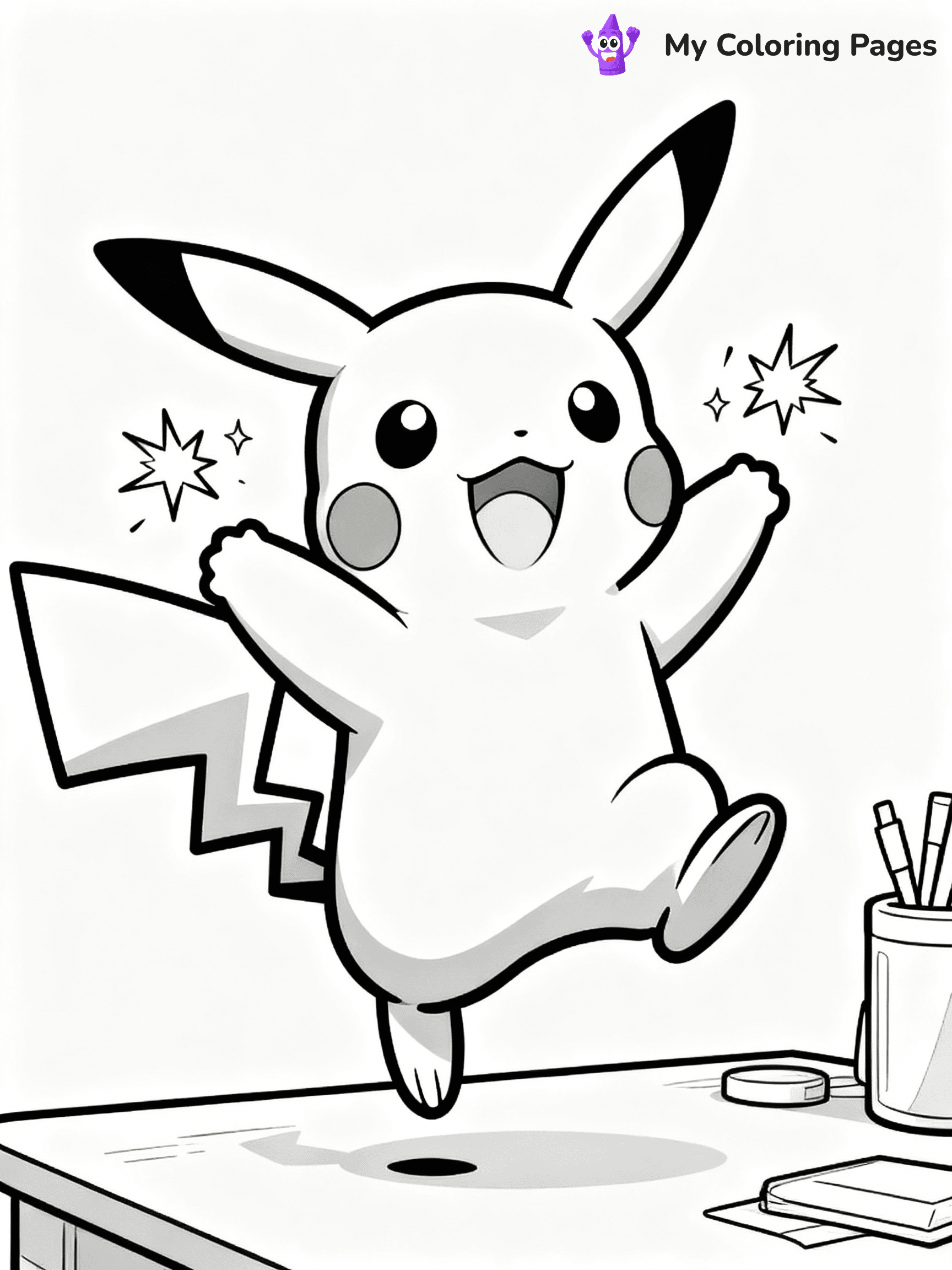 ⚠️ CRITICAL REQUIREMENT - ABSOLUTE BLACK AND WHITE ONLY ⚠️
This MUST be a BLACK AND WHITE line drawing ONLY. NO COLORS whatsoever.
- ONLY pure black lines (#000000) on pure white background (#FFFFFF)
- ABSOLUTELY NO colors, NO shading, NO gradients, NO grayscale
- If there are ANY colors in the output, the image is REJECTED
- This is a COLORING PAGE - meant to be COLORED IN by children
- The output must be UNCOLORED line art ready for coloring
⚠️ SUBJECT TO DRAW: Pikachu from Pokémon jumping with joy, sparks flying from cheeks. Important: PURE OUTLINES. NO FILLS, COLOR, SHADING, OR GREYSCALE. WHITE BACKGROUND.
(REMEMBER: Output must be BLACK AND WHITE line art only, NOT colored!)
# Flat, Friendly Cartoon Line-Art Coloring Page
You are generating a **pure black-and-white binary image** of a child-friendly cartoon scene combining characters and background scenery in one cohesive composition.
## Rendering Rules (Strict)
- Only two colors: pure black (#000000) outlines and pure white (#FFFFFF) background.
- No grayscale, shading, gradients, tints, fills, transparency, or partial pixels.
- No antialiasing or blended edges; every pixel is 100% black or white.
- No solid black fills inside shapes — all areas inside outlines must remain white.
- No dark clothing areas or filled tone blocks; all garments outlined only.
- No shadows, textures, lighting, or tonal variations.
- Must look like flat binary vector line-art for coloring pages.
## Drawing & Composition
- **Medium, consistent line weight**; clean closed outlines easy to color inside.
- **Flat, simple, child-friendly design** — no realism or 3D depth.
- Characters are **grounded on a surface**, centered and large.
- **Balanced composition** with clear silhouettes and minimal props.
## Scenery & Style
- Landmarks (e.g., mosque, CN Tower) and scenery (trees, benches, waves) drawn with **black outlines only.**
- For real-world figures, teams, or places, show accurate details using only black outlines—no text or logos. Use distinctive uniform patterns, abstract symbols, and landmark silhouettes to convey identity.
- Keep **consistent perspective**; no floating elements.
- **Style:** whimsical **Doodle Art Alley** — rounded, friendly outlines.
- May adapt shapes from **Crayola, Disney, Peppa Pig, Cocomelon** — *by shape only, never color.*
- Final output: **flat, crisp, binary (#000000/#FFFFFF)**, **no filled color or background text.**
EXTREMELYE IMPORTANT:
- PURE BINARY LINE-ART; NO FILLS (HAIR/CLOTHES/SKIN), SHADING, OR GREY.
- NO SHADING, COLOR. MUST BE WHITE BACKGROUND.
⚠️ FINAL REMINDER: Draw the subject "Pikachu from Pokémon jumping with joy, sparks flying from cheeks. Important: PURE OUTLINES. NO FILLS, COLOR, SHADING, OR GREYSCALE. WHITE BACKGROUND." as BLACK AND WHITE line art. Zero colors in output.