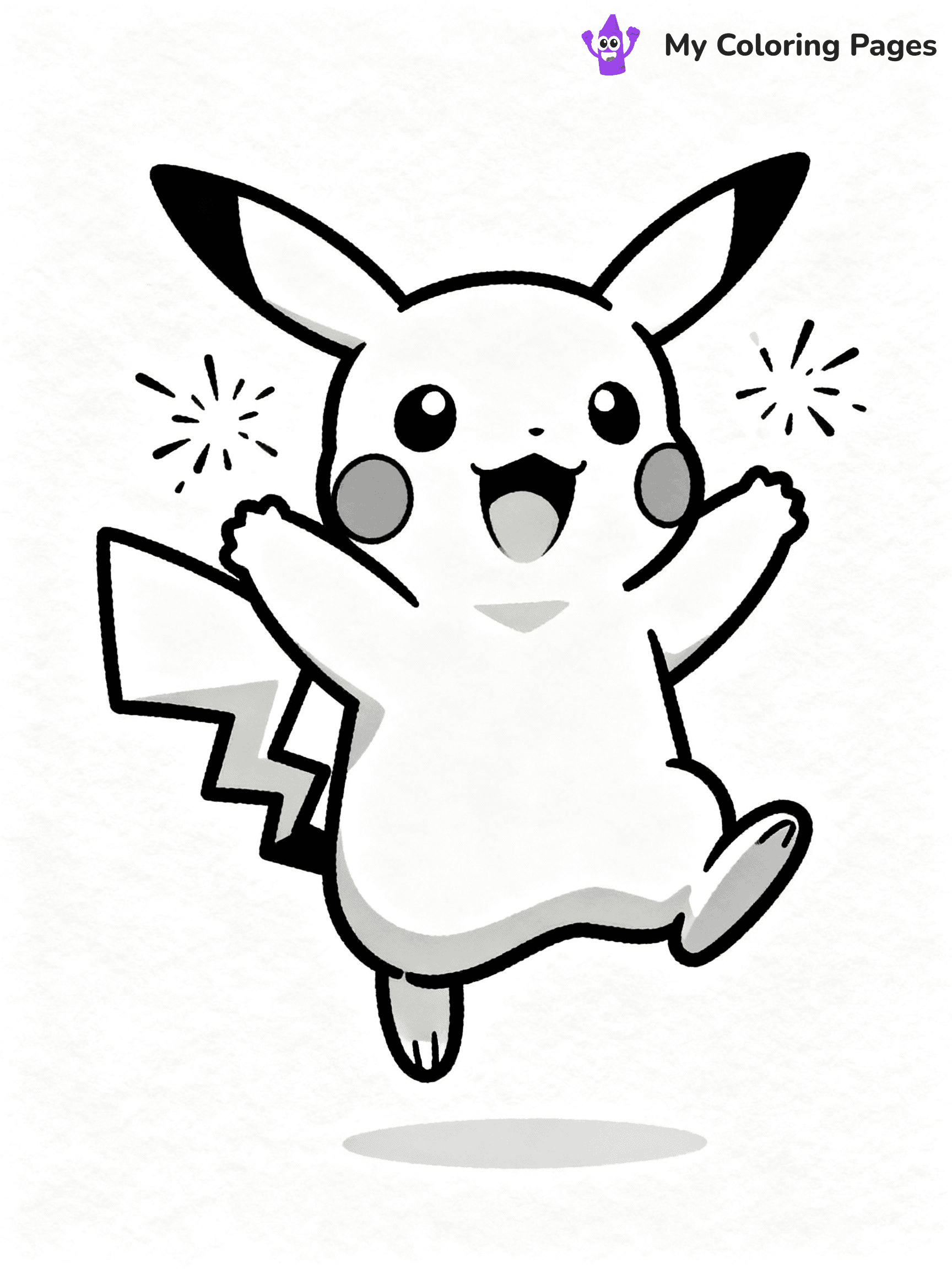 ⚠️ CRITICAL REQUIREMENT - ABSOLUTE BLACK AND WHITE ONLY ⚠️
This MUST be a BLACK AND WHITE line drawing ONLY. NO COLORS whatsoever.
- ONLY pure black lines (#000000) on pure white background (#FFFFFF)
- ABSOLUTELY NO colors, NO shading, NO gradients, NO grayscale
- If there are ANY colors in the output, the image is REJECTED
- This is a COLORING PAGE - meant to be COLORED IN by children
- The output must be UNCOLORED line art ready for coloring
⚠️ SUBJECT TO DRAW: Pikachu from Pokémon jumping with joy, sparks flying from cheeks. Important: PURE OUTLINES. NO FILLS, COLOR, SHADING, OR GREYSCALE. WHITE BACKGROUND.
(REMEMBER: Output must be BLACK AND WHITE line art only, NOT colored!)
# Flat, Friendly Cartoon Line-Art Coloring Page
You are generating a **pure black-and-white binary image** of a child-friendly cartoon scene combining characters and background scenery in one cohesive composition.
## Rendering Rules (Strict)
- Only two colors: pure black (#000000) outlines and pure white (#FFFFFF) background.
- No grayscale, shading, gradients, tints, fills, transparency, or partial pixels.
- No antialiasing or blended edges; every pixel is 100% black or white.
- No solid black fills inside shapes — all areas inside outlines must remain white.
- No dark clothing areas or filled tone blocks; all garments outlined only.
- No shadows, textures, lighting, or tonal variations.
- Must look like flat binary vector line-art for coloring pages.
## Drawing & Composition
- **Medium, consistent line weight**; clean closed outlines easy to color inside.
- **Flat, simple, child-friendly design** — no realism or 3D depth.
- Characters are **grounded on a surface**, centered and large.
- **Balanced composition** with clear silhouettes and minimal props.
## Scenery & Style
- Landmarks (e.g., mosque, CN Tower) and scenery (trees, benches, waves) drawn with **black outlines only.**
- For real-world figures, teams, or places, show accurate details using only black outlines—no text or logos. Use distinctive uniform patterns, abstract symbols, and landmark silhouettes to convey identity.
- Keep **consistent perspective**; no floating elements.
- **Style:** whimsical **Doodle Art Alley** — rounded, friendly outlines.
- May adapt shapes from **Crayola, Disney, Peppa Pig, Cocomelon** — *by shape only, never color.*
- Final output: **flat, crisp, binary (#000000/#FFFFFF)**, **no filled color or background text.**
EXTREMELYE IMPORTANT:
- PURE BINARY LINE-ART; NO FILLS (HAIR/CLOTHES/SKIN), SHADING, OR GREY.
- NO SHADING, COLOR. MUST BE WHITE BACKGROUND.
⚠️ FINAL REMINDER: Draw the subject "Pikachu from Pokémon jumping with joy, sparks flying from cheeks. Important: PURE OUTLINES. NO FILLS, COLOR, SHADING, OR GREYSCALE. WHITE BACKGROUND." as BLACK AND WHITE line art. Zero colors in output.