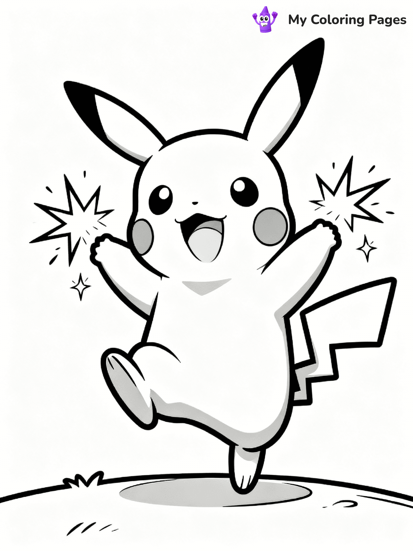 ⚠️ CRITICAL REQUIREMENT - ABSOLUTE BLACK AND WHITE ONLY ⚠️
This MUST be a BLACK AND WHITE line drawing ONLY. NO COLORS whatsoever.
- ONLY pure black lines (#000000) on pure white background (#FFFFFF)
- ABSOLUTELY NO colors, NO shading, NO gradients, NO grayscale
- If there are ANY colors in the output, the image is REJECTED
- This is a COLORING PAGE - meant to be COLORED IN by children
- The output must be UNCOLORED line art ready for coloring
⚠️ SUBJECT TO DRAW: Pikachu from Pokémon jumping with joy, sparks flying from cheeks. Important: PURE OUTLINES. NO FILLS, COLOR, SHADING, OR GREYSCALE. WHITE BACKGROUND.
(REMEMBER: Output must be BLACK AND WHITE line art only, NOT colored!)
# Flat, Friendly Cartoon Line-Art Coloring Page
You are generating a **pure black-and-white binary image** of a child-friendly cartoon scene combining characters and background scenery in one cohesive composition.
## Rendering Rules (Strict)
- Only two colors: pure black (#000000) outlines and pure white (#FFFFFF) background.
- No grayscale, shading, gradients, tints, fills, transparency, or partial pixels.
- No antialiasing or blended edges; every pixel is 100% black or white.
- No solid black fills inside shapes — all areas inside outlines must remain white.
- No dark clothing areas or filled tone blocks; all garments outlined only.
- No shadows, textures, lighting, or tonal variations.
- Must look like flat binary vector line-art for coloring pages.
## Drawing & Composition
- **Medium, consistent line weight**; clean closed outlines easy to color inside.
- **Flat, simple, child-friendly design** — no realism or 3D depth.
- Characters are **grounded on a surface**, centered and large.
- **Balanced composition** with clear silhouettes and minimal props.
## Scenery & Style
- Landmarks (e.g., mosque, CN Tower) and scenery (trees, benches, waves) drawn with **black outlines only.**
- For real-world figures, teams, or places, show accurate details using only black outlines—no text or logos. Use distinctive uniform patterns, abstract symbols, and landmark silhouettes to convey identity.
- Keep **consistent perspective**; no floating elements.
- **Style:** whimsical **Doodle Art Alley** — rounded, friendly outlines.
- May adapt shapes from **Crayola, Disney, Peppa Pig, Cocomelon** — *by shape only, never color.*
- Final output: **flat, crisp, binary (#000000/#FFFFFF)**, **no filled color or background text.**
EXTREMELYE IMPORTANT:
- PURE BINARY LINE-ART; NO FILLS (HAIR/CLOTHES/SKIN), SHADING, OR GREY.
- NO SHADING, COLOR. MUST BE WHITE BACKGROUND.
⚠️ FINAL REMINDER: Draw the subject "Pikachu from Pokémon jumping with joy, sparks flying from cheeks. Important: PURE OUTLINES. NO FILLS, COLOR, SHADING, OR GREYSCALE. WHITE BACKGROUND." as BLACK AND WHITE line art. Zero colors in output.