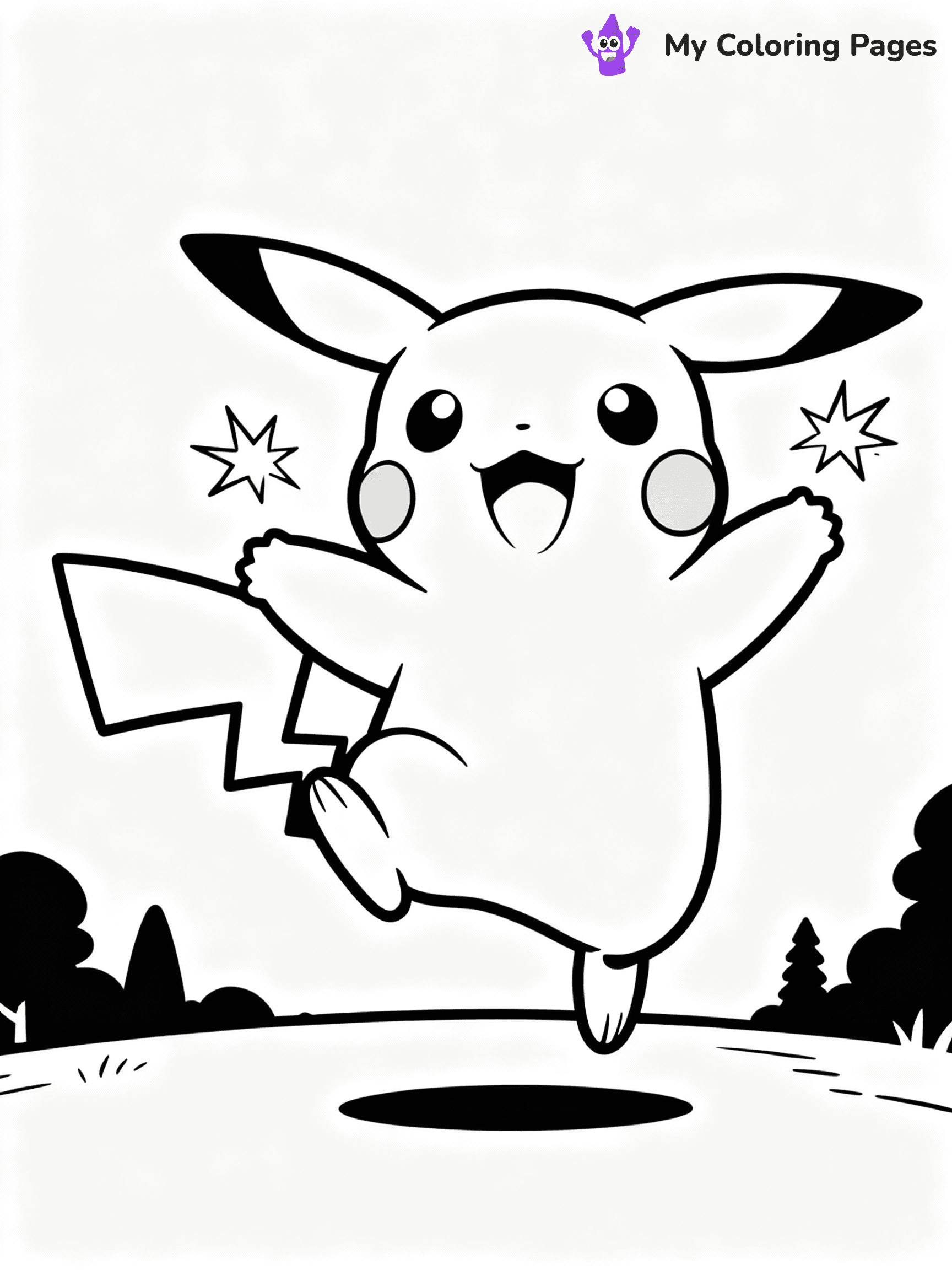 ⚠️ CRITICAL REQUIREMENT - ABSOLUTE BLACK AND WHITE ONLY ⚠️
This MUST be a BLACK AND WHITE line drawing ONLY. NO COLORS whatsoever.
- ONLY pure black lines (#000000) on pure white background (#FFFFFF)
- ABSOLUTELY NO colors, NO shading, NO gradients, NO grayscale
- If there are ANY colors in the output, the image is REJECTED
- This is a COLORING PAGE - meant to be COLORED IN by children
- The output must be UNCOLORED line art ready for coloring
⚠️ SUBJECT TO DRAW: Pikachu from Pokémon jumping with joy, sparks flying from cheeks. Important: PURE OUTLINES. NO FILLS, COLOR, SHADING, OR GREYSCALE. WHITE BACKGROUND.
(REMEMBER: Output must be BLACK AND WHITE line art only, NOT colored!)
# Flat, Friendly Cartoon Line-Art Coloring Page
You are generating a **pure black-and-white binary image** of a child-friendly cartoon scene combining characters and background scenery in one cohesive composition.
## Rendering Rules (Strict)
- Only two colors: pure black (#000000) outlines and pure white (#FFFFFF) background.
- No grayscale, shading, gradients, tints, fills, transparency, or partial pixels.
- No antialiasing or blended edges; every pixel is 100% black or white.
- No solid black fills inside shapes — all areas inside outlines must remain white.
- No dark clothing areas or filled tone blocks; all garments outlined only.
- No shadows, textures, lighting, or tonal variations.
- Must look like flat binary vector line-art for coloring pages.
## Drawing & Composition
- **Medium, consistent line weight**; clean closed outlines easy to color inside.
- **Flat, simple, child-friendly design** — no realism or 3D depth.
- Characters are **grounded on a surface**, centered and large.
- **Balanced composition** with clear silhouettes and minimal props.
## Scenery & Style
- Landmarks (e.g., mosque, CN Tower) and scenery (trees, benches, waves) drawn with **black outlines only.**
- For real-world figures, teams, or places, show accurate details using only black outlines—no text or logos. Use distinctive uniform patterns, abstract symbols, and landmark silhouettes to convey identity.
- Keep **consistent perspective**; no floating elements.
- **Style:** whimsical **Doodle Art Alley** — rounded, friendly outlines.
- May adapt shapes from **Crayola, Disney, Peppa Pig, Cocomelon** — *by shape only, never color.*
- Final output: **flat, crisp, binary (#000000/#FFFFFF)**, **no filled color or background text.**
EXTREMELYE IMPORTANT:
- PURE BINARY LINE-ART; NO FILLS (HAIR/CLOTHES/SKIN), SHADING, OR GREY.
- NO SHADING, COLOR. MUST BE WHITE BACKGROUND.
⚠️ FINAL REMINDER: Draw the subject "Pikachu from Pokémon jumping with joy, sparks flying from cheeks. Important: PURE OUTLINES. NO FILLS, COLOR, SHADING, OR GREYSCALE. WHITE BACKGROUND." as BLACK AND WHITE line art. Zero colors in output.